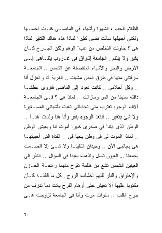 ‫ﺍﻟﻅﻼﻡ ﺍﻟﺤﺏ ، ﺍﻟﺸﻬﻭﺓ ﻭﺃﺸﻴﺎﺀ ﻓﻰ ﺍﻟﻤﺎﻀـﻰ ﻜﻨـﺕ ﺃﺤﺴـﻬﺎ‬
‫ﻭﻟﻜﻨﻰ ﺃﺠﻬﻠﻬﺎ ﺴﺄﻟﺕ ﻨﻔﺴﻰ ﻜﺜﻴﺭﺍ ﻟﻤﺎﺫﺍ ﻫﺫﻩ ﻫﻨﺎﻙ ﺍﻟﻜﺜﻴﺭ ﻟﻤﺎﺫﺍ‬
                            ‫ﹰ‬
‫ﻫﻰ ؟ ﺤﺎﻭﻟﺕ ﺍﻟﺘﺨﻠﺹ ﻤﻥ ﻋﺏﺀ ﺍﻟﻭﻫﻡ ﻭﻟﻜﻥ ﺍﻟﺠـﺭﺡ ﻜـﺎﻥ‬
‫ﻴﻜﺒﺭ ﻭﻻ ﻴﻠﺘﺌﻡ . ﺍﻟﺠﺎﻤﻌﺔ ﺇﺸﺭﺍﻕ ﻓﻰ ﻏـﺭﻭﺏ ﻴﺘﻨـﺎﻫﻰ ﺇﻟـﻰ‬
‫ﺍﻷﺭﺽ ﻭﺍﻟﺒﺤﺭ ﻭﺍﻷﺸﻴﺎﺀ ﺍﻟﻤﻨﻔﺼﻠﺔ ﻋﻥ ﺍﻟﺸﻤﺱ .. ﺍﻟﺠﺎﻤﻌـﺔ‬
‫ﺴﺭﻗﺘﻨﻰ ﻤﻨﻬﺎ ﻓﻰ ﻁﺭﻕ ﺍﻟﻤﺩﻥ ﻤﺸﻴﺕ .. ﺍﻟﻐﺭﺒﺔ ﺃﻨﺎ ﻭﺍﻟﻌﺯل ﺃﻨﺎ‬
‫.. ﻭﻜل ﺃﺤﻼﻤﻰ .. ﻜﺎﻨﺕ ﺘﻌﻭﺩ ﺇﻟﻰ ﺍﻟﻤﺎﻀﻰ ﻓﺘﺭﻭﻯ ﻋﻁﺸـﺎ‬
‫ﹰ‬
‫ﺫﺍﻗﺘﻪ ﺴﻨﻴﻨﺎ ﻤﻥ ﺍﻟﻤﺭ ﻭﻤﺎﺯﺍﻟﺕ .. ﻟﻤﺎﺫ ﻫﻰ ؟ ﻓـﻰ ﺍﻟﺠﺎﻤﻌـﺔ‬
                                          ‫ﹰ‬
‫ﺁﻻﻑ ﺍﻟﻭﺠﻭﻩ ﺘﻘﺘﺭﺏ ﻤﻨﻰ ﺘﺤﺎﺩﺜﻨﻰ ﺘﻌﺒﺙ ﺒﺄﺸﻴﺎﺌﻰ ﺍﻟﺼـﻐﻴﺭﺓ‬
‫ﻭﻻ ﺸﺊ ﻴﺘﻐﻴﺭ .. ﺘﺒﺘﻌﺩ ﺍﻟﻭﺠﻭﻩ ﻴﻨﻔﺭ ﻭﺃﻨﺎ ﻫﻨﺎ ﻭﻟﺴﺕ ﻫﻨـﺎ ..‬
‫ﺍﻟﻭﻁﻥ ﺍﻟﺫﻯ ﺇﺒﺘﺩﺃ ﻓﻰ ﺼﺩﺭﻯ ﻜﺒﻴﺭﺍ ﺃﻤﻭﺕ ﺃﻨﺎ ﻭﻴﻌﻴﺵ ﺍﻟﻭﻁﻥ‬
                     ‫ﹰ‬
‫.. ﻟﻤﺎﺫﺍ ﺍﻟﻤﻭﺕ ﻟﻰ ﻓﻰ ﻭﻁﻥ ﻴﺤﻴﺎ ﻓﻰ .. ﺍﻟﻔﺘﺎﺓ ﺍﻟﺘﻰ ﺃﺤﺒﺒﺘﻬـﺎ‬
                        ‫‪‬‬
‫ﻫﻰ ﺒﺠﺎﻨﺒﻰ ﺍﻵﻥ .. ﻭﺤﻴﺩﺍﻥ ﺍﻟﺘﻘﻴﻨـﺎ ﻭﻻ ﺸـﺊ ﺇﻻ ﺍﻟﺼـﻤﺕ‬
‫ﻴﺠﻤﻌﻨﺎ .. ﺍﻟﻌﻴﻭﻥ ﺘﺴﺄل ﻭﺘﺫﻫﺏ ﺒﻌﻴﺩﺍ ﻓﻰ ﺍﻟﺴﺅﺍل .. ﺍﻨﻅﺭ ﺇﻟﻰ‬
                      ‫ﹰ‬
‫ﺍﻟﻌﻴﻨﻴﻥ ﺍﻟﺸﻤﺱ ﺘﺸﻊ ﻤﻥ ﻅﻠﻤﺔ ﺘﻔﻭﺡ ﻤﻨﻬﻤﺎ ﺭﺍﺌﺤـﺔ ﺍﻟﺤـﺯﻥ‬
‫ﻭﺍﻹﺤﺘﺭﺍﻕ ﻭﺍﻟﻨﺎﺭ ﺘﻠﺘﻬﻡ ﺃﺨﺸﺎﺏ ﺍﻟﺭﻭﺡ . ﻜل ﻤﺎ ﻗﺎﻟﺘـﻪ ﻜـﺎﻥ‬
‫ﻤﻜﺘﻭﺒﺎ ﻋﻠﻴﻬﺎ ﺃﻻ ﺘﻌﻴﺵ ﺤﺘﻰ ﺃﻭﻫﺎﻡ ﺍﻟﻔﺭﺡ ﺒﺎﺘﺕ ﺩﻤﺎ ﹸﻨﺯﻑ ﻤﻥ‬
      ‫ﹰﺘ‬                                       ‫ﹰ‬
‫ﺠﺭﺡ ﺍﻟﻘﻠﺏ .. ﺴﻨﻭﺍﺕ ﻤﺭﺕ ﻭﺃﻨﺎ ﻓﻰ ﺍﻟﺠﺎﻤﻌﺔ ﺘﺯﻭﺠﺕ ﻫـﻰ‬
    ‫ﹾ‬


‫٠٦‬
 