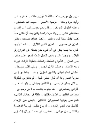 ‫ﻤﻥ ﺭﺠل ﻤﺭﻴﺽ ﻤﺘﻌﺏ ﺃﻜﻠﺘﻪ ﺍﻟﺴﻨﻭﻥ ﻭﻋﺎﺜﺕ ﺒـﻪ ﺨﺭﺍﺒـﺎ ..‬
   ‫ﹰ‬
‫ﺭﺃﻴﺘﻪ ﻤﺭﺓ ﻭﺍﺤﺩﺓ .. ﺒﻭﺠﻬﻪ ﺍﻷﺼﻔﺭ .. ﺒﻌﻴﻨﻴﻪ ﺍﻟﺠـﺎﺤﻅﺘﻴﻥ ،‬
‫ﻭﻋﻨﻘﻪ ﺍﻟﻁﻭﻴل ﺍﻟﻤﺭﺘﺨﻰ .. ﻜﺎﻥ ﻴﻌﻠﻡ ﺒﺤﺒـﻰ ﻟﻬـﺎ .. ﺍﺒﺘﺴـﻡ‬
‫ﺒﺎﻤﺘﻌﺎﺽ ﻗﺎﺘﻠﻰ .. ﺭﺃﻴﺘﻪ ﻤﺭﺓ ﻭﺍﺤﺩﺓ ﻭﻟﻜﻥ ﺒﻌﺩ ﺃﻥ ﻗﺘﻠﻨﻰ ﻤـﺎ‬
‫ﻜﻨﺕ ﻷﻓﻌل ﺸﻴﺌﺎ ﻜﺎﻥ ﺒﺭﻓﻘﺘﻬﺎ .. ﺒﻜﺕ ﻋﻴﻨﺎﻫﺎ ﺒﺼﻤﺕ ﻭﺍﻨﻔﺠﺭ‬
                                      ‫ﹰ‬
‫ﺍﻟﺤﺯﻥ ﻓﻰ ﺼﺩﺭﻯ .. ﺍﻟﺤﺯﻥ ﺍﻟﻘﺩﻴﻡ ﻜﺎﻷﺯل .. ﻋﻨﺩﻤﺎ ﻻ ﻴﺠﺩ‬
‫ﺍﻟﻤﺭﺀ ﻤﺎ ﻴﻔﻌﻠﻪ ﻴﻔﻜﺭ ﻓﻰ ﺃﻯ ﺸﻰﺀ ﻜﺎﻥ ﻴﺸﻐﻠﻪ ﻋﻥ ﺍﻟﻔﺭﺍﻍ ﻭﻟﻭ‬
‫ﻗﻠﻴﻼ .. ﺯﻭﺠﻬﺎ ﻤﺎﺕ ﻭﻭﺍﺩﻯ ﺍﻟﻨﺨﻴل ﺍﻟﺭﺙ ﺇﻨﺘﺤﺭ ﻋﻠﻰ ﻀﻔﺘﻰ‬
                                              ‫ﹰ‬
‫ﺒﺤﺭ ﺍﻟﻤﺩﻥ .. ﺍﻷﻤﻭﺍﺝ ﺍﻟﻤﺫﻫﻠﺔ ﻭﺍﻟﻤﺜﻘﻠﺔ ﺒﺨﻁﻴﺌﺔ ﺍﻟﻭﻗﺕ ﻏﻴﺭﺕ‬
‫ﻭﺠﻪ ﺍﻷﺠﺩﺍﺩ ﻭﻏﺴﻠﺕ ﺃﻨﺎﻤل ﺍﻟﺠﺴﺩ .. ﻭﺒﻘﻰ ﺍﻟﻘﻠﺏ ﻤﺘﺴﺨﺎ ..‬
   ‫ﹰ‬
‫ﺃﻋﺎﺩﻨﻰ ﺍﻟﺤﻠﻡ ﻟﻠﺒﻴﺎﺩﺭ ﻭﻟﻠﺸﺠﺭ ﺍﻟﺤﺯﻴﻥ ﺃﺒـﺩﺍ .. ﻴﺨﻁـﻭ ﺇﻟـﻰ‬
              ‫ﹰ‬
‫ﺴﺎﺭﻴﺔ ﺍﻟﺜﻤﺎﺭ ﻭﺃﻨﺎ ﺃﻯ ﺜﻤﺎﺭ ﺃﻤﺸﻰ ﺍﻟﻴﻬﺎ .. ﻟﻡ ﺘﻐﺎﺩﺭﻨﻰ ﺍﻟﻁﻔﻭﻟﺔ‬
‫.. ﺍﻟﻠﻴل ﻴﺴﻜﻥ ﻓﻰ ﺩﻤﻰ ، ﻭﺍﻟﺘﻨﺎﻗﺽ ﻴﻌﻴﺸﻨﻰ .. ﺒﻠﻬـﺎﺀ ﻫـﻰ‬
‫ﺍﻟﺜﻭﺍﻨﻰ ﻭﺘﺤﺘﺠﺯﻨﻰ .. ﻫﻨﺎ ﺒﻴﺘﻬـﺎ ﻴﻨﺘﺼـﺏ ﻓـﻰ ﻭﺠﻬـﻰ ..‬
‫ﺒﻌﻴﺩﹰﻋﻥ ﺍﻟﺘﻔﻜﻴﺭ .. ﺃﻁﺭﻕ ﻨﺎﻓﺫﺘﻬﺎ .. ﻁﻔﻠﺔ ﻓﻰ ﺤﺩﺍﺌﻕ ﺍﻟﻼﺸﻰﺀ‬
                                                  ‫ﺍ‬
‫ﺘﺸﻊ ﻋﻠﻰ ﺒﻌﻴﻨﻴﻬﺎ ﺍﻟﺼﻐﻴﺭﺘﻴﻥ ﺍﻟﺩﺍﻓﺌﺘﻴﻥ ..ﺘﻬﻤﺱ ﻋﺒﺭ ﺍﻟﺯﺠﺎﺝ‬
                                              ‫‪‬‬
‫ﺍﻟﻔﺎﺼل ﺒﻴﻥ ﺍﻟﻌﺩﻡ ﻭﺍﻟﻌﻭﺩﺓ .. ﺍﻟﺯﺠﺎﺝ ﻴﻨﻜﺴﺭ ﻓﻰ ﻟﻐﺔ ﺍﻟﺩﻫﺸـﺔ‬
‫ﻭﺍﻗﺘﻼﻋﻰ ﻤﻥ ﻤﺭﺍﻤﻰ .. ﺃﻤﻀﻰ ﺒﻐﻴﺭ ﺼﻤﺕ ﻭﺒﻜل ﺇﻨﻜﺴﺎﺭﻯ‬


‫١٦‬
 