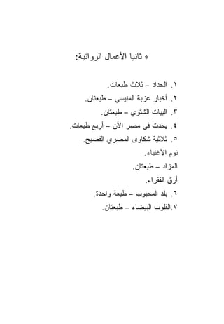 ‫∗ ﺜﺎﻨ ‪‬ﺎ ﺍﻷﻋﻤﺎل ﺍﻟﺭﻭﺍﺌﻴﺔ:‬
                   ‫ﻴ‬

           ‫١. ﺍﻟﺤﺩﺍﺩ – ﺜﻼﺙ ﻁﺒﻌﺎﺕ.‬
    ‫٢. ﺃﺨﺒﺎﺭ ﻋﺯﺒﺔ ﺍﻟﻤﻨﻴﺴﻲ – ﻁﺒﻌﺘﺎﻥ.‬
         ‫٣. ﺍﻟﺒﻴﺎﺕ ﺍﻟﺸﺘﻭﻱ – ﻁﺒﻌﺘﺎﻥ.‬
‫٤. ﻴﺤﺩﺙ ﻓﻲ ﻤﺼﺭ ﺍﻵﻥ – ﺃﺭﺒﻊ ﻁﺒﻌﺎﺕ.‬
    ‫٥. ﺜﻼﺜﻴﺔ ﺸﻜﺎﻭﻯ ﺍﻟﻤﺼﺭﻱ ﺍﻟﻔﺼﻴﺢ.‬
                        ‫ﻨﻭﻡ ﺍﻷﻏﻨﻴﺎﺀ.‬
                    ‫ﺍﻟﻤﺯﺍﺩ – ﻁﺒﻌﺘﺎﻥ.‬
                        ‫ﺃﺭﻕ ﺍﻟﻔﻘﺭﺍﺀ.‬
       ‫٦. ﺒﻠﺩ ﺍﻟﻤﺤﺒﻭﺏ – ﻁﺒﻌﺔ ﻭﺍﺤﺩﺓ.‬
          ‫٧.ﺍﻟﻘﻠﻭﺏ ﺍﻟﺒﻴﻀﺎﺀ – ﻁﺒﻌﺘﺎﻥ.‬
 