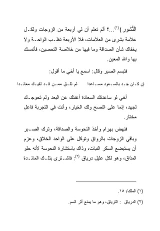 ‫ﺍﻟﻨ ﹸﻭﺭ﴾)١(...؟ ﺃﻟﻡ ﺘﻌﻠﻡ ﺃﻥ ﻟﻲ ﺃﺭﺒﻌﺔ ﻤﻥ ﺍﻟﺯﻭﺠﺎﺕ ﻭﻟﻜـل‬
                                                 ‫ﱡﺸ ‪‬‬
   ‫ﻋﻼﻤﺔ ﺒﺸﺭﻯ ﻤﻥ ﺍﻟﻌﻼﻤﺎﺕ، ﻓﻼ ﺍﻷﺭﺒﻌﺔ ﺘﻐﻠـﺏ ﺍﻟﻭﺍﺤـﺔ ﻭﻻ‬
   ‫ﻴﺨﻔﺎﻙ ﺸﺄﻥ ﺍﻟﺼﺩﺍﻗﺔ ﻭﻤﺎ ﻓﻴﻬﺎ ﻤﻥ ﺨﻼﺼﺔ ﺍﻟﺘﺤﺼﻴﻥ، ﻓﺄﺘﻤﺴﻙ‬
                                               ‫ﺒﻬﺎ ﻭﺍﷲ ﺍﻟﻤﻌﻴﻥ.‬

               ‫ﻓﺘﺒﺴﻡ ﺍﻟ ‪‬ﺒﺭ ﻭﻗﺎل: ﺍﺴﻤﻊ ﻴﺎ ﺃﺨﻲ ﻤﺎ ﺃﻗﻭل:‬
                                            ‫ﺼ‬

‫ﻟﻡ ﺘﻠـﻕ ﻤﻤـﻥ ﻗـﺩ ﻟﻘﻴـﻙ ﻤﻌﺎﻨـﺩﺍ‬
 ‫‪‬‬                                  ‫ﺇﻥ ﻜـﺎﻥ ﺠـﺩ ﺒﺎﻟﺴـﻌﻭﺩ ﻤﺴـﺎﻋﺩﺍ‬
                                     ‫ـ ‪‬‬       ‫ـ‬      ‫ـ‬    ‫ـ‬

   ‫ﺃﺨﻲ ﻟﻭ ﺴﺎﻋﺩﺘﻙ ﺍﻟ ‪‬ﻌﺎﺩﺓ ﺃﻏﻨﺘﻙ ﻋﻥ ﺍﻟﺒﻌﺩ ﻭﻟﻡ ﺘﺤﻭﺠـﻙ‬
                             ‫ﺴ ‪‬ﹾ‬
   ‫ﻟﺠﻬﺩ، ﺇﻨﻤﺎ ﻋﻠﻰ ﺍﻟﻨﺼﺢ ﻭﻟﻙ ﺍﻟﺨﻴﺎﺭ، ﻭﺃﻨﺕ ﻓﻲ ﺍﻟﺘﺠﺭﺒﺔ ﻓﺎﻋل‬
                                          ‫‪‬‬
                                                         ‫ﻤﺨﺘﺎﺭ.‬

   ‫ﻓﻨﻬﺽ ﺒﻬ ‪‬ﺍﻡ ﻭﺃﺨﺫ ﺍﻟﻨ ‪‬ﻭ ‪‬ﺔ ﻭﺍﻟﺼﺩﺍﻗﺔ، ﻭﺘﺭﻙ ﺍﻟ ‪‬ـﺒﺭ‬
      ‫ﺼ‬                    ‫ﹶﺤ ﺴ‬          ‫‪ ‬ﺭ ‪‬‬
   ‫ﻭﺒﺎﻗﻲ ﺍﻟﺯﻭﺠﺎﺕ ﺒﺎﻟﺭﻭﺍﻕ ﻭﺘﻭﻜل ﻋﻠﻰ ﺍﻟﻭﺍﺤﺩ ﺍﻟﺨﻼﻕ، ﻭﻋﺯﻡ‬
   ‫ﺃﻥ ﻴﺴﺘﺒﻀﻊ ﺍﻟﺴﻜﺭ ﺍﻟﻨﺒﺎﺕ، ﻭﺫﺍﻙ ﺒﺎﺴﺘﺸﺎﺭﺓ ﺍﻟﻨ ‪‬ﻭ ‪‬ﺔ ﻷﻨﻪ ﺤﻠﻭ‬
            ‫ﹶﺤ ﺴ‬
   ‫ﺍﻟﻤﺫﺍﻕ، ﻭﻫﻭ ﻟﻜل ﻋﻠﻴل ﺩﺭﻴﺎﻕ )٢(: ﻓﺎﺸـﺘﺭﻯ ﺒﺘﻠـﻙ ﺍﻟﻤﺎﺌـﺩﺓ‬




                                                     ‫)١( ﺍﻟﻤﻠﻙ/ ٥١.‬

                         ‫)٢( ﺍﻟﺩﺭﻴﺎﻕ : ﺍﻟﺘﺭﻴﺎﻕ، ﻭﻫﻭ ﻤﺎ ﻴﻤﻨﻊ ﺃﺜﺭ ﺍﻟﺴﻡ.‬
 