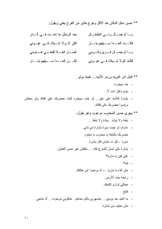 ‫** ﺤﺴﻥ ﺩﺨل ﺍﻟﺩﻜﺎﻥ ﺨﺩ ﺍﻷﻜل ﻭﺨﺭﺝ ﻁﺎﻴﺭ ﻤﻥ ﺍﻟﻔﺭﺡ ﻴﻐﻨﻲ ﻭﻴﻘﻭل:‬

     ‫ﺒﻌﺩ ﺍﻟﺭﺠﺎل ﻤﺎ ﻨﺎﻤـﺕ ﻓـﻲ ﺍﻟـﺩﺍﺭ‬           ‫ـﺎل‬
                                                ‫ـﺎ ﺃﻡ ـﺎل ـﻲ ﺍﻟﺨﻠﺨـ‬
                                                        ‫ﺠﻤـ ﺭﻨـ‬   ‫ﻴـ‬

     ‫ﻟﻜﻥ ﺍﻟـﻭﻻ ﺸـﻴﻼﻩ ﻓـﻲ ﻋﻴـﻭﻨﻲ‬               ‫ـﺩﺍ ـﻴﻔﻬﻡ ـﺎﺭ‬
                                                 ‫ﺒﺘـ‬   ‫ـﺕ ﺍﻟﻌـ ﺴـ‬‫ﻗﺎﻟـ‬

     ‫ـﻲ ـﺩﻭﻤﻲ‬
         ‫ـل ـﻼ ﻗﻠﻌﻨـ ﻫـ‬
                   ‫ﺃﺼـ ﺍﻟﻐـ‬                   ‫ـﺎ ﺃﻡ ـﺎل ـﺯﻯ ـﻭﻤﻲ‬
                                                 ‫ﻭﻗـ‬ ‫ﺠﻤـ ﻓـ‬    ‫ﻴـ‬

     ‫ﻟﻜــﻥ ﺍﻟﻌــﺩﺍ ﺴــﻴﻔﻬﻡ ﺒﺘــﺎﺭ‬             ‫ﻗﺎﻟﺕ ﺍﻟﻭﻻ ﺸـﻴﻼﻩ ﻓـﻲ ﻋﻴـﻭﻨﻲ‬


                                      ‫** ﻗﺎﺒل ﺸﺭ ﺍﻟﺒﺭﻴﻪ ﻭﺭﻤﺯ ﺍﻷﺫﻴﻪ... ﻁﺒﻌﺎ ﺒﻭﻟﻭ.‬
                                                                 ‫- ﺨﺩ ﺴﻴﺠﺎﺭﺓ.‬
                                                            ‫- ﺒﺸﺎﺭﺓ ﻗﺎل ﺍﻨﺕ ﻷ.‬
‫- ﺒﺸﺎﺭﺓ ﻜﻼﻤﻪ ﻋﻠﻰ ﺤﻕ... ﻟﻭ ﺨﺕ ﺴﻴﺠﺎﺭﻩ ﻜﻨﺕ ﺤﻀﺭﺒﻙ ﻋﻠﻰ ﻗﻔﺎﻙ ﻭﻟﻭ ﻤﺨﺘﺵ‬
                                                   ‫ﺒﺭﻀﻭﺍ ﺤﻀﺭﺒﻙ ﻋﻠﻰ ﻗﻔﺎﻙ.‬

                                     ‫** ﻴﺠﺭﻱ ﺤﺴﻥ ﺍﻟﻤﺠﺩﻭﺏ ﻤﺭﻋﻭﺏ ﻭﻫﻭ ﻴﻘﻭل:‬
                                               ‫- ﺒﻠﻐﺔ ﻭﻻ ﺒﻴﺎﺩﺓ.. ﺒﻴﺎﺩﺓ ﻭﻻ ﺒﻠﻐﺔ...‬
                                          ‫- ﻋﺎﺭﻑ ﻟﻭ ﺠﺒﺕ ﺴﻴﺭﺓ ﺒﺸﺎﺭﺓ ﺩﻱ ﺘﺎﻨﻲ.‬
                                           ‫ﺤﻀﺭﺒﻙ ﺒﺎﻟﺒﻠﻐﺔ ﻴﺎ ﻤﺠﺩﻭﺏ ﻴﺎ ﻤﻌﺘﻭﻩ.‬
                                              ‫ﻤﺎﺭﻴﺎ – ﻜل ﺩﻩ ﻋﺸﺎﻥ ﻗﺎل ﺒﺸﺎﺭﺓ.‬
                       ‫- ﺒﺸﺎﺭﺓ ﻋﻠﻰ ﻟﺴﺎﻥ ﺍﻟﺸﺎﺭﻉ ﻜﻠﻪ.... ﻤﻠﻘﺘﺵ ﻏﻴﺭ ﺤﺴﻥ ﺍﻟﻐﻠﺒﺎﻥ.‬
                                                            ‫- ﻋﻠﻰ ﻓﻴﻥ ﻴﺎ ﻤﺎﺭﻴﺎ؟‬
                                                                         ‫- ﻟﻴﻪ؟‬
                                     ‫- ﻤﺵ ﻜﺩﻩ ﻴﺎ ﻤﺎﺭﻴﺎ.. ﺩ ﺍﻨﺎ ﺒﺭﻀﻭﺍ ﺍﺒﻥ ﺨﺎﻟﺘﻙ.‬
                                                           ‫- ﺭﺍﻴﺤﻪ ﺒﻴﺕ ﺍﻷﺭﻤﻥ.‬
                                                         ‫- ﻤﻌﺎﻜﻲ ﻟﻭﺍﺯﻡ ﺍﻟﻜﺤﻙ.‬
                                                                        ‫- ﻓﺎﻟﺢ.‬
        ‫- ﻤﺎ ﺍﻟﻌﻴﺩ ﺒﻌﺩ ﻴﻭﻤﻴﻥ... ﺤﺘﺴﻬﺭﻱ ﺒﺎﻟﻴل ﻤﻌﺎﻫﻡ.. ﺤﺘﻜﻭﻨﻲ ﻤﻭﺠﻭﺩﻩ... ﺃﻨﺎ ﺤﺎﺠﻲ.‬
                                                        ‫- ﻤﺵ ﺨﺎﻴﻑ ﻤﻥ ﺒﺸﺎﺭﺓ.‬


‫٠١‬
 