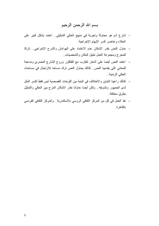 ‫ﺒﺴﻡ ﺍﷲ ﺍﻟﺭﺤﻤﻥ ﺍﻟﺭﺤﻴﻡ‬

‫- ﺸﺎﺭﻉ ﺁﺩﻡ ﻫﻭ ﻤﺤﺎﻭﻟﺔ ﻭﺘﺠﺭﺒﺔ ﻓﻲ ﻤﻨﻬﺞ ﺍﻟﺤﻜﻲ ﺍﻟﺘﻤﺜﻴﻠﻲ.. ﺍﻋﺘﻤﺩ ﺒﺸﻜل ﻜﺒﻴﺭ ﻋﻠﻰ‬
                                        ‫ﺍﻟﺤﻜﺎﺀ ﻭﻋﻨﺎﺼﺭ ﻜﺴﺭ ﺍﻹﻴﻬﺎﻡ ﺍﻹﺨﺭﺍﺠﻴﺔ.‬
‫- ﺤﺎﻭل ﺍﻟﻨﺹ ﺒﻘﺩﺭ ﺍﻹﻤﻜﺎﻥ ﻋﺩﻡ ﺍﻻﻋﺘﻤﺎﺩ ﻋﻠﻰ ﺍﻟﻬﻭﺍﻤﺵ ﻭﺍﻟﺸﺭﺡ ﺍﻹﺨﺭﺍﺠﻲ.. ﺘﺎﺭﻜﺎ‬
                            ‫ﻟﻠﻤﺨﺭﺝ ﻭﻤﺠﻤﻭﻋﺔ ﺍﻟﻌﻤل ﺘﺨﻴل ﺍﻟﻤﻜﺎﻥ ﻭﺍﻟﺸﺨﺼﻴﺎﺕ..‬
‫- ﺍﻋﺘﻤﺩ ﺍﻟﻨﺹ ﺃﻴﻀﺎ ﻋﻠﻰ ﺃﺸﻌﺎﺭ ﺘﺘﻘﺎﺭﺏ ﻤﻊ ﺍﻟﻔﻠﻜﻠﻭﺭ ﻭﺭﻭﺡ ﺍﻟﺸﺎﺭﻉ ﺍﻟﻤﺼﺭﻱ ﻭﻤﺩﻋﻤﺔ‬
‫ﻟﻠﻤﻌﺎﻨﻲ ﺍﻟﺘﻲ ﻴﻘﺩﻤﻬﺎ ﺍﻟﻨﺹ.. ﻜﺫﻟﻙ ﻴﺤﺎﻭل ﺍﻟﻨﺹ ﺘﺭﻙ ﻤﺴﺎﺤﻪ ﻟﻼﺭﺘﺠﺎل ﻓﻲ ﻤﺴﺎﺤﺎﺕ‬
                                                             ‫ﺍﻟﺤﻜﻲ ﺍﻟﺯﻤﻨﻴﺔ..‬
‫- ﻜﺫﻟﻙ ﺭﺍﻋﻴﻨﺎ ﺍﻟﺘﺒﺎﻴﻥ ﻭﺍﻻﺨﺘﻼﻑ ﻓﻲ ﺍﻟﺒﻨﻴﺔ ﺒﻴﻥ ﺍﻟﻠﻭﺤﺎﺕ ﺍﻟﻘﺼﺼﻴﺔ ﻟﻴﺱ ﻓﻘﻁ ﻟﻜﺴﺭ ﺍﻟﻤﻠل‬
‫ﻟﺩﻯ ﺍﻟﺠﻤﻬﻭﺭ ﻭﺘﺸﻭﻴﻘﻪ.. ﻭﻟﻜﻥ ﺃﻴ ‪‬ﺎ ﺤﺎﻭﻟﻨﺎ ﺒﻘﺩﺭ ﺍﻹﻤﻜﺎﻥ ﺍﻟﻤﺯﺝ ﺒﻴﻥ ﺍﻟﺤﻜﻲ ﻭﺍﻟﺘﻤﺜﻴل‬
                                             ‫ﻀ‬
                                                               ‫ﺒﻁﺭﻕ ﻤﺨﺘﻠﻔﺔ.‬
‫- ﻨﻔﺫ ﺍﻟﻌﻤل ﻓﻲ ﻜل ﻤﻥ ﺍﻟﻤﺭﻜﺯ ﺍﻟﺜﻘﺎﻓﻲ ﺍﻟﺭﻭﺴﻲ ﺒﺎﻹﺴﻜﻨﺩﺭﻴﺔ.. ﻭﺍﻟﻤﺭﻜﺯ ﺍﻟﺜﻘﺎﻓﻲ ﺍﻟﻔﺭﻨﺴﻲ‬
                                                                    ‫ﺒﺎﻟﻘﺎﻫﺭﺓ.‬




‫٤‬
 