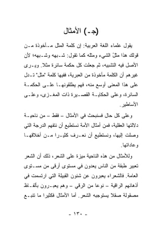 ‫)ﺠـ( ﺍﻷﻤﺜﺎل‬
‫ﻴﻘﻭل ﻋﻠﻤﺎﺀ ﺍﻟﻠﻐﺔ ﺍﻟﻌﺭﺒﻴﺔ: ﺇﻥ ﻜﻠﻤﺔ ﺍﻟﻤ ﹶل ﻤـﺄﺨﻭﺫﺓ ﻤـﻥ‬
             ‫‪‬ﺜ‬
‫ﻗﻭﻟﻙ ﻫﺫﺍ ﻤﺜل ﺍﻟﺸﻲﺀ ﻭﻤﺜﻠﻪ ﻜﻤﺎ ﺘﻘﻭل: ﺸـﺒﻬﻪ ﻭﺸـﺒﻬﻪ؛ ﻷﻥ‬
                                       ‫ُ‬
‫ﺍﻷﺼل ﻓﻴﻪ ﺍﻟﺘﺸﺒﻴﻪ، ﺜﻡ ﺠﻌﻠﺕ ﻜل ﺤﻜﻤﺔ ﺴﺎﺌﺭﺓ ﻤﺜﻼ. ﻭﻴـﺭﻯ‬
       ‫ﹰ‬
‫ﻏﻴﺭﻫﻡ ﺃﻥ ﺍﻟﻜﻠﻤﺔ ﻤﺄﺨﻭﺫﺓ ﻤﻥ ﺍﻟﻌﺒﺭﻴﺔ، ﻓﻔﻴﻬﺎ ﻜﻠﻤﺔ "ﻤﺜل" ﺘـﺩل‬
‫ﻋﻠﻰ ﻫﺫﺍ ﺍﻟﻤﻌﻨﻰ ﺃﻭﺴﻊ ﻤﻨﻪ، ﻓﻬﻡ ﻴﻁﻠﻘﻭﻨﻬـﺎ ﻋﻠـﻰ ﺍﻟﺤﻜﻤـﺔ‬
‫ﺍﻟﺴﺎﺌﺭﺓ، ﻭﻋﻠﻰ ﺍﻟﺤﻜﺎﻴـﺔ ﺍﻟﻘﺼـﻴﺭﺓ ﺫﺍﺕ ﺍﻟﻤﻐـﺯﻯ، ﻭﻋﻠـﻰ‬
                                                ‫ﺍﻷﺴﺎﻁﻴﺭ.‬
‫ﻭﻋﻠﻰ ﻜل ﺤﺎل ﻓﺴﻨﺒﺤﺙ ﻓﻲ ﺍﻷﻤﺜﺎل – ﻓﻘﻁ – ﻤﻥ ﻨﺎﺤﻴـﺔ‬
‫ﺩﻻﻟﺘﻬﺎ ﺍﻟﻌﻘﻠﻴﺔ، ﻓﻤﻥ ﺃﻤﺜﺎل ﺍﻷﻤﺔ ﻨﺴﺘﻁﻴﻊ ﺃﻥ ﻨﺘﻔﻬﻡ ﺍﻟﺩﺭﺠﺔ ﺍﻟﺘﻲ‬
‫ﻭﺼﻠﺕ ﺇﻟﻴﻬﺎ، ﻭﻨﺴﺘﻁﻴﻊ ﺃﻥ ﻨﻌـﺭﻑ ﻜﺜﻴـﺭﺍ ﻤـﻥ ﺃﺨﻼﻗﻬـﺎ‬
             ‫‪‬‬
                                                 ‫ﻭﻋﺎﺩﺍﺘﻬﺎ.‬
‫ﻭﻟﻸﻤﺜﺎل ﻤﻥ ﻫﺫﻩ ﺍﻟﻨﺎﺤﻴﺔ ﻤﻴﺯﺓ ﻋﻠﻰ ﺍﻟﺸﻌﺭ، ﺫﻟﻙ ﺃﻥ ﺍﻟﺸﻌﺭ‬
                        ‫ﹲ‬
‫ﺘﻌﺒﻴﺭ ﻁﺒﻘﺔ ﻤﻥ ﺍﻟﻨﺎﺱ ﻴﻌﺩﻭﻥ ﻓﻲ ﻤﺴﺘﻭﻯ ﺃﺭﻗﻰ ﻤﻥ ﻤﺴـﺘﻭﻯ‬
‫ﺍﻟﻌﺎﻤﺔ. ﻓﺎﻟﺸﻌﺭﺍﺀ ﻴﻌﺒﺭﻭﻥ ﻋﻥ ﺸﺌﻭﻥ ﺍﻟﻘﺒﻴﻠﺔ ﺍﻟﺘﻲ ﺍﺭﺘﺴﻤﺕ ﻓﻲ‬
‫ﺃﺫﻫﺎﻨﻬﻡ ﺍﻟﺭﺍﻗﻴﺔ – ﻨﻭﻋﺎ ﻤﻥ ﺍﻟﺭﻗﻲ – ﻭﻫﻡ ﻴﻌﺒـﺭﻭﻥ ﺒﺄﻟﻔـﺎﻅ‬
                                ‫‪‬‬
‫ﻤﺼﻘﻭﻟﺔ ﺼﻘﻼ ﻴﺴﺘﻭﺠﺒﻪ ﺍﻟﺸﻌﺭ. ﺃﻤﺎ ﺍﻷﻤﺜﺎل ﻓﻜﺜﻴﺭﺍ ﻤﺎ ﺘﻨﺒـﻊ‬
          ‫‪‬‬                               ‫ﹰ‬


                      ‫- ٠٣١ -‬
 