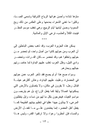 ‫ﻤﺎﺅﻫﺎ ﺸﺘﺎﺀ؛ ﻭﺃﺤﺴﻥ ﻫﻭﺍﺌﻬﺎ ﺍﻟﺭﻴﺎﺡ ﺍﻟﺸﺭﻗﻴﺔ ﻭﺘﺴﻤﻰ ﺍﻟ ‪‬ـ ‪‬ﺎ،‬
  ‫ﺼ ﺒ‬
‫ﻭﻜﺜﻴﺭﺍ ﻤﺎ ﺘﻐﻨﻲ ﺍﻟﺸﻌﺭﺍﺀ ﺒﻤﺩﺤﻬﺎ ﻭﻋﻠﻰ ﺍﻟﻌﻜﺱ ﻤﻥ ﺫﻟﻙ ﺭﻴﺢ‬
                                              ‫‪‬‬
‫ﺍﻟ ‪‬ﻤﻭﻡ؛ ﻭﺤﺴﻥ ﺃﻴﺎﻤﻬﺎ ﺃﻴﺎﻡ ﺍﻟﺭﺒﻴﻊ، ﻭﻫﻲ ﺘﻌﻘﺏ ﻤﻭﺴﻡ ﺍﻟﻤﻁـﺭ‬
                                                  ‫ﺴ‬
               ‫ﻓﻴﻨﺒﺕ ﺍﻟﻜﻸ ﻭﺍﻟﻌﺸﹾﺏ، ﺘﺭﻋﻰ ﺍﻹﺒل ﻭﺍﻟﻤﺎﺸﻴﺔ.‬
                        ‫***‬
‫ﻴﺴﻜﻥ ﻫﺫﻩ ﺍﻟﺠﺯﻴﺭﺓ ﺍﻟﻌﺭ ‪ ،‬ﻭﻗﺩ ﺫﻫﺏ ﺒﻌﺽ ﺍﻟﺒﺎﺤﺜﻴﻥ ﺇﻟﻰ‬
                          ‫ﺏ‬
‫ﺃﻥ ﺍﻟﻌﺭﺏ ﻭﻤﻥ ﺤﻭﻟﻬﻡ ﻜﺎﻨﻭﺍ ﻤﻥ ﺃﺼل ﻭﺍﺤﺩ، ﺜﻡ ﺘﺤﻀﺭ ﻤـﻥ‬
‫ﺤﻭﻟﻬﻡ ﻭﺘﺨﻠﻔﻭﺍ ﻫﻡ، ﻭﻗﺩ ﺘﺤﻀﺭ ﺴـﻜﺎﻥ ﺍﻟﻔـﺭﺍﺕ، ﻭﺘﺤﻀـﺭ‬
‫ﻭﺍﺩﻱ ﺍﻟﻨﻴل، ﻭﻅل ﺍﻟﻌﺭﺏ ﺘﻐﻠﺏ ﻋﻠﻴﻬﻡ ﺍﻟﺒﺩﺍﻭﺓ ﻟ ‪‬ﺎ ﺤﺎﺼـﺭﺘﻬﻡ‬
          ‫ﹶﻤ‬
                                        ‫ﺠﺒﺎﻟﻬﻡ ﻭﺒﺤﺎﺭﻫﻡ.‬
‫ﻭﺴﻭﺍﺀ ﺼﺢ ﻫﺫﺍ ﺃﻡ ﻟﻡ ﻴﺼﺢ ﻓﻘﺩ ﺘﺄﺨﺭ ﺍﻟﻌﺭﺏ ﻋﻤﻥ ﺤﻭﻟﻬﻡ‬
‫ﻓﻲ ﺍﻟﺤﻀﺎﺭﺓ، ﻭﻏﻠﺒﺕ ﻋﻠﻴﻬﻡ ﺍﻟﺒﺩﺍﻭﺓ، ﻭﻋﺎﺵ ﺃﻜﺜﺭﻫﻡ ﻋﻴﺸـﺔ‬
‫ﻗﺒﺎﺌل ﺭ ‪‬ل، ﻻ ﻴ ﹶﺭﻭﻥ ﻓﻲ ﻤﻜﺎﻥ، ﻭﻻ ﻴﺘﺼﻠﻭﻥ ﺒﺎﻷﺭﺽ ﺍﻟﺘﻲ‬
                                 ‫‪‬ﻘ‬      ‫‪‬ﺤ‬
‫ﻴﺴﻜﻨﻭﻨﻬﺎ ﺍﺘﺼﺎﻻ ﻭﺜﻴﻘﺎ ﻜﻤﺎ ﻴﻔﻌل ﺍﻟﺯﺭﺍﻉ، ﺒل ﻫﻡ ﻴﺘﺭﺒﺼـﻭﻥ‬
                                 ‫ﹰ ﹰ‬
‫ﻤﻭﺍﺴﻡ ﺍﻟﻐﻴﺙ، ﻓﻴﺨﺭﺠﻭﻥ ﺒﻜل ﻤﺎ ﻟﻬﻡ ﻤﻥ ﻨﺴﺎﺀ، ﻭﺇﺒل ﻴﺘﻁﻠﺒﻭﻥ‬
‫ﺍﻟﻤﺭﻋﻰ، ﻻ ﻴﺒﺫﻟﻭﻥ ﺠﻬﺩﺍ ﻋﻘﻠﻴﺎ ﻓﻲ ﺘﻨﻅﻴﻡ ﺒﻴﺌﺘﻬﻡ ﺍﻟﻁﺒﻴﻌﺔ ﻜﻤـﺎ‬
                              ‫‪‬‬     ‫‪‬‬
‫ﻴﻔﻌل ﺃﻫل ﺍﻟﺤﻀﺭ، ﺇﻨﻤﺎ ﻴﻌﺘﻤﺩﻭﻥ ﻋﻠـﻰ ﻤـﺎ ﺘﻔﻌـل ﺍﻷﺭﺽ‬
‫ﻭﺍﻟﻤﺴﺎﺀ ﻓﺈﻥ ﺃﻤﻁﺭﻭﺍ ﺭﻋﻭﺍ، ﻭﺇﻻ ﺍﺭﺘﻘﺒﻭﺍ ﺍﻟﻘﺩﺭ، ﻭﻟﻴﺱ ﻫـﺫﺍ‬

                      ‫- ٣١ -‬
 