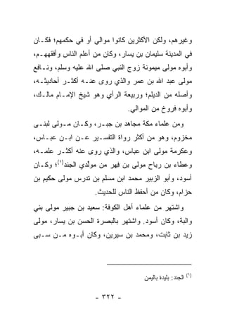 ‫ﻭﻏﻴﺭﻫﻡ، ﻭﻟﻜﻥ ﺍﻷﻜﺜﺭﻴﻥ ﻜﺎﻨﻭﺍ ﻤﻭﺍﻟﻲ ﺃﻭ ﻓﻲ ﺤﻜﻤﻬﻡ؛ ﻓﻜـﺎﻥ‬
‫ﻓﻲ ﺍﻟﻤﺩﻴﻨﺔ ﺴﻠﻴﻤﺎﻥ ﺒﻥ ﻴﺴﺎﺭ، ﻭﻜﺎﻥ ﻤﻥ ﺃﻋﻠﻡ ﺍﻟﻨﺎﺱ ﻭﺃﻓﻘﻬﻬـﻡ،‬
‫ﻭﺃﺒﻭﻩ ﻤﻭﻟﻰ ﻤﻴﻤﻭﻨﺔ ﺯﻭﺝ ﺍﻟﻨﺒﻲ ﺼﻠﻰ ﺍﷲ ﻋﻠﻴﻪ ﻭﺴﻠﻡ، ﻭﻨـﺎﻓﻊ‬
‫ﻤﻭﻟﻰ ﻋﺒﺩ ﺍﷲ ﺒﻥ ﻋﻤﺭ ﻭﺍﻟﺫﻱ ﺭﻭﻯ ﻋﻨـﻪ ﺃﻜﺜـﺭ ﺃﺤﺎﺩﻴﺜـﻪ،‬
‫ﻭﺃﺼﻠﻪ ﻤﻥ ﺍﻟﺩﻴﻠﻡ؛ ﻭﺭﺒﻴﻌﺔ ﺍﻟﺭﺃﻱ ﻭﻫﻭ ﺸﻴﺦ ﺍﻹﻤـﺎﻡ ﻤﺎﻟـﻙ،‬
                                ‫ﻭﺃﺒﻭﻩ ﻓﺭﻭﺥ ﻤﻥ ﺍﻟﻤﻭﺍﻟﻲ.‬
‫ﻭﻤﻥ ﻋﻠﻤﺎﺀ ﻤﻜﺔ ﻤﺠﺎﻫﺩ ﺒﻥ ﺠﺒـﺭ، ﻭﻜـﺎﻥ ﻤـﻭﻟﻰ ﻟﺒﻨـﻰ‬
‫ﻤﺨﺯﻭﻡ، ﻭﻫﻭ ﻤﻥ ﺃﻜﺜﺭ ﺭﻭﺍﺓ ﺍﻟﺘﻔﺴـﻴﺭ ﻋـﻥ ﺍﺒـﻥ ﻋﺒـﺎﺱ،‬
‫ﻭﻋﻜﺭﻤﺔ ﻤﻭﻟﻰ ﺍﺒﻥ ﻋﺒﺎﺱ، ﻭﺍﻟﺫﻱ ﺭﻭﻯ ﻋﻨﻪ ﺃﻜﺜـﺭ ﻋﻠﻤـﻪ،‬
‫ﻭﻋﻁﺎﺀ ﺒﻥ ﺭﺒﺎﺡ ﻤﻭﻟﻰ ﺒﻥ ﻓﻬ‪‬ﺭ ﻤﻥ ﻤﻭﱢﺩﻱ ﺍﻟﺠﻨﺩ)١(؛ ﻭﻜـﺎﻥ‬
                  ‫ﻟ‬         ‫ِ‬
‫ﺃﺴﻭﺩ، ﻭﺃﺒﻭ ﺍﻟﺯﺒﻴﺭ ﻤﺤﻤﺩ ﺍﺒﻥ ﻤﺴﻠﻡ ﺒﻥ ﺘﺩﺭﺱ ﻤﻭﻟﻰ ﺤﻜﻴﻡ ﺒﻥ‬
                     ‫ﺤﺯﺍﻡ، ﻭﻜﺎﻥ ﻤﻥ ﺃﺤﻔﻅ ﺍﻟﻨﺎﺱ ﻟﻠﺤﺩﻴﺙ.‬
‫ﻭﺍﺸﺘﻬﺭ ﻤﻥ ﻋﻠﻤﺎﺀ ﺃﻫل ﺍﻟﻜﻭﻓﺔ: ﺴﻌﻴﺩ ﺒﻥ ﺠﺒﻴﺭ ﻤﻭﻟﻰ ﺒﻨﻲ‬
‫ﻭﺍﻟﺒﺔ، ﻭﻜﺎﻥ ﺃﺴﻭﺩ. ﻭﺍﺸﺘﻬﺭ ﺒﺎﻟﺒﺼﺭﺓ ﺍﻟﺤﺴﻥ ﺒﻥ ﻴﺴﺎﺭ، ﻤﻭﻟﻰ‬
‫ﺯﻴﺩ ﺒﻥ ﺜﺎﺒﺕ، ﻭﻤﺤﻤﺩ ﺒﻥ ﺴﻴﺭﻴﻥ، ﻭﻜﺎﻥ ﺃﺒـﻭﻩ ﻤـﻥ ﺴـﺒﻰ‬



                                                            ‫)١(‬
                                      ‫ﺍﻟﺠﻨﺩ: ﺒﻠﻴﺩﺓ ﺒﺎﻟﻴﻤﻥ‬

                     ‫- ٢٢٣ -‬
 