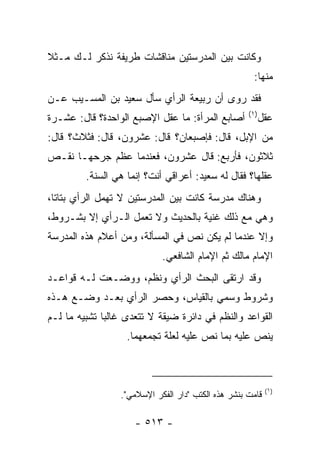 ‫ﻭﻜﺎﻨﺕ ﺒﻴﻥ ﺍﻟﻤﺩﺭﺴﺘﻴﻥ ﻤﻨﺎﻗﺸﺎﺕ ﻁﺭﻴﻔﺔ ﻨﺫﻜﺭ ﻟـﻙ ﻤـﺜﻼ‬
‫ﹰ‬
                                                     ‫ﻤﻨﻬﺎ:‬
‫ﻓﻘﺩ ﺭﻭﻯ ﺃﻥ ﺭﺒﻴﻌﺔ ﺍﻟﺭﺃﻱ ﺴﺄل ﺴﻌﻴﺩ ﺒﻥ ﺍﻟﻤﺴـﻴﺏ ﻋـﻥ‬
                                                    ‫)١(‬
‫ﺃﺼﺎﺒﻊ ﺍﻟﻤﺭﺃﺓ: ﻤﺎ ﻋﻘل ﺍﻹﺼﺒﻊ ﺍﻟﻭﺍﺤﺩﺓ؟ ﻗﺎل: ﻋﺸـﺭﺓ‬            ‫ﻋﻘل‬
‫ﻤﻥ ﺍﻹﺒل، ﻗﺎل: ﻓﺈﺼﺒﻌﺎﻥ؟ ﻗﺎل: ﻋﺸﺭﻭﻥ، ﻗﺎل: ﻓﺜﻼﺙ؟ ﻗﺎل:‬
‫ﺜﻼﺜﻭﻥ، ﻓﺄﺭﺒﻊ: ﻗﺎل ﻋﺸﺭﻭﻥ، ﻓﻌﻨﺩﻤﺎ ﻋﻅﻡ ﺠﺭﺤﻬـﺎ ﻨﻘـﺹ‬
         ‫ﻋﻘﻠﻬﺎ؟ ﻓﻘﺎل ﻟﻪ ﺴﻌﻴﺩ: ﺃﻋﺭﺍﻗﻲ ﺃﻨﺕ؟ ﺇﻨﻤﺎ ﻫﻲ ﺍﻟﺴﻨﺔ.‬
‫ﻭﻫﻨﺎﻙ ﻤﺩﺭﺴﺔ ﻜﺎﻨﺕ ﺒﻴﻥ ﺍﻟﻤﺩﺭﺴﺘﻴﻥ ﻻ ﺘﻬﻤل ﺍﻟﺭﺃﻱ ﺒﺘﺎﺘﺎ،‬
  ‫ﹰ‬
‫ﻭﻫﻲ ﻤﻊ ﺫﻟﻙ ﻏﻨﻴﺔ ﺒﺎﻟﺤﺩﻴﺙ ﻭﻻ ﺘﻌﻤل ﺍﻟـﺭﺃﻱ ﺇﻻ ﺒﺸـﺭﻭﻁ،‬
‫ﻭﺇﻻ ﻋﻨﺩﻤﺎ ﻟﻡ ﻴﻜﻥ ﻨﺹ ﻓﻲ ﺍﻟﻤﺴﺄﻟﺔ، ﻭﻤﻥ ﺃﻋﻼﻡ ﻫﺫﻩ ﺍﻟﻤﺩﺭﺴﺔ‬
                            ‫ﺍﻹﻤﺎﻡ ﻤﺎﻟﻙ ﺜﻡ ﺍﻹﻤﺎﻡ ﺍﻟﺸﺎﻓﻌﻲ.‬
‫ﻭﻗﺩ ﺍﺭﺘﻘﻰ ﺍﻟﺒﺤﺙ ﺍﻟﺭﺃﻱ ﻭﻨﻅﻡ، ﻭﻭﻀـﻌﺕ ﻟـﻪ ﻗﻭﺍﻋـﺩ‬
‫ﻭﺸﺭﻭﻁ ﻭﺴﻤﻲ ﺒﺎﻟﻘﻴﺎﺱ، ﻭﺤﺼﺭ ﺍﻟﺭﺃﻱ ﺒﻌـﺩ ﻭﻀـﻊ ﻫـﺫﻩ‬
‫ﺍﻟﻘﻭﺍﻋﺩ ﻭﺍﻟﻨﻅﻡ ﻓﻲ ﺩﺍﺌﺭﺓ ﻀﻴﻘﺔ ﻻ ﺘﺘﻌﺩﻯ ﻏﺎﻟﺒﺎ ﺘﺸﺒﻴﻪ ﻤﺎ ﻟـﻡ‬
              ‫‪‬‬
                   ‫ﻴﻨﺹ ﻋﻠﻴﻪ ﺒﻤﺎ ﻨﺹ ﻋﻠﻴﻪ ﻟﻌﻠﺔ ﺘﺠﻤﻌﻬﻤﺎ.‬



                                                           ‫)١(‬
                 ‫ﻗﺎﻤﺕ ﺒﻨﺸﺭ ﻫﺫﻩ ﺍﻟﻜﺘﺏ "ﺩﺍﺭ ﺍﻟﻔﻜﺭ ﺍﻹﺴﻼﻤﻲ".‬

                     ‫- ٣١٥ -‬
 