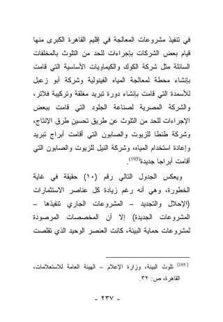 ‫ﻓﻲ ﺘﻨﻔﻴﺫ ﻤﺸﺭﻭﻋﺎﺕ ﺍﻟﻤﻌﺎﻟﺠﺔ ﻓﻲ ﺇﻗﻠﻴﻡ ﺍﻟﻘﺎﻫﺭﺓ ﺍﻟﻜﺒﺭﻯ ﻤﻨﻬﺎ‬
‫ﻗﻴﺎﻡ ﺒﻌﺽ ﺍﻟﺸﺭﻜﺎﺕ ﺒﺈﺠﺭﺍﺀﺍﺕ ﻟﻠﺤﺩ ﻤﻥ ﺍﻟﺘﻠﻭﺙ ﺒﺎﻟﻤﺨﻠﻔﺎﺕ‬
‫ﺍﻟﺴﺎﺌﻠﺔ ﻤﺜل ﺸﺭﻜﺔ ﺍﻟﻜﻭﻙ ﻭﺍﻟﻜﻴﻤﺎﻭﻴﺎﺕ ﺍﻷﺴﺎﺴﻴﺔ ﺍﻟﺘﻲ ﻗﺎﻤﺕ‬
‫ﺒﺈﻨﺸﺎﺀ ﻤﺤﻁﺔ ﻟﻤﻌﺎﻟﺠﺔ ﺍﻟﻤﻴﺎﻩ ﺍﻟﻔﻴﻨﻭﻟﻴﺔ ﻭﺸﺭﻜﺔ ﺃﺒﻭ ﺯﻋﺒل‬
‫ﻟﻸﺴﻤﺩﺓ ﺍﻟﺘﻲ ﻗﺎﻤﺕ ﺒﺈﻨﺸﺎﺀ ﺩﻭﺭﺓ ﺘﺒﺭﻴﺩ ﻤﻐﻠﻘﺔ ﻭﺘﺭﻜﻴﺒﺔ ﻓﻼﺘﺭ،‬
‫ﻭﺍﻟﺸﺭﻜﺔ ﺍﻟﻤﺼﺭﻴﺔ ﻟﺼﻨﺎﻋﺔ ﺍﻟﺠﻠﻭﺩ ﺍﻟﺘﻲ ﻗﺎﻤﺕ ﺒﺒﻌﺽ‬
‫ﺍﻹﺠﺭﺍﺀﺍﺕ ﻟﻠﺤﺩ ﻤﻥ ﺍﻟﺘﻠﻭﺙ ﻋﻥ ﻁﺭﻴﻕ ﺘﺤﺴﻴﻥ ﻁﺭﻕ ﺍﻹﻨﺘﺎﺝ،‬
‫ﻭﺸﺭﻜﺔ ﻁﻨﻁﺎ ﻟﻠﺯﻴﻭﺕ ﻭﺍﻟﺼﺎﺒﻭﻥ ﺍﻟﺘﻲ ﺃﻗﺎﻤﺕ ﺃﺒﺭﺍﺝ ﺘﺒﺭﻴﺩ‬
‫ﻭﺇﻋﺎﺩﺓ ﺍﺴﺘﺨﺩﺍﻡ ﺍﻟﻤﻴﺎﻩ، ﻭﺸﺭﻜﺔ ﺍﻟﻨﻴل ﻟﻠﺯﻴﻭﺕ ﻭﺍﻟﺼﺎﺒﻭﻥ ﺍﻟﺘﻲ‬
                                  ‫ﺃﻗﺎﻤﺕ ﺃﺒﺭﺍﺠﺎ ﺠﺩﻴﺩﺓ)591(.‬
                                               ‫‪‬‬
‫ﻭﻴﻌﻜﺱ ﺍﻟﺠﺩﻭل ﺍﻟﺘﺎﻟﻲ ﺭﻗﻡ )٠١( ﺤﻘﻴﻘﺔ ﻓﻲ ﻏﺎﻴﺔ‬
‫ﺍﻟﺨﻁﻭﺭﺓ، ﻭﻫﻲ ﺃﻨﻪ ﺭﻏﻡ ﺯﻴﺎﺩﺓ ﻜل ﻋﻨﺎﺼﺭ ﺍﻻﺴﺘﺜﻤﺎﺭﺍﺕ‬
‫)ﺍﻹﺤﻼل ﻭﺍﻟﺘﺠﺩﻴﺩ – ﺍﻟﻤﺸﺭﻭﻋﺎﺕ ﺍﻟﺠﺎﺭﻱ ﺘﻨﻔﻴﺫﻫﺎ –‬
‫ﺍﻟﻤﺸﺭﻭﻋﺎﺕ ﺍﻟﺠﺩﻴﺩﺓ( ﺇﻻ ﺃﻥ ﺍﻟﻤﺨﺼﺼﺎﺕ ﺍﻟﻤﺭﺼﻭﺩﺓ‬
‫ﻟﻤﺸﺭﻭﻋﺎﺕ ﺤﻤﺎﻴﺔ ﺍﻟﺒﻴﺌﺔ، ﻜﺎﻨﺕ ﺍﻟﻌﻨﺼﺭ ﺍﻟﻭﺤﻴﺩ ﺍﻟﺫﻱ ﺘﻘﻠﺼﺕ‬


                                                      ‫) 591(‬
‫ﺘﻠﻭﺙ ﺍﻟﺒﻴﺌﺔ، ﻭﺯﺍﺭﺓ ﺍﻹﻋﻼﻡ – ﺍﻟﻬﻴﺌﺔ ﺍﻟﻌﺎﻤﺔ ﻟﻼﺴﺘﻌﻼﻤﺎﺕ،‬
                                      ‫ﺍﻟﻘﺎﻫﺭﺓ، ﺹ: ٢٣.‬

                      ‫- ٧٣٢ -‬
 