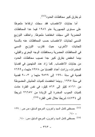 ‫ﺜﻡ ﺒﻔﺎﺭﻕ ﻜﺒﻴﺭ ﻤﺤﺎﻓﻅﺎﺕ ﺍﻟﺤﺩﻭﺩ)313(.‬
‫ﺃﻤﺎ ﺠﻨﺎﻴﺎﺕ ﺍﻻﻏﺘﺼﺎﺏ ﻓﻘﺩ ﺴﺠﻠﺕ ﺍﺭﺘﻔﺎﻋﺎ ﻤﻠﺤﻭﻅﺎ‬
 ‫ﹰ‬      ‫‪‬‬                               ‫‪‬‬
‫ﻋﻠﻰ ﻤﺴﺘﻭﻯ ﺍﻟﺠﻤﻬﻭﺭﻴﺔ ﻋﺎﻡ ٦٨٩١ ﻓﻴﻤﺎ ﻋﺩﺍ ﺍﻟﻤﺤﺎﻓﻅﺎﺕ‬
‫ﺍﻟﺤﻀﺭﻴﺔ ﺍﻟﺘﻲ ﺴﺠﻠﺕ ﺍﻨﺨﻔﺎﻀﺎ ﻤﻠﺤﻭﻅﺎ. ﻭﺍﺨﺘﻠﻑ ﺍﻟﺘﻭﺯﻴﻊ‬
                 ‫ﹰ‬      ‫‪‬‬
‫ﺍﻟﻨﺴﺒﻲ ﻟﺠﻨﺎﻴﺎﺕ ﺍﻻﻏﺘﺼﺎﺏ ﺤﺴﺏ ﺍﻟﻤﺤﺎﻓﻅﺎﺕ ﻋﻨﻪ ﺒﺎﻟﻨﺴﺒﺔ‬
‫ﺍﻟﻨﺴﺒﻲ‬   ‫ﺍﻟﺘﻭﺯﻴﻊ‬   ‫ﺘﻘﺎﺭﺏ‬    ‫ﺤﻴﺙ‬     ‫ﺍﻷﺨﺭﻯ،‬     ‫ﻟﻠﺠﻨﺎﻴﺎﺕ‬
‫ﻓﻲ ﺍﻟﻤﺤﺎﻓﻅﺎﺕ ﺍﻟﺤﻀﺭﻴﺔ ﻭﻤﺤﺎﻓﻅﺎﺕ ﺍﻟﻭﺠﻪ ﺍﻟﺒﺤﺭﻱ ﻭﺍﻟﻘﺒﻠﻲ،‬
‫ﺒﻴﻨﻤﺎ ﺍﻨﺨﻔﺽ ﺒﻔﺎﺭﻕ ﻜﺒﻴﺭ ﺠﺩﺍ ﻨﺼﻴﺏ ﻤﺤﺎﻓﻅﺎﺕ ﺍﻟﺤﺩﻭﺩ‬
                     ‫‪‬‬
‫ﻤﻥ ﺠﻨﺎﻴﺎﺕ ﺍﻻﻏﺘﺼﺎﺏ. ﻜﻤﺎ ﺯﺍﺩ ﻋﺩﺩ ﺍﻟﻤﺘﻬﻤﻴﻥ ﻓﻲ ﻗﻀﺎﻴﺎ‬
‫ﺍﻟﻤﺨﺩﺭﺍﺕ، ﻭﺯﺍﺩﺕ ﺃﻋﺩﺍﺩ ﺍﻟﻘﻀﺎﻴﺎ ﻤﻥ ٨٧٩٧ ﻤﺘﻬﻤﺎ، ﻭ٩٩٦٧‬
        ‫‪‬‬
‫ﻗﻀﻴﺔ ﻓﻲ ﺴﻨﺔ ٠٩٩١ ﺇﻟﻰ ٩٢٥٩ ﻤﺘﻬﻤﺎ ﻭ ٣٠٠٩ ﻗﻀﻴﺔ‬
             ‫‪‬‬
‫ﻓﻲ ﺴﻨﺔ ٥٩٩١. ﻭﺒﻴﻨﻤﺎ ﺍﻨﺨﻔﻀﺕ ﻜﻤﻴﺎﺕ ﺍﻟﺤﺸﻴﺵ ﺍﻟﻤﻀﺒﻭﻁﺔ‬
‫ﻤﻥ ١٦١٨ ﻜﻴﻠﻭ ﺇﻟﻰ ٢٦٥ ﻜﻴﻠﻭ، ﻓﻲ ﻨﻔﺱ ﺍﻟﻔﺘﺭﺓ ﻋﺎﺩﺕ‬
‫ﻜﻤﻴﺎﺕ ﺍﻟﺤﺒﻭﺏ ﺍﻟﻤﺨﺩﺭﺓ ﺇﻟﻰ ﺍﻟﺯﻴﺎﺩﺓ ﻤﻥ ٧٥٦٦٢ ﺸﺭﻴﻁﺎ‬
 ‫ﹰ‬
               ‫ﺇﻟﻰ ٤٣٧٤٤ ﺸﺭﻴﻁﺎ ﺨﻼل ﻨﻔﺱ ﺍﻟﻔﺘﺭﺓ )413(.‬
                                      ‫ﹰ‬

                                                     ‫)313(‬
‫ﻤﺼﻁﻔﻰ ﻜﺎﻤل ﺍﻟﺴﻴﺩ ﻭﺁﺨﺭﻭﻥ، ﺍﻟﻤﺭﺠﻊ ﺍﻟﺴﺎﺒﻕ، ﺹ ﺹ : ٩٣١‬
                                             ‫– ٠٤١.‬
                                                     ‫)413(‬
   ‫ﻤﺼﻁﻔﻰ ﻜﺎﻤل ﺍﻟﺴﻴﺩ ﻭﺁﺨﺭﻭﻥ، ﺍﻟﻤﺭﺠﻊ ﺍﻟﺴﺎﺒﻕ، ﺹ: ٠٤١.‬

                    ‫- ٣٦٣ -‬
 