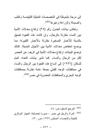 ‫ﺇﻟﻰ ﺩﺭﺠﺔ ﻤﻠﺤﻭﻅﺔ ﻓﻲ ﺍﻟﺘﺨﺼﺼﺎﺕ ﺍﻟﻌﻤﻠﻴﺔ ﻜﺎﻟﻬﻨﺩﺴﺔ ﻭﺍﻟﻁﺏ‬
                         ‫ﻭﺍﻟﺼﻴﺩﻟﺔ ﻭﺍﻟﺯﺭﺍﻋﺔ ﻭﻏﻴﺭﻫﺎ)104(.‬
‫ﻭﺘﻌﻜﺱ ﺒﻴﺎﻨﺎﺕ ﺍﻟﺠﺩﻭل ﺭﻗﻡ )٥٢( ﺍﺭﺘﻔﺎﻉ ﻤﻌﺩﻻﺕ ﺍﻷﻤﻴﺔ‬
‫ﺒﻴﻥ ﺍﻟﻨﺴﺎﺀ ﻤﻘﺎﺭﻨﺔ ﺒﺎﻟﺭﺠﺎل، ﻭﺇﻥ ﻜﺎﻨﺕ ﻫﺫﻩ ﺍﻟﻔﺠﻭﺓ ﺘﻀﻴﻕ‬
‫ﺒﺎﻟﻨﺴﺒﺔ ﻟﻸﻋﻤﺎﺭ ﺍﻟﺼﻐﻴﺭﺓ ﻤﻘﺎﺭﻨﺔ ﺒﺎﻷﻋﻤﺎﺭ ﺍﻟﻜﺒﻴﺭﺓ؛ ﻤﻤﺎ‬
‫ﻴﻭﻀﺢ ﺍﻨﺨﻔﺎﺽ ﻤﻌﺩﻻﺕ ﺍﻷﻤﻴﺔ ﺒﻴﻥ ﺍﻷﺠﻴﺎل ﺍﻟﺤﺩﻴﺜﺔ. ﻜﺫﻟﻙ‬
‫ﺘﻭﻀﺢ ﺍﻟﺒﻴﺎﻨﺎﺕ ﺍﺭﺘﻔﺎﻉ ﻤﻌﺩﻻﺕ ﺍﻷﻤﻴﺔ ﻓﻲ ﺍﻟﺭﻴﻑ ﻋﻥ ﺍﻟﺤﻀﺭ‬
‫ﻟﻜل ﻤﻥ ﺍﻟﺭﺠﺎل ﻭﺍﻟﻨﺴﺎﺀ. ﻜﻤﺎ ﺘﺸﻴﺭ ﺒﻴﺎﻨﺎﺕ ﺍﻟﺘﻌﺩﺍﺩ ﺍﻟﻌﺎﻡ‬
‫ﻟﻠﺴﻜﺎﻥ )٦٩٩١( ﺇﻟﻰ ﺍﺘﺴﺎﻉ ﻫﺫﻩ ﺍﻟﻔﺠﻭﺓ ﺒﻴﻥ ﺍﻟﺭﺠﺎل ﻭﺍﻟﻨﺴﺎﺀ‬
‫ﻓﻲ ﻤﺤﺎﻓﻅﺎﺕ ﺍﻟﻭﺠﻪ ﺍﻟﻘﺒﻠﻲ ﺒﺼﻔﺔ ﻋﺎﻤﺔ ﻤﻘﺎﺭﻨﺔ ﺒﻤﺤﺎﻓﻅﺎﺕ‬
       ‫ﺍﻟﻭﺠﻪ ﺍﻟﺒﺤﺭﻱ ﻭﺍﻟﻤﺤﺎﻓﻅﺎﺕ ﺍﻟﺤﻀﺭﻴﺔ ﻓﻲ ﻤﺼﺭ)204(.‬




                                                      ‫)104(‬
                              ‫ﺍﻟﻤﺭﺠﻊ ﺍﻟﺴﺎﺒﻕ، ﺹ: ٤٤.‬
                                                      ‫)204(‬
‫ﺍﻟﻤﺭﺃﺓ ﻭﺍﻟﺭﺠل ﻓﻲ ﻤﺼﺭ – ﺼﻭﺭﺓ ﺇﺤﺼﺎﺌﻴﺔ، ﺍﻟﺠﻬﺎﺯ ﺍﻟﻤﺭﻜﺯﻱ‬
              ‫ﻟﻠﺘﻌﺒﺌﺔ ﻭﺍﻹﺤﺼﺎﺀ، ﺃﻏﺴﻁﺱ ٩٩٩١، ﺹ : ٣٤.‬

                     ‫- ١٧٤ -‬
 