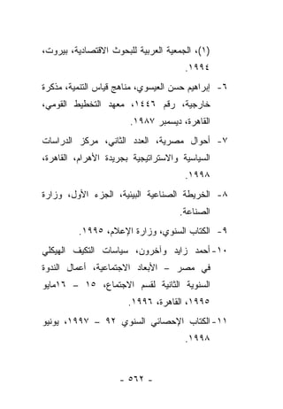 ‫)١(، ﺍﻟﺠﻤﻌﻴﺔ ﺍﻟﻌﺭﺒﻴﺔ ﻟﻠﺒﺤﻭﺙ ﺍﻻﻗﺘﺼﺎﺩﻴﺔ، ﺒﻴﺭﻭﺕ،‬
                                      ‫٤٩٩١.‬
‫٦- ﺇﺒﺭﺍﻫﻴﻡ ﺤﺴﻥ ﺍﻟﻌﻴﺴﻭﻱ، ﻤﻨﺎﻫﺞ ﻗﻴﺎﺱ ﺍﻟﺘﻨﻤﻴﺔ، ﻤﺫﻜﺭﺓ‬
‫ﺨﺎﺭﺠﻴﺔ، ﺭﻗﻡ ٦٤٤١، ﻤﻌﻬﺩ ﺍﻟﺘﺨﻁﻴﻁ ﺍﻟﻘﻭﻤﻲ،‬
                       ‫ﺍﻟﻘﺎﻫﺭﺓ، ﺩﻴﺴﻤﺒﺭ ٧٨٩١.‬
‫٧- ﺃﺤﻭﺍل ﻤﺼﺭﻴﺔ، ﺍﻟﻌﺩﺩ ﺍﻟﺜﺎﻨﻲ، ﻤﺭﻜﺯ ﺍﻟﺩﺭﺍﺴﺎﺕ‬
‫ﺍﻟﺴﻴﺎﺴﻴﺔ ﻭﺍﻻﺴﺘﺭﺍﺘﻴﺠﻴﺔ ﺒﺠﺭﻴﺩﺓ ﺍﻷﻫﺭﺍﻡ، ﺍﻟﻘﺎﻫﺭﺓ،‬
                                      ‫٨٩٩١.‬
‫٨- ﺍﻟﺨﺭﻴﻁﺔ ﺍﻟﺼﻨﺎﻋﻴﺔ ﺍﻟﺒﻴﺌﻴﺔ، ﺍﻟﺠﺯﺀ ﺍﻷﻭل، ﻭﺯﺍﺭﺓ‬
                                    ‫ﺍﻟﺼﻨﺎﻋﺔ.‬
         ‫٩- ﺍﻟﻜﺘﺎﺏ ﺍﻟﺴﻨﻭﻱ، ﻭﺯﺍﺭﺓ ﺍﻹﻋﻼﻡ، ٥٩٩١.‬
‫٠١- ﺃﺤﻤﺩ ﺯﺍﻴﺩ ﻭﺁﺨﺭﻭﻥ، ﺴﻴﺎﺴﺎﺕ ﺍﻟﺘﻜﻴﻑ ﺍﻟﻬﻴﻜﻠﻲ‬
‫ﻓﻲ ﻤﺼﺭ – ﺍﻷﺒﻌﺎﺩ ﺍﻻﺠﺘﻤﺎﻋﻴﺔ، ﺃﻋﻤﺎل ﺍﻟﻨﺩﻭﺓ‬
‫ﺍﻟﺴﻨﻭﻴﺔ ﺍﻟﺜﺎﻨﻴﺔ ﻟﻘﺴﻡ ﺍﻻﺠﺘﻤﺎﻉ، ٥١ – ٦١ﻤﺎﻴﻭ‬
                       ‫٥٩٩١، ﺍﻟﻘﺎﻫﺭﺓ، ٦٩٩١.‬
‫١١- ﺍﻟﻜﺘﺎﺏ ﺍﻹﺤﺼﺎﺌﻲ ﺍﻟﺴﻨﻭﻱ ٢٩ – ٧٩٩١، ﻴﻭﻨﻴﻭ‬
                                      ‫٨٩٩١.‬


                    ‫- ٢٦٥ -‬
 