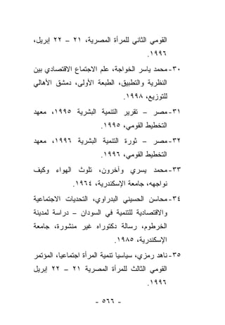 ‫ﺍﻟﻘﻭﻤﻲ ﺍﻟﺜﺎﻨﻲ ﻟﻠﻤﺭﺃﺓ ﺍﻟﻤﺼﺭﻴﺔ، ١٢ – ٢٢ ﺇﺒﺭﻴل،‬
                                        ‫٦٩٩١.‬
‫٠٣- ﻤﺤﻤﺩ ﻴﺎﺴﺭ ﺍﻟﺨﻭﺍﺠﺔ، ﻋﻠﻡ ﺍﻻﺠﺘﻤﺎﻉ ﺍﻻﻗﺘﺼﺎﺩﻱ ﺒﻴﻥ‬
‫ﺍﻟﻨﻅﺭﻴﺔ ﻭﺍﻟﺘﻁﺒﻴﻕ، ﺍﻟﻁﺒﻌﺔ ﺍﻷﻭﻟﻰ، ﺩﻤﺸﻕ ﺍﻷﻫﺎﻟﻲ‬
                               ‫ﻟﻠﺘﻭﺯﻴﻊ، ٨٩٩١.‬
‫١٣- ﻤﺼﺭ – ﺘﻘﺭﻴﺭ ﺍﻟﺘﻨﻤﻴﺔ ﺍﻟﺒﺸﺭﻴﺔ ٥٩٩١، ﻤﻌﻬﺩ‬
                       ‫ﺍﻟﺘﺨﻁﻴﻁ ﺍﻟﻘﻭﻤﻲ، ٥٩٩١.‬
‫٢٣- ﻤﺼﺭ – ﺜﻭﺭﺓ ﺍﻟﺘﻨﻤﻴﺔ ﺍﻟﺒﺸﺭﻴﺔ ٦٩٩١، ﻤﻌﻬﺩ‬
                       ‫ﺍﻟﺘﺨﻁﻴﻁ ﺍﻟﻘﻭﻤﻲ، ٦٩٩١.‬
‫٣٣- ﻤﺤﻤﺩ ﻴﺴﺭﻱ ﻭﺁﺨﺭﻭﻥ، ﺘﻠﻭﺙ ﺍﻟﻬﻭﺍﺀ ﻭﻜﻴﻑ‬
             ‫ﻨﻭﺍﺠﻬﻪ، ﺠﺎﻤﻌﺔ ﺍﻹﺴﻜﻨﺩﺭﻴﺔ، ٤٦٩١.‬
‫٤٣- ﻤﺤﺎﺴﻥ ﺍﻟﺤﺴﻴﻨﻲ ﺍﻟﺒﺩﺭﺍﻭﻱ، ﺍﻟﺘﺤﺩﻴﺎﺕ ﺍﻻﺠﺘﻤﺎﻋﻴﺔ‬
‫ﻭﺍﻻﻗﺘﺼﺎﺩﻴﺔ ﻟﻠﺘﻨﻤﻴﺔ ﻓﻲ ﺍﻟﺴﻭﺩﺍﻥ – ﺩﺭﺍﺴﺔ ﻟﻤﺩﻴﻨﺔ‬
‫ﺍﻟﺨﺭﻁﻭﻡ، ﺭﺴﺎﻟﺔ ﺩﻜﺘﻭﺭﺍﻩ ﻏﻴﺭ ﻤﻨﺸﻭﺭﺓ، ﺠﺎﻤﻌﺔ‬
                            ‫ﺍﻹﺴﻜﻨﺩﺭﻴﺔ، ٥٨٩١.‬
‫٥٣- ﻨﺎﻫﺩ ﺭﻤﺯﻱ، ﺴﻴﺎﺴﻴﺎ ﺘﻨﻤﻴﺔ ﺍﻟﻤﺭﺃﺓ ﺍﺠﺘﻤﺎﻋﻴﺎ، ﺍﻟﻤﺅﺘﻤﺭ‬
          ‫‪‬‬                     ‫‪‬‬
‫ﺍﻟﻘﻭﻤﻲ ﺍﻟﺜﺎﻟﺙ ﻟﻠﻤﺭﺃﺓ ﺍﻟﻤﺼﺭﻴﺔ ١٢ – ٢٢ ﺇﺒﺭﻴل‬
                                        ‫٦٩٩١.‬

                     ‫- ٦٦٥ -‬
 