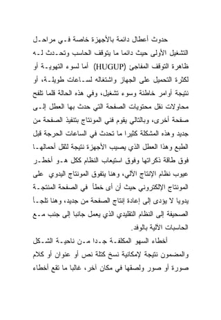 ‫ﺤﺩﻭﺙ ﺃﻋﻁﺎل ﺩﺍﺌﻤﺔ ﺒﺎﻷﺠﻬﺯﺓ ﺨﺎﺼﺔ ﻓـﻲ ﻤﺭﺍﺤـل‬
‫ﺍﻟﺘﺸﻐﻴل ﺍﻷﻭﻟﻰ ﺤﻴﺙ ﺩﺍﺌ ‪‬ﺎ ﻤﺎ ﻴﺘﻭﻗﻑ ﺍﻟﺤﺎﺴﺏ ﻭﺘﺤـﺩﺙ ﻟـﻪ‬
                            ‫ﻤ‬
‫ﻅﺎﻫﺭﺓ ﺍﻟﺘﻭﻗﻑ ﺍﻟﻤﻔﺎﺠﺊ )‪ (HUGUP‬ﺃﻤﺎ ﻟﺴﻭﺀ ﺍﻟﺘﻬﻭﻴـﺔ ﺃﻭ‬
‫ﻟﻜﺜﺭﺓ ﺍﻟﺘﺤﻤﻴل ﻋﻠﻰ ﺍﻟﺠﻬﺎﺯ ﻭﺍﺸﺘﻐﺎﻟﻪ ﻟﺴـﺎﻋﺎﺕ ﻁﻭﻴﻠـﺔ، ﺃﻭ‬
‫ﻨﺘﻴﺠﺔ ﺃﻭﺍﻤﺭ ﺨﺎﻁﺌﺔ ﻭﺴﻭﺀ ﺘﺸﻐﻴل، ﻭﻓﻲ ﻫﺫﻩ ﺍﻟﺤﺎﻟﺔ ﻗﻠﻤﺎ ﺘﻠﻔﺢ‬
‫ﻤﺤﺎﻭ ﹰﺕ ﻨﻘل ﻤﺤﺘﻭﻴﺎﺕ ﺍﻟﺼﻔﺤﺔ ﺍﻟﺘﻲ ﺤﺩﺙ ﺒﻬﺎ ﺍﻟﻌﻁل ﺇﻟـﻰ‬
                                            ‫ﻻ‬
‫ﺼﻔﺤﺔ ﺃﺨﺭﻯ، ﻭﺒﺎﻟﺘﺎﻟﻲ ﻴﻘﻭﻡ ﻓﻨﻲ ﺍﻟﻤﻭﻨﺘﺎﺝ ﺒﺘﻨﻔﻴﺫ ﺍﻟﺼﻔﺤﺔ ﻤﻥ‬
‫ﺠﺩﻴﺩ ﻭﻫﺫﻩ ﺍﻟﻤﺸﻜﻠﺔ ﻜﺜﻴ ‪‬ﺍ ﻤﺎ ﺘﺤﺩﺙ ﻓﻲ ﺍﻟﺴﺎﻋﺎﺕ ﺍﻟﺤﺭﺠﺔ ﻗﺒل‬
                               ‫ﺭ‬
‫ﺍﻟﻁﺒﻊ ﻭﻫﺫﺍ ﺍﻟﻌﻁل ﺍﻟﺫﻱ ﻴﺼﻴﺏ ﺍﻷﺠﻬﺯﺓ ﻨﺘﻴﺠﺔ ﻟﺜﻘل ﺃﺤﻤﺎﻟﻬـﺎ‬
‫ﻓﻭﻕ ﻁﺎﻗﺔ ﺫﻜﺭﺍﺘﻬﺎ ﻭﻓﻭﻕ ﺍﺴﺘﻴﻌﺎﺏ ﺍﻟﻨﻅﺎﻡ ﻜﻜل ﻫـﻭ ﺃﺨﻁـﺭ‬
‫ﻋﻴﻭﺏ ﻨﻅﺎﻡ ﺍﻹﻨﺘﺎﺝ ﺍﻵﻟﻲ، ﻭﻫﻨﺎ ﻴﺘﻔﻭﻕ ﺍﻟﻤﻭﻨﺘﺎﺝ ﺍﻟﻴﺩﻭﻱ ﻋﻠﻰ‬
‫ﺍﻟﻤﻭﻨﺘﺎﺝ ﺍﻹﻟﻜﺘﺭﻭﻨﻲ ﺤﻴﺙ ﺃﻥ ﺃﻯ ﺨﻁﺄ ﻓﻲ ﺍﻟﺼﻔﺤﺔ ﺍﻟﻤﻨﺘﺠـﺔ‬
‫ﻴﺩﻭ ‪‬ﺎ ﻻ ﻴﺅﺩﻯ ﺇﻟﻰ ﺇﻋﺎﺩﺓ ﺇﻨﺘﺎﺝ ﺍﻟﺼﻔﺤﺔ ﻤﻥ ﺠﺩﻴﺩ، ﻭﻫﻨﺎ ﺘﻠﺠـﺄ‬
                                                   ‫ﻴ‬
‫ﺍﻟﺼﺤﻴﻔﺔ ﺇﻟﻰ ﺍﻟﻨﻅﺎﻡ ﺍﻟﺘﻘﻠﻴﺩﻱ ﺍﻟﺫﻱ ﻴﻌﻤل ﺠﺎﻨ ‪‬ﺎ ﺇﻟﻰ ﺠﻨﺏ ﻤـﻊ‬
             ‫ﺒ‬
                                   ‫ﺍﻟﺤﺎﺴﺒﺎﺕ ﺍﻵﻟﻴﺔ ﺒﺎﻟﻭﻓﺩ.‬
‫ﺃﺨﻁﺎﺀ ﺍﻟﺴﻬﻭ ﺍﻟﻤﻜﻠﻔـﺔ ﺠـ ‪‬ﺍ ﻤـﻥ ﻨﺎﺤﻴـﺔ ﺍﻟﺸـﻜل‬
                   ‫ﺩ‬
‫ﻭﺍﻟﻤﻀﻤﻭﻥ ﻨﺘﻴﺠﺔ ﻹﻤﻜﺎﻨﻴﺔ ﻨﺴﺦ ﻜﺘﻠﺔ ﻨﺹ ﺃﻭ ﻋﻨﻭﺍﻥ ﺃﻭ ﻜﻼﻡ‬
‫ﺼﻭﺭﺓ ﺃﻭ ﺼﻭﺭ ﻭﻟﺼﻘﻬﺎ ﻓﻲ ﻤﻜﺎﻥ ﺁﺨﺭ، ﻏﺎﻟ ‪‬ﺎ ﻤﺎ ﺘﻘﻊ ﺃﺨﻁﺎﺀ‬
              ‫ﺒ‬
 