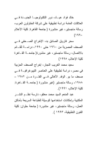 ‫ﺨﺎﻟﺩ ﻓﻭﺍﺩ ﻋﻴـﺎﺩ، ﺩﻭﺭ ﺍﻟﺘﻜﻨﻭﻟﻭﺠﻴـﺎ ﺍﻟﺠﺩﻴـﺩﺓ ﻓـﻲ‬
‫ﺍﻟﻌﻼﻗﺎﺕ ﺍﻟﻌﺎﻤﺔ ﺩﺭﺍﺴﺔ ﺘﻁﺒﻴﻘﻴﺔ ﻋﻠﻰ ﺸﺭﻜﺔ ﺍﻟﻤﻘﺎﻭﻟﻭﻥ ﺍﻟﻌﺭﺏ،‬
‫ﺭﺴﺎﻟﺔ ﻤﺎﺠﺴﺘﻴﺭ، ﻏﻴﺭ ﻤﻨﺸﻭﺭﺓ ) ﺠﺎﻤﻌﺔ ﺍﻟﻘﺎﻫﺭﺓ: ﻜﻠﻴﺔ ﺍﻷﻋﻼﻡ‬
                                                 ‫٠٩٩١(‬
‫ﺴﺤﺭ ﻓﺎﺭﻭﻕ ﺍﻟﺼﺎﺩﻕ ﺒﺩ، ﺍﻹﺨﺭﺍﺝ ﺍﻟﺼـﺤﻔﻲ ﻓـﻲ‬
‫ﺍﻟﺼﺤﻑ ﺍﻟﻤﺼﺭﻴﺔ ﻤﻥ ٠٦٩١ ﺤﺘﻰ ٠٩٩١، ﺩﺭﺍﺴـﺔ ﻟﻠﻘـﺎﺌﻡ‬
‫ﺒﺎﻻﺘﺼﺎل، ﺭﺴﺎﻟﺔ ﻤﺎﺠﺴﺘﻴﺭ، ﻏﻴﺭ ﻤﻨﺸﻭﺭﺓ) ﺠﺎﻤﻌـﺔ ﺍﻟﻘـﺎﻫﺭﺓ‬
                                    ‫ﻜﻠﻴﺔ ﺍﻹﻋﻼﻡ، ٥٩٩١(‬
‫ﺴﻌﻴﺩ ﻤﺤﻤﺩ ﺍﻟﻐﺭﻴﺏ ﺍﻟﻨﺠﺎﺭ، ﺇﺨﺭﺍﺝ ﺍﻟﺼﺤﻑ ﺍﻟﺤﺯﺒﻴﺔ‬
‫ﻓﻲ ﻤﺼﺭ، ﺩﺭﺍﺴﺔ ﺘﻁﺒﻴﻘﻴﺔ ﻋﻠﻰ ﺍﻟﻌﻨﺎﺼﺭ ﺍﻟﺘﻴﺒﻭﻏﺭﺍﻓﻴـﺔ ﻓـﻲ‬
‫ﺼﺤﻑ ﻤﺎ ﻴﻭ. ﺍﻟﻭﻓﺩ. ﺍﻷﻫﺎﻟﻰ ﻓـﻲ ﺍﻟﻔﺘـﺭﺓ ﻤـﻥ ٢٨٩١ –‬
‫٨٨٩١، ﺭﺴﺎﻟﺔ ﻤﺎﺠﺴﺘﻴﺭ )ﻏﻴﺭ ﻤﻨﺸﻭﺭﺓ ) ﺠﺎﻤﻌـﺔ ﺍﻟﻘـﺎﻫﺭﺓ:‬
                                   ‫ﻜﻠﻴﺔ ﺍﻹﻋﻼﻡ، ١٩٩١(.‬
‫ﻋﺒﺩ ﺍﻟﻤﻨﻌﻡ ﺍﻟﺴﻴﺩ ﻤﺤﻤﺩ ﻤﻌﺘﻘﻭ، ﺩﺍﺭﺴﺔ ﻨﻅـﻡ ﺍﻟﻨﺸـﺭ‬
‫ﺍﻟﻤﻜﺘﺒﻴﺔ ﻭﺇﻤﻜﺎﻨﺎﺕ ﺍﺴﺘﺨﺩﺍﻤﻬﺎ ﻜﻭﺴﻴﻠﺔ ﻟﻠﻁﺒﺎﻋﺔ ﺍﻟﺴﺭﻴﻌﺔ ﺒﺄﻤﺎﻜﻥ‬
‫ﺍﻟﻌﻤل، ﺭﺴﺎﻟﺔ ﻤﺎﺠﺴﺘﻴﺭ، ﻏﻴﺭ ﻤﻨﺸﻭﺭﺓ ) ﺠﺎﻤﻌﺔ ﺤﻠﻭﺍﻥ: ﻜﻠﻴﺔ‬
                               ‫ﺍﻟﻔﻨﻭﻥ ﺍﻟﺘﻁﺒﻴﻘﻴﺔ، ٣٩٩١ (.‬
 