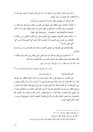 ‫ﻭﻻ ﺒﺩ ﻓﻲ ﺃﺴﻠﻭﺏ ﺍﻟﻨﺩﺒﺔ ﻤﻥ ﺃﻥ ﻴﺫﻜﺭ ﺃﺤـﺩ ﻫـﺫﻴﻥ ﺍﻟﺤـﺭﻓﻴﻥ ﻓـﻼ ﻴﺼـﺢ ﺤﺫﻓـﻪ،‬
        ‫‪‬‬                             ‫‪‬ﹾﹶ‬                       ‫‪‬‬
                                                  ‫ﻭﻻ ﺍﻻﺴﺘﻐﻨﺎﺀ ﻋﻨﻪ ﺒﻌﻭﺽ ﺃﻭ ﻏﻴﺭ ﻋﻭﺽ.‬
                       ‫ﻜﻤﺎ ﺃﻥ ﻜل ﺍﺴﻡ ﻴﺼﻠﺢ ﺃﻥ ﻴﻜﻭﻥ ﻤﻨﺩﻭ ‪‬ﺎ، ﺇﻻ ﻨﻭﻋﻴﻥ ﻤﻥ ﺍﻷﺴﻤﺎﺀ:‬
                                             ‫ﺒ‬
 ‫١- ﺍﻟﻨﻜﺭﺍﺕ ﺍﻟﻌﺎﻤﺔ، ﻭﻫﻲ ﺍﻟﺒﺎﻗﻴﺔ ﻋﻠﻰ ﺃﺼﻠﻬﺎ ﻤﻥ ﺍﻹﺒﻬـﺎﻡ ﻭﺍﻟﺸـﻴﻭﻉ، ﻭﺘﺸـﻤل ﺍﻟﻨﻜـﺭﺓ‬
 ‫ﺍﻟﻤﻘﺼﻭﺩﺓ، ﻭﻫﺫﻩ ﺍﻟﻨﻜﺭﺍﺕ ﻻ ﺘﺼﻠﺢ ﺃﻥ ﺘﻜﻭﻥ ﻤﻨﺩﻭ ‪‬ﺎ ﺇﺫﺍ ﻜﺎﻥ ﻤﺘﻔﺠ ‪‬ﺎ ﻋﻠﻴﻪ، ﺃﻤﺎ ﺇﺫﺍ ﻜﺎﻥ‬
                    ‫ﻌ‬               ‫ﺒ‬
                       ‫ﻤﺘﻭﺠ ‪‬ﺎ ﻤﻨﻪ ﻓﺘﺼﻠﺢ ﻨﺤﻭ: ﻭﺍﻤﺼﻴﺒﺘﺎﻩ... ﻓﻲ ﻤﺼﻴﺒﺔ ﻏﻴﺭ ﻤﻌﻴﻨﺔ.‬
                                                                        ‫‪‬ﻌ‬
 ‫٢- ﻭﺍﻵﺨﺭ ﺒﻌﺽ ﺍﻟﻤﻌﺎﺭﻑ ﻭﻴﻨﺤﺼﺭ ﻓﻲ ﺍﻟﻀﻤﻴﺭ ﻭﻓﻲ ﺍﺴﻡ ﺍﻹﺸﺎﺭﺓ ﺍﻟﺨﺎﻟﻲ ﻤـﻥ ﻋﻼﻤـﺔ‬
 ‫ﺍﻟﺨﻁﺎﺏ ﻤﻥ ﺁﺨﺭﻩ، ﻭﻓﻲ ﺍﻟﻤﻭﺼﻭﻻﺕ ﺍﻟﻤﺒﺩﻭﺀﺓ "ﺒﺄل" ﻭﻓﻲ "ﺃﻱ" ﺍﻟﻤﻭﺼﻭﻟﺔ ﻭﻓـﻲ "ﺃﻱ"‬
                                                               ‫ﺍﻟﺘﻲ ﺘﻜﻭﻥ ﻤﻨﺎﺩﻯ)١(.‬
 ‫ﻭﺤﻜﻡ ﺍﻟﻤﻨﺩﻭﺏ ﻓﻲ ﺍﻟﻌﺭﺒﻴﺔ ﻤﻥ ﻨﺎﺤﻴﺘﻲ ﺍﻹﻋﺭﺍﺏ ﻭﺍﻟﺒﻨﺎﺀ ﻫﻭ ﺤﻜﻡ ﻏﻴـﺭﻩ ﻤـﻥ ﺃﻨـﻭﺍﻉ‬
                                                                                     ‫ﺍﻟﻤﻨﺎﺩﻯ.‬
 ‫٢- ﺃﻤﺎ ﺍﻟﻤﻨﺩﻭﺏ ﻓﻲ ﺍﻟﻔﺎﺭﺴﻴﺔ ﻓﻘﺩ ﻋﺩﻩ ﻨﺠﻡ ﺍﻟﻐﻨﻰ ﺍﻟﻨﻭﻉ ﺍﻟﺜﺎﻤﻥ ﻤﻥ ﺍﻟﻤﻌـﺎﺭﻑ، ﻓﻜﺄﻨـﻪ‬
                                             ‫‪‬‬
                 ‫ﺒﺫﻟﻙ ﻴﺴﻠﻜﻪ ﻀﻤﻥ ﻗﺴﻡ ﻤﻨﻔﺼل ﻋﻥ ﺍﻟﻤﻨﺎﺩﻯ ﻜﻤﺎ ﻴﻭﺭﺩ ﻤﺜﺎﻻ ﻟﻠﻤﻨﺩﻭﺏ ﺠﺎﺀ ﻓﻴﻪ:‬
                                  ‫ﹰ‬
                                     ‫ﻓﻨــﺎﺩﺍﻩ ﺍﺴــﺕ ﺒﺨﻠــﺩ ﺒــﺭﻴﻥ ﻜﻨــﻭﻥ ﺸــﻴﻭﻥ‬
‫)٢(‬
      ‫ـﻥ‬
       ‫ـﻴﻨﺎﻩ ﻭﺍﻱ ﻭﺍﻱ ﺤﺴـ‬
                       ‫ـﻪ ـﺎﻱ ـﺎﻱ ﺤﺴـ‬
                             ‫ﻜـ ﻫـ ﻫـ‬

                                   ‫ﻭ ﻭﺍﻯ ﻭﺍﻯ ﺤﺴﻥ‬                   ‫ﻫﺎﻯ ﻫﺎﻯ ﺤﺴﻴﻨﺎﻩ‬
 ‫ﻫﻲ ﺍﻟﻤﻨﺩﻭﺏ ﻤﻥ ﻭﺠﻬﺔ ﻨﻅﺭﻩ، ﻭﻗﺩ ﺍﺴﺘﺨﺩﻡ ﻨﻭ ‪‬ﺎ ﻤﻥ ﺃﺩﻭﺍﺕ ﺍﻟﻨﺩﺒﺔ ﺘﺨﺘﻠﻑ ﻋﻥ ﺍﻟﻌﺭﺒﻴﺔ‬
                                   ‫ﻋ‬
 ‫ﺸﻴ ًﺎ –ﻤﺎ- ﻓﻘﺩ ﺫﻜﺭﻨﺎ ﺃﻥ ﺃﺩﻭﺍﺕ ﺍﻟﻨﺩﺍﺀ ﻓﻲ ﺍﻟﻌﺭﺒﻴﺔ ﻫﻲ "ﻭﺍ" ﺃﺴﺎ ‪‬ﺎ، ﻭ"ﻴﺎ" ﺇﻥ ﺃﻤﻥ ﺍﻟﻠﺒﺱ ﺒﻴﻨﻬﻤـﺎ‬
                ‫ُِ‬            ‫ﺴ‬                                                        ‫ﺌ‬
 ‫ﻭﺒﻴﻥ ﺍﻟﺘﻲ ﻟﻠﻨﺩﺍﺀ، ﺃﻤﺎ ﺍﻟﺸﺎﻋﺭ ﻓﺫﻜﺭ ﻫﻨﺎ "ﻫﺎﻱ ﻫﺎﻱ" ﻭ"ﻭﺍﻱ ﻭﺍﻱ" ﻭﻫﻲ ﻓﻴﻤﺎ ﺃﻋﺘﻘﺩ ﺃﺩﻭﺍﺕ ﺘﻨﺒﻴـﻪ‬
 ‫ﻭﺘﻭﺠﻊ ﺘﺨﺘﻠﻑ ﻋﻥ ﺤﺭﻭﻑ ﺍﻟﻨﺩﺒﺔ ﻓﻲ ﺍﻟﻌﺭﺒﻴﺔ، ﺃﻤﺎ ﻤﻥ ﻨﺎﺤﻴﺔ ﻜﻭﻥ ﺍﻟﻤﻨﺩﻭﺏ ﻤﻥ ﺍﻟﻤﻌﺎﺭﻑ ﻓﻬـﺫﺍ‬
                                                                             ‫‪‬‬
 ‫ﺃﻤﺭ ﺒﺩﻴﻬﻲ؛ ﻷﻥ ﺍﻟﻤﻨﺩﻭﺏ –ﻜﻤﺎ ﺫﻜﺭﻨﺎ- ﻤﻥ ﻗﺒل ﻴﻘﺘﺼﺭ ﻋﻠـﻰ ﺍﻟﻌﻠـﻡ ﻭﺍﻟﻤﻌـﺭﻑ ﺒﺎﻹﻀـﺎﻓﺔ‬
           ‫‪‬‬
 ‫ﻭﺍﻟﻤﻭﺼﻭل ﻋﻨﺩ ﺒﻌﺽ ﺍﻟﻨﺤﺎﺓ، ﻭﻜل ﻫﺫﻩ ﺍﻷﻨﻭﺍﻉ ﻤﻜﺘﺴﺒﺔ ﺍﻟﺘﻌﺭﻴﻑ ﻷﺴﺒﺎﺏ ﺘﺭﺠﻊ ﻟﻬﺎ ﻓـﻲ ﺤـﺩ‬
                                                                  ‫ﺫﺍﺘﻬﺎ ﻻ ﺇﻟﻰ ﻜﻭﻨﻬﺎ ﻤﻨﺩﻭ ‪‬ﺎ.‬
                                                                    ‫ﺒ‬




                                                                                           ‫)1(‬
                                                       ‫ﺭﺍﺠﻊ ﺍﻟﻨﺤﻭ ﺍﻟﻭﺍﻓﻲ: ﺝ٤ ﺹ ٠٩ – ٣٩.‬
                                                                                           ‫)2(‬
                                                    ‫ﻨﻘﻼ ﻋﻥ ﺍﺴﻡ ﺠﻨﺱ ﻤﻌﺭﻓﺔ ﻭﻨﻜﺭﺓ، ﻭﺘﺭﺠﻤﺘﻪ:‬
                                                                                     ‫ﹰ‬
                      ‫- ﻓﺴﻘﻁ ﻓﻲ ﺍﻟﺨﻠﺩ ﻋﻠﻰ ﻫﺫﺍ ﺍﻟﻨﺤﻭ ﺍﻟﻤﺅﻟﻡ، ﻓﻬﺎﻱ ﻫﺎﻱ ﺤﺴﻴﻨﺎﻩ ﻭﺍﻱ ﻭﺍﻱ ﺤﺴﻥ.‬


 ‫٠٣١‬
 