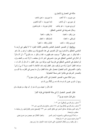 ‫ﻤﺜﺎﻟﻪ ﻓﻲ ﺍﻟﻤﻀﺎﺭﻉ ﺍﻹﺨﺒﺎﺭﻱ:‬
                           ‫ﻤﺎ ﻤﻴﺭﻭﻴﻡ = ﻨﺤﻥ ﻨﺫﻫﺏ‬             ‫ﻤﻥ ﻤﻴﺭﻭﻡ = ﺃﻨﺎ ﺃﺫﻫﺏ‬
                         ‫ﺸﻤﺎ ﻤﻴﺭﻭﻴﺩ = ﺃﻨﺘﻡ ﺘﺫﻫﺒﻭﻥ‬          ‫ﺘﻭ ﻤﻴﺭﻭﻱ = ﺃﻥ ﺘﺫﻫﺏ‬
                        ‫ﺍﻴﺸﺎﻥ ﻤﻴﺭﻭﻨﺩ = ﻫﻡ ﻴﺫﻫﺒﻭﻥ‬       ‫ﺍﻭﺭﻭﻱ ﻤﻴﺭﻭﺩ = ﻫﻭ ﻴﺫﻫﺏ‬
                                               ‫ﻭﻤﺜﺎل ﺘﺼﺭﻴﻔﻪ ﻓﻲ ﺍﻟﻤﺎﻀﻲ ﺍﻟﻤﻁﻠﻕ:‬
                                  ‫ﻤﺎ ﺭﻓﻴﺘﻡ = ﺫﻫﺒﻨﺎ‬               ‫ﻤﻥ ﺭﻓﺘﻡ = ﺫﻫﺒﺕ‬
                                                                 ‫ﹸ‬
                                 ‫ﺸﻤﺎﺭﻓﺘﻴﺩ = ﺫﻫﺒﺘﻡ‬                 ‫ﺘﻭﺭﻓﺘﻲ = ﺫﻫﺒﺕ‬
                                                                  ‫ﹶ‬
                              ‫ﺍﻴﺸﺎﻥ ﺭﻓﺘﻨﺩ = ﺫﻫﺒﻭﺍ‬            ‫ﺍﻭﺭﻭﻱ ﺭﻓﺕ = ﺫﻫﺏ‬
‫ﻭﻴﻼﺤﻅ: ﺃﻥ ﺍﻟﻀﻤﻴﺭ ﺍﻟﻤﺘﺼل ﺍﻟﺨﺎﺹ ﺒﺎﻟﺸﺨﺹ ﺍﻟﺜﺎﻟﺙ ﺍﻟﻤﻔﺭﺩ "ﺩ" ﻻ ﻴﻅﻬﺭ ﻓﻲ ﺃﺯﻤﻨـﺔ‬
                                                                   ‫‪ ‬‬
‫ﺍﻟﻤﺎﻀﻲ ﺍﻟﻤﻁﻠﻕ ﻭﺍﻻﺴﺘﻤﺭﺍﺭﻱ؛ ﻷﻥ ﺍﻟﻀﻤﻴﺭ ﻓﻲ ﻫﺫﻩ ﺍﻟﺼﻴﻎ ﻴﻜـﻭﻥ ﻤﺨﺘﻔ ‪‬ـﺎ ﻭﻏﻴـﺭ ﻅـﺎﻫﺭ‬
              ‫ﻴ‬
‫– ﻜﻤﺎ ﻴﺫﻜﺭ ﺩ. ﺩﺒﻴﺭ ﺴﻴﺎﻗﻲ)١( –ﻭﺴﺒﺏ ﻋﺩﻡ ﻅﻬﻭﺭﻩ- ﻜﻤﺎ ﻴـﺫﻜﺭ ﺩ. ﺨـﺎﻨﻠﺭﻱ)٢(– ﺃﻥ "ﺍﻟـﺩﺍل"‬
‫ﺃﻭ ﺍﻟﺩﺍل ﻓﻲ ﺍﻟﻤﺎﻀﻲ ﺍﻟﻤﻁﻠﻕ ﻫﻲ ﺠﺯﺀ ﺘﺼﺭﻴﻔﻲ ﺁﺨﺭ ﻜـﺎﻥ ﻤﺨﺘ ‪‬ـﺎ ﺃﻭﻻ ﺒﺎﺴـﻡ ﺍﻟﻤﻔﻌـﻭل،‬
                ‫ﹰ‬     ‫ﺼ‬
‫ﺜﻡ ﺍﺴﺘﻌﻤل ﻓﻲ ﺍﻟﻤﺎﻀﻲ ﺍﻟﻤﻁﻠﻕ ﻓﻲ ﻓﺎﺭﺴﻴﺔ ﺍﻟﻴﻭﻡ ﻤﺭﻜ ‪‬ﺎ ﻤﻥ: ﺠﺫﺭ ﺍﻟﻔﻌل + ﺍﻟـﺩﺍل ﺃﻭ ﺍﻟﺘـﺎﺀ +‬
                                    ‫ﺒ‬                                       ‫ﹸ ‪‬ﹸ ‪ِ ‬‬
‫ﻤﺴﺎﻋﺩ ﺍﻟﻔﻌل "ﺍﺴﺘﻥ" ﻭﺃﻨﻪ ﻤﻥ ﺘﺭﻜﻴﺏ ﺠﺫﺭ ﺍﻟﻔﻌل )ﺒﺤـﺫﻑ ﺍﻟﻼﺤﻘـﺔ ﺍﻟﻤﺼـﺩﺭﻴﺔ "ﺘـﻲ" ﻭ"ﺩﻥ"‬
‫ﻭﺍﻟﺠﺯﺀ ﺍﻟﺘﺼﺭﻴﻔﻲ ﻻﺴﻡ ﺍﻟﻤﻔﻌﻭل ﻨﺤﺼل ﻋﻠﻰ ﻤﺎﺩﺓ ﺍﻟﻔﻌل، ﻭﺃﻥ ﻤﺎ ﻴﺴﻤﻰ ﻓﻲ ﺍﻟﻔﺎﺭﺴـﻴﺔ ﺍﻟﻴـﻭﻡ‬
                     ‫‪ ‬‬
                                          ‫ﺒﺎﻟﻤﺼﺩﺭ ﺍﻟﻤﺭﺨﻡ ﻫﻲ ﻅﺎﻫ ‪‬ﺍ ﻨﻔﺱ ﺼﻔﺔ ﺍﻟﻤﻔﻌﻭﻟﻴﺔ.‬
                                                              ‫ﺭ‬         ‫ﱠ‬
                ‫ﻭﻤﻥ ﺃﻤﺜﻠﺔ ﻤﺠﻲﺀ ﺍﻟﻀﻤﻴﺭ ﺍﻟﻤﺘﺼل ﻓﻲ ﺍﻷﺩﺏ ﺍﻟﻔﺎﺭﺴﻲ ﻗﻭل ﻤﻌﺯﻯ)٣(:‬
                                   ‫ﺭﺒﻊ ﺍﺯ ﺩﻟﻡ ﭙﺭ ﺨﻭﻥ ﻜـﻨﻡ ﺨـﺎﻙ ﺩﻤـﻥ ﮔﻠﮕـﻭﻥ ﻜـﻨﻡ‬

‫ـﺘﻥ‬
  ‫ـﻭﻥ ـﻨﻡ ﺍﺯ ﺁﺏ ﭽ ـﻡ ﺨﻭﻴﺸـ‬
         ‫ﺸـ‬          ‫ـﻼل ﺭﺍ ﺠﻴﺤـ ﻜـ‬
                                  ‫ﺍﻁـ‬

                          ‫ﻓﺫﻜﺭ ﺍﻟﻀﻤﻴﺭ ﺍﻟﻤﺘﺼل "ﻡ" ﻓﻲ ﺤﺎﻟﺔ ﺍﻟﻔﺎﻋﻠﻴﺔ ﻓﻲ ﻗﻭﻟﻪ "ﻜﻨﻡ".‬
                                                         ‫ﻭﻓﻲ ﻗﻭل ﻤﻨﻭﭽـﻬﺭﻱ)٤(:‬

                                                                                         ‫)1(‬
                                                     ‫ﺩﺴﺘﻭﺭ ﺯﺒﺎﻥ ﻓﺎﺭﺴﻲ )ﺴﻴﺎﻗﻲ(: ﺹ ٣٠١.‬
                                                                                         ‫)2(‬
                      ‫ﺩﺴﺘﻭﺭ ﺯﺒﺎﻥ ﻓﺎﺭﺴﻲ )ﺨﺎﻨﻠﺭﻱ(: ﺹ ٤٨؛ ﺩﺴﺘﻭﺭ ﺠﺎﻤﻊ ﺯﺒﺎﻥ ﻓﺎﺭﺴﻲ: ﺹ ٥٦.‬
                                                                                         ‫)3(‬
‫ﺭﺸﻴﺩ ﺍﻟﺩﻴﻥ ﻭﻁﻭﺍﻁ: ﺤﺩﺍﺌﻕ ﺍﻟﺴﺤﺭ ﻓﻲ ﺩﻗﺎﺌﻕ ﺍﻟﺸﻌﺭ، ﺹ ٣٣١ )ﺘﺼﺤﻴﺢ ﻋﺒﺎﺱ ﺇﻗﺒﺎل( ﻁﻬـﺭﺍﻥ ﺠﺎﺠﺎﻨـﻪ‬
                                                                       ‫ﻤﺠﻠﺱ، ﻭﺘﺭﺠﻤﺘﻪ:‬
     ‫ﻭﺃﺠﻌل ﺍﻷﻁﻼل ﻨﻬﺭ ﺠﻴﺤﻭﻥ ﻤﻥ ﺩﻤﻭﻉ ﻋﻴﻨﻲ‬      ‫- ﻭﺃﻤﻸ ﺍﻟﺭﺒﻊ ﺒﺩﻡ ﻗﻠﺒﻲ، ﻭﺃﺼﺒﻎ ﺒﻪ ﺃﺭﺽ ﺍﻟﺩﻤﻥ‬
                                                                                         ‫)4(‬
                                                       ‫ﺩﻴﻭﺍﻥ ﻤﻨﻭﭽـﻬﺭﻱ: ﺹ ٥، ﻭﺘﺭﺠﻤﺘﻪ:‬
                    ‫- ﻫل ﻭﺍﻓﻴﺕ ﺭﺴﻡ ﻭﺃﻁﻼل ﺍﻟﻤﻌﺸﻭﻕ، ﺍﻟﺘﻲ ﺍﻨﺩﺜﺭﺕ ﺘﺤﺕ ﺍﻷﺤﺠﺎﺭ ﻤﻨﺫ ﺯﻤﻥ ﺒﻌﻴﺩ.‬


‫٤٦‬
 