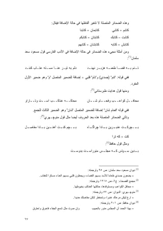 ‫ﻭﻫﺫﻩ ﺍﻟﻀﻤﺎﺌﺭ ﺍﻟﻤﺘﺼﻠﺔ ﻻ ﺘﺘﻐﻴﺭ ﺃﻟﻔﺎﻅﻬﺎ ﻓﻲ ﺤﺎﻟﺔ ﺍﻹﻀﺎﻓﺔ ﻓﻴﻘﺎل:‬
                                           ‫ﻜﺘﺎﺒﻤﺎﻥ = ﻜﺘﺎﺒﻨﺎ‬           ‫ﻜﺘﺎﺒﻡ = ﻜﺘﺎﺒﻲ‬
                                           ‫ﻜﺘﺎﺒﺘﺎﻥ = ﻜﺘﺎﺒﻜﻡ‬          ‫ﻜﺘﺎﺒﺕ – ﻜﺘﺎﺒﻙ‬
                                         ‫ﻜﺘﺎﺒﺸﺎﻥ = ﻜﺘﺎﺒﻬﻡ‬             ‫ﻜﺘﺎﺒﺵ = ﻜﺘﺎﺒﻪ‬
‫ﻭﻤﻥ ﺃﻤﺜﻠﺔ ﻤﺠﻲﺀ ﻫﺫﻩ ﺍﻟﻀﻤﺎﺌﺭ ﻓﻲ ﺤﺎﻟﺔ ﺍﻹﻀﺎﻓﺔ ﻓﻲ ﺍﻷﺩﺏ ﺍﻟﻔﺎﺭﺴﻲ ﻗﻭل ﻤﺴﻌﻭﺩ ﺴﻌﺩ‬
                                                                                  ‫ﺴﻠﻤﺎﻥ)١(:‬

‫ﺩﻟﻡ ﺒﻪ ﺘﻴـﺭ ﻋﻨـﺎ ﻤﺴـﺘﻪ ﻋﺘـﺎﺏ ﻜﻨﻨـﺩ‬               ‫ﺘ ـﻨﻡ ﺒ ـﻪ ﻗﻀ ـﺎ ﻁﻌﻤ ـﻪ ﻫﺯﺒ ـﺭ ﻨﻬﻨ ـﺩ‬
                                                  ‫ـ‬      ‫ـ‬      ‫ـ‬      ‫ـ‬     ‫ـ ـ‬

‫ﻓﻔﻲ ﻗﻭﻟﻪ: "ﺘﻨﻡ" )ﺠﺴﺩﻱ( ﻭ"ﺩﻟﻡ" ﻗﻠﺒﻲ = ﺇﻀﺎﻓﺔ ﻟﻠﻀﻤﻴﺭ ﺍﻟﻤﺘﺼل "ﻡ" ﻭﻫﻭ ﻀﻤﻴﺭ ﺍﻷﻭل‬
                                                                                      ‫ﺍﻟﻤﻔﺭﺩ.‬
                                                   ‫ﻭﻤﻨﻬﺎ ﻗﻭل ﻫﺩﺍﻴﺕ ﻁﺒﺭﺴﺘﺎﻨﻲ)٢(:‬

‫ﻤﺤﺎﻜــﻪ ﻋﻨﺎﻜــﺏ ﺍﺴــﺕ ﻭﺘــﺎﺭﺍﻭ‬
    ‫ـ‬     ‫ـ‬     ‫ـ‬                                ‫ﻤﺤﺎﻓـ ـل ﻜﻭﺍﻋـ ـﺏ ﻭﻓﺤـ ـﺎﻡ ﺸـ ـﺎﻥ‬
                                                   ‫ـ‬      ‫ـ‬       ‫ـ‬        ‫ـ‬

     ‫ﻓﻔﻲ ﻗﻭﻟﻪ "ﻓﺤﺎﻡ ﺸﺎﻥ" ﺇﻀﺎﻓﺔ ﻟﻠﻀﻤﻴﺭ ﺍﻟﻤﺘﺼل "ﺸﺎﻥ" ﻭﻫﻭ ﺍﻟﻀﻤﻴﺭ ﺍﻟﺜﺎﻟﺙ ﻟﻠﺠﻤﻊ.‬
           ‫ﻭﺘﺄﺘﻲ ﺍﻟﻀﻤﺎﺌﺭ ﺍﻟﻤﺘﺼﻠﺔ ﻫﺫﻩ ﺒﻌﺩ ﺍﻟﺤﺭﻭﻑ ﺃﻴ ‪‬ﺎ ﻤﺜل ﻗﻭل ﻤﻨﻭﭽـﻬﺭﻱ)٣(:‬
                                 ‫ﻀ‬

‫ـل‬
 ‫ـﻴﻥ ـﺎﺩﺍ ﻤﻔﺎﺼـ‬
          ‫ــﭽﻡ ـﺕ ﺁﻫﻨـ ﺒـ‬
                   ‫ﻜﻨـ‬  ‫ﺒـ‬                       ‫ـﺭﻴﻥ ـﺎﺩﺍ ﭽﺭﺍ ـﺎﻩ‬
                                                   ‫ﮔـ‬       ‫ﺒـ‬   ‫ــﭽ ـﺕ ﻋﻨﺒـ‬
                                                                       ‫ﺒـ ﺭﻜـ‬

                                                                       ‫ﻜﺕ = ﻜﻪ ﺘﺭﺍ‬
                                                                 ‫ﻭﻤﺜل ﻗﻭل ﺤﺎﻓﻅ)٤(:‬
                                   ‫ـﺕ‬
                                    ‫ـﺕ ﺒﺩﻭﺴـ‬
                                           ‫ـﺱ ﻤﻨﻭﺭﺍﺴـ‬
                                                    ‫ـﺩﻴﻥ ـﭙﺎﺱ ـﻪ ﻤﺠﻠـ‬
                                                          ‫ﻜـ‬   ‫ﺴـ‬   ‫ﺒـ‬



                                                                                           ‫)1(‬
                                                 ‫ﺩﻴﻭﺍﻥ ﻤﺴﻌﻭﺩ ﺴﻌﺩ ﺴﻠﻤﺎﻥ: ﺹ ٥٩ ﻭﺘﺭﺠﻤﺘﻪ:‬
          ‫- ﻴﻀﻌﻭﻥ ﺠﺴﺩﻱ ﻁﻌﺎ ‪‬ﺎ ﻟﻸﺴﺩ ﺒﺴﻬﻡ ﺍﻟﻘﻀﺎﺀ، ﻭﻴﺠﻌﻠﻭﻥ ﻗﻠﺒﻲ ﺒﺴﻬﻡ ﺍﻟﻌﻨﺎﺀ ﻤﺴﻜ ‪‬ﺍ ﻟﻠﻌﻘﺎﺏ.‬
                   ‫ﺭ‬                                                 ‫ﻤ‬
                                                                                           ‫)2(‬
                                                  ‫ﻤﺠﻤﻊ ﺍﻟﻔﺼﺤﺎﺀ: ﺝ٦، ﺹ ٥١٢١ ﻭﺘﺭﺠﻤﺘﻪ:‬
                                     ‫- ﻤﺤﺎﻓل ﺍﻟﻜﻭﺍﻋﺏ ﻭﻤﺴﺘﻭﻗﺩﻫﺎ، ﺤﺎﻜﺘﻬﺎ ﺍﻟﻌﻨﺎﻜﺏ ﺒﺨﻴﻭﻁﻬﺎ.‬
                                                                                           ‫)3(‬
                                                     ‫ﻤﻨﻭﭽـﻬﺭﻱ: ﺍﻟﺩﻴﻭﺍﻥ: ﺹ ٧٥ ﻭﺘﺭﺠﻤﺘﻪ:‬
                                     ‫- ﺍﺭﻉ ﻟﻴﻜﻥ ﻤﺭﻋﺎﻙ ﻋﻨﺒ ‪‬ﺍ، ﻭﺘﻤﺨﻁﺭ ﻟﺘﻜﻥ ﻤﻔﺎﺼﻠﻙ ﺤﺩﻴ ‪‬ﺍ.‬
                                       ‫ﺩ‬                          ‫ﺭ‬
                                                                                           ‫)4(‬
                                                              ‫ﺩﻴﻭﺍﻥ ﺤﺎﻓﻅ: ﺹ ١٠٢ ﻭﺘﺭﺠﻤﺘﻪ:‬
     ‫ﻭﺇﻥ ﺼﺭﺕ ﻤﺜل ﺸﻤﻊ ﺍﻟﺠﻔﺎﺀ ﻓﺎﺤﺭﻕ ﻭﺍﺤﺘﺭﻕ‬             ‫- ﺒﻬﺫﺍ ﺍﻟﺤﻤﺩ ﺃﻥ ﺍﻟﻤﺠﻠﺱ ﻤﻨﻭﺭ ﺒﺎﻟﺤﺒﻴﺏ‬


‫٧٦‬
 