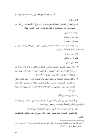 ‫ـﺎﺯ‬
  ‫ـﺭﺕ ﭽﻭ ـﻤﻊ ـﺎﻴﻲ ـﺩ ـﻭﺯ ﻭﺒﺴـ‬
         ‫ﺭﺴـ ﺒﺴـ‬ ‫ﺸـ ﺠﻔـ‬     ‫ﮔـ‬

                                                                   ‫ﮔﺭﺕ = ﮔﺭﺍ‬
‫١- ﻭﻴﻼﺤﻅ ﺃﻥ ﺍﻟﻀﻤﺎﺌﺭ ﺍﻟﻤﺘﺼﻠﺔ ﺍﻟﻤﻔﺭﺩﺓ )ﻡ – ﺕ – ﺵ( ﺇﺫﺍ ﺃﻀﻴﻔﺕ ﺇﻟـﻰ ﻜﻠﻤـﺎﺕ‬
             ‫ُ ِﹶ‬                                             ‫‪ ‬‬
          ‫ﻤﻨﺘﻬﻴﺔ ﺒﻬﺎﺀ ﻏﻴﺭ ﻤﻨﻁﻭﻗﺔ، ﺘﺯﺍﺩ ﺃﻟﻑ ﻤﻔﺘﻭﺤﺔ ﺒﻴﻥ ﺍﻟﻬﺎﺀ ﻭﺍﻟﻀﻤﻴﺭ ﻓﻴﻘﺎل:‬
             ‫‪‬ﹶ‬                                 ‫ﹸ‪‬‬
                                                              ‫ﺴﻴﻨﻪ ﺍﻡ = ﺼﺩﺭﻱ‬
                                                             ‫ﺴﻴﻨﻪ ﺍﺕ = ﺼﺩﺭﻙ‬
                                                              ‫ﺴﻴﻨﻪ ﺍﺵ = ﺼﺩﺭﻩ‬
‫ﻭﺒﺎﻟﻨﺴﺒﺔ ﻟﻠﻀﻤﺎﺌﺭ ﺍﻟﻤﺘﺼﻠﺔ ﺍﻟﺨﺎﺼﺔ ﺒﺎﻟﺠﻤﻊ )ﻤﺎﻥ – ﺘﺎﻥ – ﺸﺎﻥ( ﻓﻼ ﻴﺤـﺩﺙ ﺘﻐﻴﻴـﺭ‬
                                                   ‫ﻋﻨﺩﻤﺎ ﺘﻀﺎﻑ ﻟﻤﺜل ﻫﺫﻩ ﺍﻟﻜﻠﻤﺎﺕ ﻓﻴ ﹶﺎل:‬
                                                      ‫‪‬ﻘ‬                      ‫ﹸ ‪‬‬
                                                              ‫ﺨﺎﻨﻪ ﻤﺎﻥ = ﻤﻨﺯﻟﻨﺎ‬
                                                             ‫ﺨﺎﻨﻪ ﺘﺎﻥ = ﻤﻨﺯﻟﻜﻡ‬
                                                             ‫ﺨﺎﻨﻪ ﺸﺎﻥ = ﻤﻨﺯﻟﻬﻡ‬
‫٢- ﻭﺇﺫﺍ ﺃ ِﻴ ﹶﺕ ﺍﻟﻀﻤﺎﺌﺭ ﺍﻟﻤﺘﺼﻠﺔ ﺒﺎﻷﺴﻤﺎﺀ ﺍﻟﻤﺨﺘﻭﻤﺔ ﺒﺎﻷﻟﻑ ﺃﻭ ﺍﻟﻭﺍﻭ )ﺍ-ﻭ( ﺘ ‪‬ﺍﺩ ﻴﺎﺀ‬
      ‫ﹸﺯ‬                                                         ‫ُﻀ ﻔ‬
‫ﻭﺴﻁﻴﺔ ﻗﺒل ﺍﻟﻀﻤﻴﺭ ﻤﺜل: "ﺁﺭﺯﻭﻴﻡ" = )ﺭﻏﺒﺘﻲ(، "ﻤﻭﻴﺕ" = )ﺸﻌﺭﻙ(، "ﺭﻭﻴـﺵ"‬
                         ‫)ﻭﺠﻬﻪ(، "ﺴﺭﺍﻴﻤﺎﻥ" = )ﻗﺼﺭﻨﺎ(، "ﻴﺎﻴﺘﺎﻥ" = )ﺃﻗﺩﺍﻤﻜﻡ(.‬
‫٣- ﻤﺎ ﻗﺒل ﺍﻟﻀﻤﺎﺌﺭ ﺍﻟﻤﺘﺼﻠﺔ ﻓﻲ ﺤﺎﻟﺘﻲ ﺍﻟﻤﻔﻌﻭﻟﻴﺔ ﻭﺍﻹﻀﺎﻓﺔ ﻴﻜـﻭﻥ ﻤﺘﺤﺭ ﹰـﺎ ﺒـﺎﻟﻔﺘﺢ‬
          ‫ﻜ‬
‫ﻤﻊ ﺍﻟﻀﻤﺎﺌﺭ ﺍﻟﻤﻔﺭﺩﺓ: ﻡ، ﻥ، ﺵ، ﻭﻤﻜﺴﻭ ‪‬ﺍ ﺒﻜﺴﺭﺓ ﺨﻔﻴﻔﺔ ﻤﻊ ﺍﻟﻀﻤﺎﺌﺭ ﺍﻟﺩﺍﻟﺔ ﻋﻠﻰ‬
                                   ‫ﺭ‬
‫ﺍﻟﺠﻤﻊ: ﻤﺎﻥ، ﺘﺎﻥ، ﻭﺸﺎﻥ ﻓﻲ ﺤﺎﻟﺔ ﺍﻹﻀﺎﻓﺔ، ﺇﻻ ﺇﺫﺍ ﺍﻗﺘﻀﺕ ﺍﻟﻀـﺭﻭﺭﺓ ﺍﻟﺸـﻌﺭﻴﺔ‬
                                                                  ‫ﻏﻴﺭ ﺫﻟﻙ.‬

                                                      ‫ﺏ- ﺍﻟﻀﻤﻴﺭ ﺍﻟﻤﺸﺘﺭﻙ)١(:‬
‫ﻤﻥ ﺃﻗﺴﺎﻡ ﺍﻟﻀﻤﻴﺭ ﻓﻲ ﺍﻟﻔﺎﺭﺴﻴﺔ ﺍﻟﻀﻤﻴﺭ ﺍﻟﻤﺸﺘﺭﻙ؛ ﻭﻫﻭ ﻀﻤﻴﺭ ﻟـﻪ ﺼـﻴﻐﺔ ﻭﺍﺤـﺩﺓ‬
                              ‫ﺘﺸﺘﺭﻙ ﺒﻴﻥ ﺍﻟﻤﺘﻜﻠﻡ ﻭﺍﻟﻤﺨﺎﻁﺏ ﻭﺍﻟﻐﺎﺌﺏ ﻭﻴﺴﺘﻌﻤل ﻤﻔﺭ ‪‬ﺍ ﺩﺍﺌ ‪‬ﺎ.‬
                                ‫ﺩ ﻤ‬           ‫‪ ‬ﹶ ‪ ‬‬
               ‫ﻤﺜل: ﻤﻥ ﺨﻭﺩ ﺁﻤﺩﻡ )ﺠﺌﺕ ﺃﻨﺎ ﻨﻔﺴﻲ( ﻤﺎ ﺨﻭﺩ ﺁﻤﺩﻴﻡ )ﺠﺌﻨﺎ ﻨﺤﻥ ﺃﻨﻔﺴﻨﺎ(.‬
‫ﻭﻴ ﹶﺎل ﻟﻠﻀﻤﻴﺭ ﺍﻟﻤﺸﺘﺭﻙ ﺃﻴ ‪‬ﺎ ﻀﻤﻴﺭ ﺍﻟﻨﻔﺱ؛ ﻷﻨﻪ ﻴﺭﺠﻊ ﺇﻟﻰ ﻨﻔﺱ ﺍﻟﻤﺘﻜﻠﻡ ﻭﺍﻟﻤﺨﺎﻁـﺏ‬
                                                ‫ﻀ‬                     ‫‪‬ﻘ‬
                                                                              ‫ﻭﺍﻟﻐﺎﺌﺏ.‬

                                                                                       ‫)1(‬
‫ﻤﺤﻤﺩ ﺘﻘﻲ ﺒﻬﺎﺭ ﻭﻋﺒﺩ ﺍﻟﻌﻅﻴﻡ ﻗﺭﻴﺏ ﻭﻏﻴﺭﻫﻡ: ﺩﺴﺘﻭﺭ ﺯﺒﺎﻥ ﻓﺎﺭﺴﻲ )ﺒﺼـﺎﺭﻯ(: ﺹ ٦٩؛ ﺩﺴـﺘﻭﺭ ﺯﺒـﺎﻥ‬
                                                       ‫ﻓﺎﺭﺴﻲ )ﺴﻴﺎﻗﻲ(، ﺹ ٠١١-١١١.‬


‫٨٦‬
 