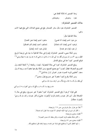 ‫ﻭﻫﺫﺍ ﺍﻟﻀﻤﻴﺭ ﻟﻪ ﺜﻼﺜﺔ ﺃﻟﻔﺎﻅ ﻫﻲ:‬
                                                     ‫ﻭﺨﻭﻴﺸﺘﻥ‬           ‫ﻭﺨﻭﻴﺵ‬        ‫ﺨﻭﺩ‬

                                                                   ‫ﺤﺎﻻﺕ ﺍﻟﻀﻤﻴﺭ ﺍﻟﻤﺸﺘﺭﻙ:‬
‫ﺍﻟﻀﻤﻴﺭ ﺍﻟﻤﺸﺘﺭﻙ ﺨﻭﺩ ﻤﺜل ﺴﺎﺌﺭ ﺍﻟﻀﻤﺎﺌﺭ ﻴﻘﻊ ﻓﻲ ﺠﻤﻴﻊ ﺍﻟﺤﺎﻻﺕ ﺍﻟﺘﻲ ﻴﻘﻊ ﻓﻴﻬﺎ ﺍﻻﺴﻡ‬
                                                                                           ‫ﻭﻫﻲ:‬
                                                                     ‫ﺤﺎﻟﺔ ﺍﻟﻔﺎﻋﻠﻴﺔ ﻤﺜل:‬
              ‫ﻤﺎﺨﻭﺩ ﺁﻤﺩﻴﻡ )ﺠﺌﻨﺎ ﻨﺤﻥ ﺃﻨﻔﺴﻨﺎ(‬              ‫ﻤﻥ ﺨﻭﺩ ﺁﻤﺩﻡ )ﺠﺌﺕ ﺃﻨﺎ ﻨﻔﺴﻲ(‬
             ‫ﺸﻤﺎﺨﻭﺩ ﺁﻤﺩﻴﺩ )ﺠﺌﺘﻡ ﺃﻨﺘﻡ ﺍﻨﻔﺴﻜﻡ(‬            ‫ﺘﻭﺨﻭﺩ ﺁﻤﺩﻱ )ﺠﺌﺕ ﺃﻨﺕ ﻨﻔﺴﻙ(‬
                    ‫ﺇﻴﺸﺎﻥ ﺨﻭﺩ ﺁﻤﺩﻨﺩ )ﺠﺌﺘﻡ(‬                      ‫ﺍﻭ ﺨﻭﺩ )ﺠﺎﺀ ﻫﻭ ﻨﻔﺴﻪ(‬
‫ﻭﻤﻥ ﺃﻤﺜﻠﺔ ﻤﺠﻲﺀ ﺍﻟﻀﻤﻴﺭ ﺍﻟﻤﺸﺘﺭﻙ )ﺨﻭﺩ( ﻓﻲ ﺤﺎﻟﺔ ﺍﻟﻔﺎﻋﻠﻴﺔ ﻤﺎ ﺠﺎﺀ ﻓﻲ ﺘﺭﺠﻤﺔ ﺘﺎﺭﻴﺦ‬
‫)١(‬
      ‫ﺍﻟﻁﺒـﺭﻱ: "ﺍﻨـﻭ ﺸـﻴﺭﻭﺍﻥ ﮔﻔـﺕ ﺃﻱ ﺍﺒﻠـﻪ ﻨـﺎﺩﺍﻥ ﻨـﺩﺍﻨﻲ ﻜـﻪ ﺨـﻭﺩ ﺠـﻪ ﻤﻴﻜـﻭﺌﻲ"‬
          ‫ﹶـ‬    ‫ـ‬    ‫ـ ـ‬        ‫ـ‬      ‫ـ ـ‬          ‫ـ‬        ‫ـ ـ‬         ‫ـ‬
                                                      ‫ﻓﻭﻗﻊ ﺍﻟﻀﻤﻴﺭ "ﺨﻭﺩ" ﻫﻨﺎ ﻓﻲ ﻤﻭﻗﻊ ﺍﻟﻔﺎﻋل.‬
‫ﻭﻴﻘﻊ ﺍﻟﻀﻤﻴﺭ ﺍﻟﻤﺸﺘﺭﻙ "ﺨﻭﺩ" ﻓﻲ ﺤﺎﻟﺔ ﺍﻟﻤﻔﻌﻭﻟﻴﺔ –ﺃﻴ ‪‬ﺎ- ﻭﺘﻠﺤﻘﻪ "ﺭﺍ" ﻻﺤﻘﺔ ﺍﻟﻤﻔﻌـﻭل‬
                            ‫ﻀ‬
‫ﺍﻟﺼﺭﻴﺢ ﺍﻟﻤﻌﺭﻓﺔ، ﻓﻴ ﹶﺎل "ﺨﻭﺩﺭﺍ" ﻤﻊ ﺠﻤﻴﻊ ﺍﻟﺼﻴﻎ، ﻭﻤﻥ ﺃﻤﺜﻠﺔ ﻭﻗﻭﻋﻬﺎ ﻤﻔﻌﻭﻻ ﺼـﺭﻴ ‪‬ﺎ ﻗـﻭل‬
      ‫ﺤ‬      ‫ﹰ‬                                               ‫‪‬ﻘ‬
                                 ‫ﺴﻌﻴﺩ: "ﺨﻁﻴﺒﻲ ﻜﺭﻴﻪ ﺍﻟﺼﻭﺕ ﺨﻭﺩﺭ ﺍﺨﻭﺵ ﺁﻭﺍﺯ ﺒﻨﺩﺍﺸﺘﻲ")٢(.‬
                            ‫ﻭﻤﻥ ﺃﻤﺜﻠﺔ ﻭﻗﻭﻉ "ﺨﻭﺩ" ﻤﻔﻌﻭﻻ ﻏﻴﺭ ﺼﺭﻴﺢ ﻗﻭل ﺴﻌﺩﻱ)٣(:‬
                                                  ‫ﹰ‬
                                      ‫ـﻭﺩ ـﻭﺍﻨﻲ‬
                                           ‫ـل ـﻪ ـﻊ ﻤ ـﺱ ﺍﺭﺨـ ﻨﺘـ‬
                                                      ‫ﮕـ‬   ‫ﺃﻱ ﻁﻔـ ﻜـ ﺩﻓـ‬

‫ـﻪ ـﻭﺁﻨﻲ‬
    ‫ـﺭﭽ ـﺩ ـﻪ ـﺎﻟﻎ ـﺩﻱ ﺁﺨﺭﻨـ ﺘـ‬
               ‫ﺸـ‬   ‫ﻫـ ﻨـ ﻜـ ﺒـ‬

‫ﻓﻔﻲ ﻗﻭﻟﻪ "ﺍﺭﺨﻭﺩ" ﻭﻗﻊ ﺍﻟﻀﻤﻴﺭ ﺍﻟﻤﺸﺘﺭﻙ "ﺨﻭﺩ" ﻤﻔﻌﻭﻻ ﻏﻴﺭ ﺼﺭﻴﺢ، ﻭﻴﻘﻊ ﻓﻲ ﺤﺎﻟـﺔ‬
                        ‫ﹰ‬
‫ﺍﻹﻀﺎﻓﺔ ﻤﺜل: "ﻤﻥ ﻜﺎﺭ ﺨﻭﺩﻡ ﺭﺍﺌﺘﻤﺎﻡ ﻜﺭﺩﻡ" )ﺃﻨﺠﺯﺕ ﻋﻤﻠﻲ( ﻭ"ﻜﺎﺭ ﺨﻭﺩﺕ ﺭﺍﺘﻤـﺎﻡ ﻜـﺭﺩﻱ"‬
                                                                               ‫)ﺃﻨﺠﺯﺕ ﻋﻤﻠﻙ(.‬


                                                                                                ‫)1(‬
                                               ‫ﻨﻘﻼ ﻋﻥ ﻫﺯﺍﺭ ﺴﺎل ﻨﺘﺭﺒﺎﺭﺴﻲ: ﺹ ٥١١ ﻭﺘﺭﺠﻤﺘﻪ:‬
                                                                                    ‫ﹰ‬
                             ‫- "ﻗﺎل ﺃﻨﻭ ﺸﺭﻭﺍﻥ ﺃﻴﻬﺎ ﺍﻷﺒﻠﻪ ﺍﻟﺠﺎﻫل، ﺃﻻ ﺘﻌﺭﻑ ﻤﺎﺫﺍ ﺘﻘﻭل ﺃﻨﺕ ﻨﻔﺴﻙ".‬
                                                                                                ‫)2(‬
                                                                        ‫ﻜﻠﻴﺎﺕ ﺴﻌﺩﻱ، ﻭﺘﺭﺠﻤﺘﻪ:‬
                                ‫- "ﻜﺎﻥ ﻫﻨﺎﻙ ﺨﻁﻴﺏ ﻜﺭﻴﻪ ﺍﻟﺼﻭﺕ، ﻭﻜﺎﻥ ﻴﻌﺘﻘﺩ ﺃﻨﻪ ﺤﺴﻥ ﺍﻟﺼﻭﺕ".‬
                                                                                                ‫)3(‬
                                                                ‫ﻜﻠﻴﺎﺕ ﺴﻌﺩﻱ، ﺹ ٥٨ ﻭﺘﺭﺠﻤﺘﻪ:‬
                   ‫- ﺃﻴﻬﺎ ﺍﻟﻁﻔل ﺍﻟﺫﻱ ﻻ ﻴﺴﺘﻁﻴﻊ ﺩﻓﻊ ﺫﺒﺎﺒﺔ ﻋﻥ ﻨﻔﺴﻪ، ﻭﻤﻬﻤﺎ ﺒﻠﻐﺕ ﻓﻠﻥ ﺘﺴﺘﻁﻴﻊ ﺫﻟﻙ.‬


‫٩٦‬
 