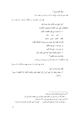 ‫ﻭﻗﺎل ﺍﻟﻔﺭﺩﻭﺴﻲ)١(:‬
                                       ‫ﭽﻨــﻴﻥ ﺩﺍﺩ ﭙﺎﺴــﺦ ﻜــﻪ ﺍﻴــﻥ ﺨــﺭﺩ ﻨﻴﺴــﺕ‬

‫ﭽﻭ ﺩﺴـ ـﺘﺎﻥ ﺯﻴـ ـﺭ ﻤﺎﻴﮕـ ـﺎﻥ ﻜـ ـﺭﺩ ﻨﻴﺴـ ـﺕ‬
 ‫ـ‬        ‫ـ‬               ‫ـ‬        ‫ـ‬

                                                    ‫"ﺍﻴﻥ" ﻭﻗﻊ ﺍﺴﻡ ﺍﻹﺸﺎﺭﺓ ﻫﻨﺎ ﻤﺴﻨ ‪‬ﺍ ﺇﻟﻴﻪ.‬
                                                           ‫ﺩ‬
                                                  ‫ﻤﻼﺤﻅﺎﺕ ﻋﻠﻰ ﺍﺴﻡ ﺍﻹﺸﺎﺭﺓ ﻭﻀﻤﻴﺭ ﺍﻹﺸﺎﺭﺓ:‬
                                                    ‫١- ﺇﺫﺍ ﺠﺎﺀﺕ ﺍﻴﻥ ﻗﺒل ﺍﻟﻜﻠﻤﺎﺕ ﺍﻵﺘﻴﺔ:‬
                                                            ‫ﺴﺎل‬     ‫ﺭﻭﺯ‬      ‫ﺸﺏ‬
                                                          ‫ﺘﻜﺘﺏ ﺍﻤﺸﺏ ﺍﻤﺭﻭﺯ ﺍﻤﺴﺎل‬
                                                                            ‫ﹸ ﹾﹶ‬
                                  ‫ﻟﻜﻥ ﺇﺫﺍ ﻭﻗﻌﺕ ﺒﻌﺩ ﺤﺭﻑ ﻤﻥ ﺤﺭﻭﻑ ﺍﻹﻀﺎﻓﺔ ﺘﻜ ﹶﺏ:‬
                                    ‫ﹸ ﹾﺘ‬
                                                             ‫ﺩﺭ ﺍﻴﻥ ﺸﺏ = ﻓﻲ ﻫﺫﻩ ﺍﻟﻠﻴﻠﺔ‬
                                                             ‫ﺩﺭ ﺍﻴﻥ ﺭﻭﺯ = ﻓﻲ ﻫﺫﺍ ﺍﻟﻴﻭﻡ‬
                                         ‫٢- ﺍﺴﺘﺨﺩﻡ ﺍﻟﻘﺩﻤﺎﺀ ﺤﻴ ﹰﺎ "ﺍﻴﻤﻪ" ﻓﻲ ﻤﻜﺎﻥ "ﺍﻴﻥ".‬
                                                                ‫ﻨ‬
                                                                ‫ﻤﺜﻠﻤﺎ ﺠﺎﺀ ﻋﻨﺩ ﺨﺎﻗﺎﻨﻲ)٢(:‬
                                       ‫ـﻪ ﺒﮕ ـﻪ ـﻤﺎﻥ ـل ـﺭﻭﻥ ـﻰ ـﺩ‬
                                        ‫ﻨﻤـ ﺩﻫـ‬ ‫ﺍﻫـ ﺒـ‬  ‫ﻭﻜـ ﺁﺴـ‬  ‫ﺍﻴﻤـ‬

‫ـل ﭽﻭ ـﺩ ﺍﺯ ـﺩﻡ ﭽ ـﺕ ﮔ ـﺎﻩ ـﻤﺎﻥ‬
   ‫ﻴﺴـ ﻨـ ﺁﺴـ‬     ‫ﻋـ‬    ‫ﻨﺎﻴـ‬  ‫ﺍﻫـ‬

                                                                  ‫ﻓﺫﻜﺭ ﺇﻴﻤﻪ ﺒﺩﻻ ﻤﻥ "ﺍﻴﻥ"‬
                                                                           ‫ﹰ‬
‫٣- ﺤﻴﺜﻤﺎ ﺩﺨﻠﺕ "ﺒﻪ" ﻋﻠﻰ "ﺍﻴﻥ" ﻭ"ﺁﻥ" ﺤﺫﻓﺕ ﺍﻟﻬﺎﺀ ﻭﺃﺒﺩﻟﺕ ﺍﻷﻟﻑ "ﺩﺍﻻ" ﻓﺘﻜ ﹶﺏ "ﺒـﺩﻴﻥ"‬
         ‫ﹰ ﹸ ﹾﺘ‬            ‫ُ ‪ِ ‬ﹶ‬       ‫‪ِ ‬ﹶ‬
                                                                            ‫ﻭ"ﺒﺩﺍﻥ".‬




                                                                                                ‫)1(‬
                                                           ‫ﻨﻔﺱ ﺍﻟﻤﺭﺠﻊ ﻭﺍﻟﺼﻔﺤﺔ ﻭﺍﻟﺠﺯﺀ ﻭﺘﺭﺠﻤﺘﻪ:‬
                    ‫- ﻫﻜﺫﺍ ﺃﺠﺎﺏ ﺃﻥ ﻫﺫﺍ ﻟﻴﺱ ﻤﻥ ﺍﻟﻌﻘل، ﻓﻠﻴﺱ ﻫﻨﺎﻙ ﻤﻥ ﺒﻴﻥ ﺍﻟﻌﻅﻤﺎﺀ ﺒﻁل ﻤﺜل ﺯﺍل.‬
                                                                                                ‫)2(‬
                                       ‫ﻨﻘﻼ ﻋﻥ ﺩﺴﺘﻭﺭ ﺯﺒﺎﻥ ﻓﺎﺭﺴﻲ )ﺒﺼﺎﺭﻯ( ﺹ ٧٣٣، ﻭﺘﺭﺠﻤﺘﻪ:‬
                                                                                   ‫ﹰ‬
     ‫ﻓﻌﻨﺩﻤﺎ ﻻ ﻴﺄﺘﻲ ﺍﻷﻫل ﻤﻥ ﺍﻟﻌﺩﻡ ﻓﻤﺎ ﺫﻨﺏ ﺍﻟﺴﻤﺎﺀ‬        ‫- ﻟﻬﺫﺍ ﻗل ﺇﻥ ﺍﻟﺴﻤﺎﺀ ﻟﻥ ﺘﻌﻁﻲ ﻷﻫل ﺍﻟﺨﺎﺭﺝ‬


‫٨٩‬
 