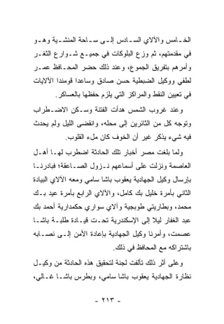 ‫ﺍﻟﺨ ـﺎﻤﺱ ﻭﺍﻵﻻﻱ ﺍﻟﺴ ـﺎﺩﺱ ﺇﻟ ـﻰ ﺴ ـﺎﺤﺔ ﺍﻟﻤﻨﺸ ـﻴﺔ ﻭﻫ ـﻭ‬
 ‫ـ‬      ‫ـ‬          ‫ـ ـ‬          ‫ـ‬              ‫ـ‬
‫ﻓﻲ ﻤﻘﺩﻤﺘﻬﻡ، ﺜﻡ ﻭﺯﻉ ﺍﻟﺒﻠﻭﻜﺎﺕ ﻓﻲ ﺠﻤﻴـﻊ ﺸـﻭﺍﺭﻉ ﺍﻟﺜﻐـﺭ‬
‫ﻭﺃﻤﺭﻫﻡ ﺒﺘﻔﺭﻴﻕ ﺍﻟﺠﻤﻭﻉ، ﻭﻋﻨﺩ ﺫﻟﻙ ﺤﻀﺭ ﺍﻟﻤﺤـﺎﻓﻅ ﻋﻤـﺭ‬
‫ﻟﻁﻔﻲ ﻭﻭﻜﻴل ﺍﻟﻀﺒﻁﻴﺔ ﺤﺴﻥ ﺼﺎﺩﻕ ﻭﺴﺎﻋﺩﺍ ﻗﻭﻤﻨﺩﺍ ﺍﻵﻻﻴﺎﺕ‬
       ‫ﻓﻲ ﺘﻌﻴﻴﻥ ﺍﻟﻨﻘﻁ ﻭﺍﻟﻤﺭﺍﻜﺯ ﺍﻟﺘﻲ ﻴﻠﺯﻡ ﺤﻔﻅﻬﺎ ﺒﺎﻟﻌﺴﺎﻜﺭ.‬
‫ﻭﻋﻨﺩ ﻏﺭﻭﺏ ﺍﻟﺸﻤﺱ ﻫﺩﺃﺕ ﺍﻟﻔﺘﻨﺔ ﻭﺴـﻜﻥ ﺍﻻﻀـﻁﺭﺍﺏ‬
‫ﻭﺘﻭﺠﻪ ﻜل ﻤﻥ ﺍﻟﺜﺎﺌﺭﻴﻥ ﺇﻟﻰ ﻤﺤﻠﻪ، ﻭﺍﻨﻘﻀﻰ ﺍﻟﻠﻴل ﻭﻟﻡ ﻴﺤﺩﺙ‬
                                                ‫‪‬‬
          ‫ﻓﻴﻪ ﺸﻲﺀ ﻴﺫﻜﺭ ﻏﻴﺭ ﺃﻥ ﺍﻟﺨﻭﻑ ﻜﺎﻥ ﻤلﺀ ﺍﻟﻘﻠﻭﺏ.‬
‫ﻭﻟﻤﺎ ﺒﻠﻐﺕ ﻤﺼﺭ ﺃﺨﺒﺎﺭ ﺘﻠﻙ ﺍﻟﺤﺎﺩﺜﺔ ﺍﻀﻁﺭﺏ ﻟﻬـﺎ ﺃﻫـل‬
                                            ‫‪‬‬
‫ﺍﻟﻌﺎﺼﻤﺔ ﻭﻨﺯﻟﺕ ﻋﻠﻰ ﺃﺴﻤﺎﻋﻬﻡ ﻨـﺯﻭل ﺍﻟﺼـﺎﻋﻘﺔ؛ ﻓﺒﺎﺩﺭﻨـﺎ‬
‫ﺒﺈﺭﺴﺎل ﻭﻜﻴل ﺍﻟﺠﻬﺎﺩﻴﺔ ﻴﻌﻘﻭﺏ ﺒﺎﺸﺎ ﺴﺎﻤﻲ ﻭﻤﻌﻪ ﺍﻵﻻﻱ ﺍﻟﺒﻴﺎﺩﺓ‬
‫ﺍﻟﺜﺎﻨﻲ ﺒﺄﻤﺭﺓ ﺨﻠﻴل ﺒﻙ ﻜﺎﻤل، ﻭﺍﻵﻻﻱ ﺍﻟﺭﺍﺒﻊ ﺒﺄﻤﺭﺓ ﻋﻴﺩ ﺒـﻙ‬
‫ﻤﺤﻤﺩ، ﻭﺒﻁﺎﺭﻴﺘﻲ ﻁﻭﺒﺠﻴﺔ ﻭﺁﻻﻱ ﺴﻭﺍﺭﻱ ﺤﻜﻤﺩﺍﺭﻴﺔ ﺃﺤﻤﺩ ﺒﻙ‬
‫ﻋﺒﺩ ﺍﻟﻐﻔﺎﺭ ﻟﻴﻼ ﺇﻟﻰ ﺍﻹﺴﻜﻨﺩﺭﻴﺔ ﺘﺤـﺕ ﻗﻴـﺎﺩﺓ ﻁﻠﺒـﺔ ﺒﺎﺸـﺎ‬
                                      ‫ﹰ‬
‫ﻋﺼﻤﺕ، ﻭﺃﻤﺭﻨﺎ ﻭﻜﻴل ﺍﻟﺠﻬﺎﺩﻴﺔ ﺒﺈﻋﺎﺩﺓ ﺍﻷﻤﻥ ﺇﻟـﻰ ﻨﺼـﺎﺒﻪ‬
                           ‫ﺒﺎﺸﺘﺭﺍﻜﻪ ﻤﻊ ﺍﻟﻤﺤﺎﻓﻅ ﻓﻲ ﺫﻟﻙ.‬
‫ﻭﻋﻠﻰ ﺃﺜﺭ ﺫﻟﻙ ﺘﺄﻟﻔﺕ ﻟﺠﻨﺔ ﻟﺘﺤﻘﻴﻕ ﻫﺫﻩ ﺍﻟﺤﺎﺩﺜﺔ ﻤﻥ ﻭﻜﻴـل‬
‫ﻨﻅﺎﺭﺓ ﺍﻟﺠﻬﺎﺩﻴﺔ ﻴﻌﻘﻭﺏ ﺒﺎﺸﺎ ﺴﺎﻤﻲ، ﻭﺒﻁﺭﺱ ﺒﺎﺸـﺎ ﻏـﺎﻟﻲ،‬

                     ‫- ٣١٢ -‬
 