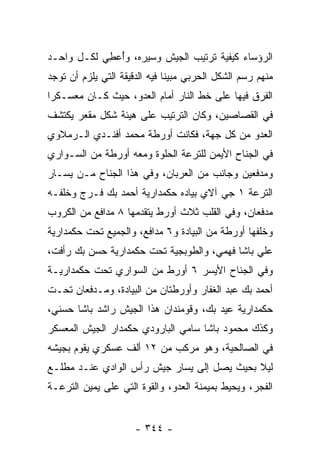 ‫ﺍﻟﺭﺅﺴﺎﺀ ﻜﻴﻔﻴﺔ ﺘﺭﺘﻴﺏ ﺍﻟﺠﻴﺵ ﻭﺴﻴﺭﻩ، ﻭﺃﻋ ِﻲ ﻟﻜـل ﻭﺍﺤـﺩ‬
            ‫ُ ‪‬ﻁ‬
‫ﻤﻨﻬﻡ ﺭﺴﻡ ﺍﻟﺸﻜل ﺍﻟﺤﺭﺒﻲ ﻤﺒﻴ ﹰﺎ ﻓﻴﻪ ﺍﻟﺩﻗﻴﻘﺔ ﺍﻟﺘﻲ ﻴﻠﺯﻡ ﺃﻥ ﺘﻭﺠﺩ‬
                               ‫ﻨ‬
‫ﺍﻟﻔﺭﻕ ﻓﻴﻬﺎ ﻋﻠﻰ ﺨﻁ ﺍﻟﻨﺎﺭ ﺃﻤﺎﻡ ﺍﻟﻌﺩ ‪ ،‬ﺤﻴﺙ ﻜـﺎﻥ ﻤﻌﺴـﻜ ‪‬ﺍ‬
 ‫ﺭ‬                 ‫ﻭ‬
‫ﻓﻲ ﺍﻟﻘﺼﺎﺼﻴﻥ، ﻭﻜﺎﻥ ﺍﻟﺘﺭﺘﻴﺏ ﻋﻠﻰ ﻫﻴﺌﺔ ﺸﻜل ﻤﻘﻌﺭ ﻴﻜﺘﺸﻑ‬
       ‫‪‬‬
‫ﺍﻟﻌﺩﻭ ﻤﻥ ﻜل ﺠﻬﺔ، ﻓﻜﺎﻨﺕ ﺃﻭﺭﻁﺔ ﻤﺤﻤﺩ ﺃﻓﻨـﺩﻱ ﺍﻟـﺭﻤﻼﻭﻱ‬
                                            ‫‪‬‬
‫ﻓﻲ ﺍﻟﺠﻨﺎﺡ ﺍﻷﻴﻤﻥ ﻟﻠﺘﺭﻋﺔ ﺍﻟﺤﻠﻭﺓ ﻭﻤﻌﻪ ﺃﻭﺭﻁﺔ ﻤﻥ ﺍﻟﺴـﻭﺍﺭﻱ‬
‫ﻭﻤﺩﻓﻌﻴﻥ ﻭﺠﺎﻨﺏ ﻤﻥ ﺍﻟﻌﺭﺒﺎﻥ، ﻭﻓﻲ ﻫﺫﺍ ﺍﻟﺠﻨﺎﺡ ﻤـﻥ ﻴﺴـﺎﺭ‬
‫ﺍﻟﺘﺭﻋﺔ ١ ﺠﻲ ﺁﻻﻱ ﺒﻴﺎﺩﻩ ﺤﻜﻤﺩﺍﺭﻴﺔ ﺃﺤﻤﺩ ﺒﻙ ﻓـﺭﺝ ﻭﺨﻠﻔـﻪ‬
‫ﻤﺩﻓﻌﺎﻥ، ﻭﻓﻲ ﺍﻟﻘﻠﺏ ﺜﻼﺙ ﺃﻭﺭﻁ ﻴﺘﻘﺩﻤﻬﺎ ٨ ﻤﺩﺍﻓﻊ ﻤﻥ ﺍﻟﻜﺭﻭﺏ‬
‫ﻭﺨﻠﻔﻬﺎ ﺃﻭﺭﻁﺔ ﻤﻥ ﺍﻟﺒﻴﺎﺩﺓ ﻭ٦ ﻤﺩﺍﻓﻊ، ﻭﺍﻟﺠﻤﻴﻊ ﺘﺤﺕ ﺤﻜﻤﺩﺍﺭﻴﺔ‬
‫ﻋﻠﻲ ﺒﺎﺸﺎ ﻓﻬﻤﻲ، ﻭﺍﻟﻁﻭﺒﺠﻴﺔ ﺘﺤﺕ ﺤﻜﻤﺩﺍﺭﻴﺔ ﺤﺴﻥ ﺒﻙ ﺭﺃﻓﺕ،‬
‫ﻭﻓﻲ ﺍﻟﺠﻨﺎﺡ ﺍﻷﻴﺴﺭ ٦ ﺃﻭﺭﻁ ﻤﻥ ﺍﻟﺴﻭﺍﺭﻱ ﺘﺤﺕ ﺤﻜﻤﺩﺍﺭﻴـﺔ‬
‫ﺃﺤﻤﺩ ﺒﻙ ﻋﺒﺩ ﺍﻟﻐﻔﺎﺭ ﻭﺃﻭﺭﻁﺘﺎﻥ ﻤﻥ ﺍﻟﺒﻴﺎﺩﺓ، ﻭﻤـﺩﻓﻌﺎﻥ ﺘﺤـﺕ‬
‫ﺤﻜﻤﺩﺍﺭﻴﺔ ﻋﻴﺩ ﺒﻙ، ﻭﻗﻭﻤﻨﺩﺍﻥ ﻫﺫﺍ ﺍﻟﺠﻴﺵ ﺭﺍﺸﺩ ﺒﺎﺸﺎ ﺤﺴﻨﻲ،‬
‫ﻭﻜﺫﻙ ﻤﺤﻤﻭﺩ ﺒﺎﺸﺎ ﺴﺎﻤﻲ ﺍﻟﺒﺎﺭﻭﺩﻱ ﺤﻜﻤﺩﺍﺭ ﺍﻟﺠﻴﺵ ﺍﻟﻤﻌﺴﻜﺭ‬
‫ﻓﻲ ﺍﻟﺼﺎﻟﺤﻴﺔ، ﻭﻫﻭ ﻤﺭﻜﺏ ﻤﻥ ٢١ ﺃﻟﻑ ﻋﺴﻜﺭﻱ ﻴﻘﻭﻡ ﺒﺠﻴﺸﻪ‬
‫ﻟﻴﻼ ﺒﺤﻴﺙ ﻴﺼل ﺇﻟﻰ ﻴﺴﺎﺭ ﺠﻴﺵ ﺭﺃﺱ ﺍﻟﻭﺍﺩﻱ ﻋﻨـﺩ ﻤﻁﻠـﻊ‬
                                            ‫ﹰ‬
‫ﺍﻟﻔﺠﺭ، ﻭﻴﺤﻴﻁ ﺒﻤﻴﻤﻨﺔ ﺍﻟﻌﺩﻭ، ﻭﺍﻟﻘﻭﺓ ﺍﻟﺘﻲ ﻋﻠﻰ ﻴﻤﻴﻥ ﺍﻟﺘﺭﻋـﺔ‬


                      ‫- ٤٤٣ -‬
 