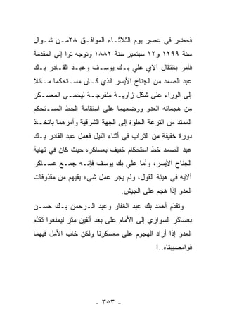 ‫ﻓﺤﻀﺭ ﻓﻲ ﻋﺼﺭ ﻴﻭﻡ ﺍﻟﺜﻼﺜـﺎﺀ ﺍﻟﻤﻭﺍﻓـﻕ ٨٢ﻤـﻥ ﺸـﻭﺍل‬
‫ﺴﻨﺔ ٩٩٢١ ﻭ٢١ ﺴﺒﺘﻤﺒﺭ ﺴﻨﺔ ٢٨٨١ ﻭﺘﻭﺠﻪ ﺘ ‪‬ﺍ ﺇﻟﻰ ﺍﻟﻤﻘﺩﻤﺔ‬
             ‫‪ ‬ﻭ‬
‫ﻓﺄﻤﺭ ﺒﺎﻨﺘﻘﺎل ﺁﻻﻱ ﻋﻠﻲ ﺒـﻙ ﻴﻭﺴـﻑ ﻭﻋﺒـﺩ ﺍﻟﻘـﺎﺩﺭ ﺒـﻙ‬
‫ﻋﺒﺩ ﺍﻟﺼﻤﺩ ﻤﻥ ﺍﻟﺠﻨﺎﺡ ﺍﻷﻴﺴﺭ ﺍﻟﺫﻱ ﻜـﺎﻥ ﻤﺴـﺘﺤﻜ ‪‬ﺎ ﻤـﺎﺌﻼ‬
‫ﹰ‬      ‫ﻤ‬
‫ﺇﻟﻰ ﺍﻟﻭﺭﺍﺀ ﻋﻠﻰ ﺸﻜل ﺯﺍﻭﻴـﺔ ﻤﻨﻔﺭﺠـﺔ ﻟﻴﺤﻤـﻲ ﺍﻟﻤﻌﺴـﻜﺭ‬
‫ﻤﻥ ﻫﺠﻤﺎﺘﻪ ﺍﻟﻌﺩﻭ ﻭﻭﻀﻌﻬﻤﺎ ﻋﻠﻰ ﺍﺴﺘﻘﺎﻤﺔ ﺍﻟﺨﻁ ﺍﻟﻤﺴـﺘﺤﻜﻡ‬
                                   ‫‪‬‬
‫ﺍﻟﻤﻤﺘﺩ ﻤﻥ ﺍﻟﺘﺭﻋﺔ ﺍﻟﺤﻠﻭﺓ ﺇﻟﻰ ﺍﻟﺠﻬﺔ ﺍﻟﺸﺭﻗﻴﺔ ﻭﺃﻤﺭﻫﻤﺎ ﺒﺎﺘﺨـﺎﺫ‬
‫ﺩﻭﺭﺓ ﺨﻔﻴﻔﺔ ﻤﻥ ﺍﻟﺘﺭﺍﺏ ﻓﻲ ﺃﺜﻨﺎﺀ ﺍﻟﻠﻴل ﻓﻌﻤل ﻋﺒﺩ ﺍﻟﻘﺎﺩﺭ ﺒـﻙ‬
‫ﻋﺒﺩ ﺍﻟﺼﻤﺩ ﺨﻁ ﺍﺴﺘﺤﻜﺎﻡ ﺨﻔﻴﻑ ﺒﻌﺴﺎﻜﺭﻩ ﺤﻴﺙ ﻜﺎﻥ ﻓﻲ ﻨﻬﺎﻴﺔ‬
‫ﺍﻟﺠﻨﺎﺡ ﺍﻷﻴﺴﺭ، ﻭﺃﻤﺎ ﻋﻠﻲ ﺒﻙ ﻴﻭﺴﻑ ﻓﺈﻨـﻪ ﺠﻤـﻊ ﻋﺴـﺎﻜﺭ‬
                               ‫‪‬‬
‫ﺁﻻﻴﻪ ﻓﻲ ﻫﻴﺌﺔ ﺍﻟﻘﻭل، ﻭﻟﻡ ﻴﺠﺭ ﻋﻤل ﺸﻲﺀ ﻴﻘﻴﻬﻡ ﻤﻥ ﻤﻘﺫﻭﻓﺎﺕ‬
                               ‫ﺍﻟﻌﺩﻭ ﺇﺫﺍ ﻫﺠﻡ ﻋﻠﻰ ﺍﻟﺠﻴﺵ.‬
                                                  ‫‪‬‬
‫ﻭﺘﻘﺩﻡ ﺃﺤﻤﺩ ﺒﻙ ﻋﺒﺩ ﺍﻟﻐﻔﺎﺭ ﻭﻋﺒﺩ ﺍﻟـﺭﺤﻤﻥ ﺒـﻙ ﺤﺴـﻥ‬
                                          ‫َ‬
                                          ‫‪‬‬
‫ﺒﻌﺴﺎﻜﺭ ﺍﻟﺴﻭﺍﺭﻱ ﺇﻟﻰ ﺍﻷﻤﺎﻡ ﻋﻠﻰ ﺒﻌﺩ ﺃﻟﻔﻴﻥ ﻤﺘﺭ ﻟﻴﻤﻨﻌﻭﺍ ﺘﻘﺩﻡ‬
 ‫‪‬‬
 ‫ُ‬
‫ﺍﻟﻌﺩﻭ ﺇﺫﺍ ﺃﺭﺍﺩ ﺍﻟﻬﺠﻭﻡ ﻋﻠﻰ ﻤﻌﺴﻜﺭﻨﺎ ﻭﻟﻜﻥ ﺨﺎﺏ ﺍﻷﻤل ﻓﻴﻬﻤﺎ‬
                                            ‫ﻓﻭﺍﻤﺼﻴﺒﺘﺎﻩ..!‬




                      ‫- ٣٥٣ -‬
 