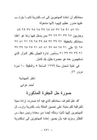 ‫ﺴﻌﺎﺩﺘﻜﻡ ﺃﻥ ﺇﻋﺎﺩﺓ ﺍﻟﻤﻬﺎﺠﺭﻴﻥ ﺇﻟﻰ ﺇﺴـﻜﻨﺩﺭﻴﺔ ﺜﺎﻨ ‪‬ـﺎ ﻴﺘﺭﺘـﺏ‬
         ‫ﻴ‬
                     ‫ﻋﻠﻴﻬﺎ ﻀﺭﺭ ﻋﻅﻴﻡ ﺇﻟﻴﻬﻡ؛ ﻷﻨﻬﺎ ﻤﺸﻐﻭﻟﺔ‬
  ‫٧٦ ٧٤ ١٩ ٥٦ ٧٣ ٧٨ ٥٦ ٩٣ ٥٦ ٥٢ ٧٣ ٩٢ ٩٨‬
‫ﻭﺠﺎﺭﻴﻴﻥ ٥٦ ٩٣ ١٣ ٩٦ ٧٣ ﺒﻤﻥ ﻴﺩﺨل ﻓﻴﻬﺎ ﻭﻫﺎ ﻫﻭ ﺃﻋﻠﻨﺎ‬
                       ‫‪‬‬
‫ﺴﻌﺎﺩﺘﻜﻡ ﺒﺎﻟﺤﻘﻴﻘﺔ ٧٢ ٩٣ ٧٣ ٥٥ ٩٣ ٥٦ ٩٦ ١٢ ١٨ ٧٢‬
‫٥٦ ﺇﻻ ﻋﻠﻰ ١٢ ٥٦ ٥٥ ٧٩ ١٨ ٧٨ ١٢ ٥٢ ٥٦ ٩٣ ٧٣‬
‫١٢ ٩٣ ٧٣ ٩٣ ١٢ ﻭﻤﺄﻤﻭﺭ ﺇﺩﺍﺭﺓ ﺍﻟﺠﻴﺵ ﺒﻜﻔﺭ ﺍﻟﺩﻭﺍﺭ ﺍﻟﺫﻱ‬
       ‫‪َ‬‬
                   ‫ﺘﺴﺘﻔﻬﻤﻭﻥ ﻋﻨﻪ ﻫﻭ ﺤﻀﺭﺓ ﺨﻠﻴل ﺒﻙ ﻜﺎﻤل.‬
‫ﻓﻲ ﻏﺎﻴﺔ ﺸﻌﺒﺎﻥ ﺴﻨﺔ ٩٩٢١ ﺍﻟﺴﺎﻋﺔ ٥ ﻭﺍﻟﺩﻗﻴﻘﺔ ٠١ ﻨﻤﺭﺓ‬
                                             ‫ﻤﺭﻭﺭ ٢٤.‬
   ‫ﻨﺎﻅﺭ ﺍﻟﺠﻬﺎﺩﻴﺔ‬
    ‫ﺃﺤﻤﺩ ﻋﺭﺍﺒﻲ‬

         ‫ﺼﻭﺭﺓ ﺤل ﺍﻟﺠﻔﺭﺓ ﺍﻟﻤﺫﻜﻭﺭﺓ‬
‫"ﻗﺩ ﻋِﻡَ ﺘﻠﻐﺭﺍﻑ ﺴﻌﺎﺩﺘﻜﻡ ﺍﻟﺫﻱ ﻓﻴﻪ ﺃﻨﻪ ﺼﺩﺭﺕ ﺇﺭﺍﺩﺓ ﺴﻨﻴﺔ‬
                                              ‫‪‬ﻠ‬
‫ﺘﻠﻐﺭﺍﻓﻴﺔ ﻟﻜﻡ ﻤﻨﺒﺌﺔ ﻋﻠﻰ ﺘﺤﺴﻴﻥ ﺍﻟﺤﺎﻟﺔ ﺒﺎﺴـﻜﻨﺩﺭﻴﺔ ﻭﺇﺭﺴـﺎل‬
‫ﺍﻟﻤﻬﺎﺠﺭﻴﻥ ﺇﻟﻴﻬﺎ ﺜﺎﻨ ‪‬ﺎ، ﻭﻤﺜﻠﻪ ﺃﻴ ‪‬ﺎ ﻤﻥ ﺴﻌﺎﺩﺓ ﺭﺌﻴﺱ ﻤﺠﻠـﺱ‬
                     ‫ﻀ‬            ‫ﻴ‬
‫ﺍﻟﻨﻅﺎﺭ ﻭﻤﺯﻴﺩ ﻓﻴﻪ ﺒﺄﻥ ﻴﺼﻴﺭ ﺇﻋﺎﺩﺓ ﺍﻟﻤﻬﺎﺠﺭﻴﻥ ﺇﻟﻰ ﺇﺴﻜﻨﺩﺭﻴﺔ‬
                                                  ‫ﱠ‬


                      ‫- ٠٥٤ -‬
 