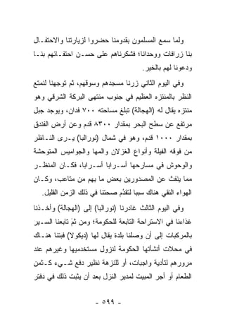 ‫ﻭﻟﻤﺎ ﺴﻤﻊ ﺍﻟﻤﺴﻠﻤﻭﻥ ﺒﻘﺩﻭﻤﻨﺎ ﺤﻀﺭﻭﺍ ﻟﺯﻴﺎﺭﺘﻨﺎ ﻭﺍﻻﺤﺘﻔـﺎل‬
                                               ‫‪‬‬
‫ﺒﻨﺎ ﺯﺭﺍﻓﺎﺕ ﻭﻭﺤﺩﺍ ﹰﺎ؛ ﻓﺸﻜﺭﻨﺎﻫﻡ ﻋﻠﻰ ﺤﺴـﻥ ﺍﺤﺘﻔـﺎﺌﻬﻡ ﺒﻨـﺎ‬
                                   ‫ﻨ‬
                                        ‫ﻭﺩﻋﻭﻨﺎ ﻟﻬﻡ ﺒﺎﻟﺨﻴﺭ.‬
‫ﻭﻓﻲ ﺍﻟﻴﻭﻡ ﺍﻟﺜﺎﻨﻲ ﺯﺭﻨﺎ ﻤﺴﺠﺩﻫﻡ ﻭﺴﻭﻗﻬﻡ، ﺜﻡ ﺘﻭﺠﻬﻨﺎ ﻟﻨﻤﺘﻊ‬
         ‫‪‬‬
‫ﺍﻟﻨﻅﺭ ﺒﺎﻟﻤﻨﺘﺯﻩ ﺍﻟﻌﻅﻴﻡ ﻓﻲ ﺠﻨﻭﺏ ﻤﻨﺘﻬﻰ ﺍﻟﺒﺭﻜﺔ ﺍﻟﺸﺭﻗﻲ ﻭﻫﻭ‬
‫ﻤﻨﺘﺯﻩ ﻴﻘﺎل ﻟﻪ )ﺍﻟﻬﺠﺎﻟﺔ( ﺘﺒﻠﻎ ﻤﺴﺎﺤﺘﻪ ٠٠٧ ﻓﺩﺍﻥ، ﻭﻴﻭﺠﺩ ﺠﺒل‬
‫ﻤﺭﺘﻔﻊ ﻋﻥ ﺴﻁﺢ ﺍﻟﺒﺤﺭ ﺒﻤﻘﺩﺍﺭ ٠٠٣٨ ﻗﺩﻡ ﻭﻋﻥ ﺃﺭﺽ ﺍﻟﻔﻨﺩﻕ‬
‫ﺒﻤﻘﺩﺍﺭ ٠٠٠١ ﻗﺩﻡ، ﻭﻫﻭ ﻓﻲ ﺸﻤﺎل )ﻨﻭﺭﺍﻟﺒﺎ( ﻴـﺭﻯ ﺍﻟﻨـﺎﻅﺭ‬
‫ﻤﻥ ﻓﻭﻗﻪ ﺍﻟﻔﻴﻠﺔ ﻭﺃﻨﻭﺍﻉ ﺍﻟﻐﺯﻻﻥ ﻭﺍﻟﻤﻬﺎ ﻭﺍﻟﺠﻭﺍﻤﻴﺱ ﺍﻟﻤﺘﻭﺤﺸﺔ‬
‫ﻭﺍﻟﻭﺤﻭﺵ ﻓﻲ ﻤﺴﺎﺭﺤﻬﺎ ﺃﺴـﺭﺍﺒﺎ ﺃﺴـﺭﺍ ‪‬ﺎ، ﻓﻜـﺎﻥ ﺍﻟﻤﻨﻅـﺭ‬
                ‫ﺒ‬        ‫‪‬‬
‫ﻤﻤﺎ ﻴﻨﻔﺙ ﻋﻥ ﺍﻟﻤﺼﺩﻭﺭﻴﻥ ﺒﻌﺽ ﻤﺎ ﺒﻬﻡ ﻤﻥ ﻤﺘﺎﻋﺏ، ﻭﻜـﺎﻥ‬
   ‫ﺍﻟﻬﻭﺍﺀ ﺍﻟﻨﻘﻲ ﻫﻨﺎﻙ ﺴﺒ ‪‬ﺎ ﻟﺘﻘﺩﻡ ﺼﺤﺘﻨﺎ ﻓﻲ ﺫﻟﻙ ﺍﻟﺯﻤﻥ ﺍﻟﻘﻠﻴل.‬
                               ‫ُ‬
                               ‫ﺒ ‪‬‬
‫ﻭﻓﻲ ﺍﻟﻴﻭﻡ ﺍﻟﺜﺎﻟﺙ ﻏﺎﺩﺭﻨﺎ )ﻨﻭﺭﺍﻟﺒﺎ( ﺇﻟﻰ )ﺍﻟﻬﺠﺎﻟﺔ( ﻭﺃﺨـﺫﻨﺎ‬
‫ﻏﺫﺍﺀﻨﺎ ﻓﻲ ﺍﻻﺴﺘﺭﺍﺤﺔ ﺍﻟﺘﺎﺒﻌﺔ ﻟﻠﺤﻜﻭﻤﺔ؛ ﻭﻤﻥ ﺜﻡ ﺘﺎﺒﻌﻨﺎ ﺍﻟﺴـﻴﺭ‬
              ‫َ‬
              ‫‪‬‬
‫ﺒﺎﻟﻤﺭﻜﺒﺎﺕ ﺇﻟﻰ ﺃﻥ ﻭﺼﻠﻨﺎ ﺒﻠﺩﺓ ﻴﻘﺎل ﻟﻬﺎ )ﺩﻴﻜﻭﻻ( ﻓﺒﺘﻨﺎ ﻫﻨـﺎﻙ‬
‫ﻓﻲ ﻤﺤﻼﺕ ﺃﻨﺸﺄﺘﻬﺎ ﺍﻟﺤﻜﻭﻤﺔ ﻟﻨﺯﻭل ﻤﺴﺘﺨﺩﻤﻴﻬﺎ ﻭﻏﻴﺭﻫﻡ ﻋﻨﺩ‬
‫ﻤﺭﻭﺭﻫﻡ ﻟﺘﺄﺩﻴﺔ ﻭﺍﺠﺒﺎﺕ، ﺃﻭ ﻟﻠﻨﺯﻫﺔ ﻨﻅﻴﺭ ﺩﻓﻊ ﺸـﻲﺀ ﻜـﺜﻤﻥ‬
‫ﺍﻟﻁﻌﺎﻡ ﺃﻭ ﺃﺠﺭ ﺍﻟﻤﺒﻴﺕ ﻟﻤﺩﻴﺭ ﺍﻟﻨﺯل ﺒﻌﺩ ﺃﻥ ﻴﺜﺒﺕ ﺫﻟﻙ ﻓﻲ ﺩﻓﺘﺭ‬


                      ‫- ٩٩٥ -‬
 