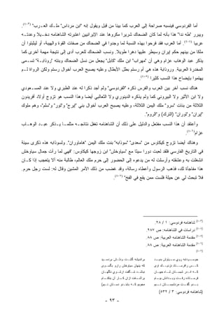 ‫ﺃﻤﺎ ﺍﻟﻔﺭﺩﻭﺴﻲ ﻓﻴﻨﺴﺒﻪ ﺼﺭﺍﺤﺔ ﺇﻟﻰ ﺍﻟﻌﺭﺏ ﻜﻤﺎ ﺒﻴﻨﺎ ﻤﻥ ﻗﺒل ﻭﻴﻘﻭل ﺇﻨﻪ "ﺍﺒﻥ ﻤﺭﺩﺍﺱ" ﻤﻠـﻙ ﺍﻟﻌـﺭﺏ" )٣٠٤(.‬
‫ﻭﻴﺒﺭﺭ "ﻁﻪ ﻨﺩﺍ" ﻫﺫﺍ ﺒﺄﻨﻪ ﻟﻤﺎ ﻜﺎﻥ ﺍﻟﻀﺤﺎﻙ ﺸﺭﻴ ‪‬ﺍ ﻤﻜﺭﻭ ‪‬ﺎ ﻋﻨﺩ ﺍﻹﻴﺭﺍﻨﻴﻴﻥ ﺍﻋﺘﺒﺭﺘﻪ ﺍﻟﺸﺎﻫﻨﺎﻤﻪ ﺩﺨـﻴﻼ ﻭﻋﺩﺘـﻪ‬
       ‫ﹰ‬                                      ‫ﻫ‬       ‫ﺭ‬
‫ﻋﺭﺒﻴﺎ )٤٠٤(. ﺃﻤﺎ ﺍﻟﻌﺭﺏ ﻓﻘﺩ ﻓﺭﺤﻭﺍ ﺒﻬﺫﻩ ﺍﻟﻨﺴﺒﺔ ﻟﻤﺎ ﻭﺠﺩﻭﺍ ﻓﻲ ﺍﻟﻀﺤﺎﻙ ﻤﻥ ﺼﻔﺎﺕ ﺍﻟﻘﻭﺓ ﻭﺍﻟﻬﻴﺒﺔ، ﺃﻭ ﻟﻴﺜﺒﺘﻭﺍ ﺃﻥ‬
                                                                                                 ‫‪‬‬
‫ﻤﻠ ﹰﺎ ﻤﻥ ﺒﻴﻨﻬﻡ ﺤﻜﻡ ﺇﻴﺭﺍﻥ ﻭﺴﻴﻁﺭ ﻋﻠﻴﻬﺎ ﺩﻫ ‪‬ﺍ ﻁﻭﻴﻼ. ﻭﻨﺴﺏ ﺍﻟﻀﺤﺎﻙ ﻟﻠﻌﺭﺏ ﺃﺩﻯ ﺇﻟﻰ ﻨﺘﻴﺠﺔ ﻤﻬﻤﺔ ﺃﺨﺭﻯ ﻜﻤﺎ‬
                                               ‫ﹰ‬     ‫ﺭ‬                                    ‫ﻜ‬
‫ﻴﺫﻜﺭ ﻋﺒﺩ ﺍﻟﻭﻫﺎﺏ ﻋﺯﺍﻡ ﻭﻫﻲ ﺃﻥ "ﻤﻬﺭﺍﺏ" ﺍﺒﻥ ﻤﻠﻙ "ﻜﺎﺒل" ‪‬ﺠﻌل ﻤﻥ ﻨﺴل ﺍﻟﻀﺤﺎﻙ ﻭﺒﻨﺘﻪ "ﺭﻭﺫﺍﺒـﺔ" ﺘﺴـﻤﻰ‬
                                       ‫ﻴ‬
‫ﺍﻟﻤﺨﺩﺭﺓ ﺍﻟﻌﺭﺒﻴﺔ. ﻭﺭﻭﺫﺍﺒﺔ ﻫﺫﻩ ﻫﻲ ﺃﻡ ﺭﺴﺘﻡ ﺒﻁل ﺍﻷﺒﻁﺎل ﻭﻋﻠﻴﻪ ﻴﺼﺒﺢ ﺍﻟﻌﺭﺏ ﺃﺨﻭﺍل ﺭﺴﺘﻡ ﻭﻟﻜﻥ ﺍﻟﺭﻭﺍﺓ ﻟـﻡ‬
                                                                      ‫ﻴﻬﺘﻤﻭﺍ ﺒﺈﻴﻀﺎﺡ ﻫﺫﺍ ﺍﻟﻨﺴﺏ ﻜﺜﻴ ‪‬ﺍ )٥٠٤(.‬
                                                                              ‫ﺭ‬
‫ﻫﻨﺎﻙ ﻨﺴﺏ ﺁﺨﺭ ﺒﻴﻥ ﺍﻟﻌﺭﺏ ﻭﺍﻟﻔﺭﺱ ﺫﻜﺭﻩ "ﺍﻟﻔﺭﺩﻭﺴﻲ" ﻭﻟﻡ ﺃﺠﺩ ﺫﻜ ‪‬ﺍ ﻟﻪ ﻋﻨﺩ ﺍﻟﻁﺒﺭﻱ ﻭﻻ ﻋﻨﺩ ﺍﻟﻤﺴـﻌﻭﺩﻱ‬
                                ‫ﺭ‬
‫ﻭﻻ ﺍﺒﻥ ﺍﻷﺜﻴﺭ ﻭﻻ ﺍﻟﺒﻴﺭﻭﻨﻲ ﻜﻤﺎ ﻭﻟﻡ ﻴﺫﻜﺭﻩ ﺍﻟﺩﻴﻨﻭﺭﻱ ﻭﻻ ﺍﻟﺜﻌﺎﻟﺒﻲ ﺃﻴ ‪‬ﺎ ﻭﻫﺫﺍ ﺍﻟﻨﺴﺏ ﻫﻭ ﺘﺯﻭﺝ ﺃﻭﻻﺩ ﺃﻓﺭﻴﺩﻭﻥ‬
                                 ‫ﻀ‬
‫ﺍﻟﺜﻼﺜﺔ ﻤﻥ ﺒﻨﺎﺕ "ﺴﺭﻭ" ﻤﻠﻙ ﺍﻟﻴﻤﻥ ﺍﻟﺜﻼﺜﺔ، ﻭﻋﻠﻴﻪ ﻴﺼﺒﺢ ﺍﻟﻌﺭﺏ ﺃﺨﻭﺍل ﺒﻨﻲ "ﺇﻴﺭﺝ" ﻭ"ﺘﻭﺭ" ﻭ"ﺴﻠﻡ"، ﻭﻫﻡ ﻤﻠﻭﻙ‬
                                                                         ‫"ﺇﻴﺭﺍﻥ" ﻭ"ﺘﻭﺭﺍﻥ" )ﺍﻟﺘﺭﻙ( ﻭ"ﺍﻟﺭﻭﻡ".‬
‫ﻭﺃﻋﺘﻘﺩ ﺃﻥ ﻫﺫﺍ ﺍﻟﻨﺴﺏ ﻤﻔﺘﻌل ﻭﺍﻟﺩﻟﻴل ﻋﻠﻰ ﺫﻟﻙ ﺃﻥ ﺍﻟﺸﺎﻫﻨﺎﻤﻪ ﺘﻐﻔل ﻨﺘﺎﺌﺠـﻪ ﻤﺜﻠﻤـﺎ ﻴـﺫﻜﺭ ﻋﺒـﺩ ﺍﻟﻭﻫـﺎﺏ‬
                                                                                                     ‫ﻋﺯﺍﻡ)٦٠٤(.‬
‫ﻭﻫﻨﺎﻙ ﺃﻴ ‪‬ﺎ ﺘﺯﻭﺝ ﻜﻴﻜﺎﻭﺱ ﻤﻥ "ﺴﻌﺩﻯ" "ﺴﻭﺫﺍﺒﻪ" ﺒﻨﺕ ﻤﻠﻙ ﺍﻟﻴﻤﻥ "ﻫﺎﻤﺎﻭﺭﺍﻥ". ﻭﻟﺴﻭﺫﺍﺒﻪ ﻫﺫﻩ ﺫﻜﺭﻯ ﺴﻴﺌﺔ‬
                                                            ‫‪ ‬‬                 ‫ﻀ‬
‫ﻓﻲ ﺍﻟﺘﺎﺭﻴﺦ ﺍﻟﻔﺎﺭﺴﻲ ﻓﻠﻘﺩ ﻟﻌﺒﺕ ﺩﻭ ‪‬ﺍ ﺴﻴ ًﺎ ﻤﻊ "ﺴﻴﺎﻭﺨﺵ" ﺍﺒﻥ ﺯﻭﺠﻬﺎ ﻜﻴﻜﺎﻭﺱ: "ﻓﻬﻲ ﻟﻤﺎ ﺭﺃﺕ ﺠﻤﺎل ﺴﻴﺎﻭﺨﺵ‬
                                                        ‫ﺭ ﺌ‬
‫ﺍﻨﺸﻐﻠﺕ ﺒﻪ ﻭﻋﺸﻘﺘﻪ ﻭﺃﺭﺴﻠﺕ ﻟﻪ ﻤﻥ ﻴﺩﻋﻭﻩ ﺇﻟﻰ ﺍﻟﺤﻀﻭﺭ ﺇﻟﻰ ﺤﺭﻡ ﻤﻠﻙ ﺍﻟﻌﺎﻟﻡ، ﻁﺎﻟﺒﺔ ﻤﻨﻪ ﺃﻻ ﻴﺘﻌﺠﺏ ﺇﺫﺍ ﻜـﺎﻥ‬
‫ﻫﺫﺍ ﻤﻔﺎﺠﺄﺓ ﻟﻙ، ﻓﺫﻫﺏ ﺍﻟﺭﺴﻭل ﻭﺃﻋﻁﺎﻩ ﺭﺴﺎﻟﺔ، ﻭﻗﺩ ﻏﻀﺏ ﻤﻥ ﺫﻟﻙ ﺍﻷﻤﺭ ﺍﻟﻤﺸﻴﻥ ﻭﻗﺎل ﻟﻪ: ﻟﺴﺕ ﺭﺠل ﺤﺭﻡ.‬
                                                    ‫ﻓﻼ ﺘﺒﺤﺙ ﻟﻲ ﻋﻥ ﺤﻴﻠﺔ ﻓﻠﺴﺕ ﻤﻤﻥ ﻴﻘﻊ ﻓﻲ ﺍﻟﻔﺦ" )٧٠٤(.‬




                                                                                                              ‫)٣٠٤(‬
                                                                                  ‫ﺸﺎﻫﻨﺎﻤﻪ ﻓﺭﺩﻭﺴﻲ: ١ / ٨٢.‬
                                                                                                              ‫)٤٠٤(‬
                                                                             ‫ﺩﺭﺍﺴﺎﺕ ﻓﻲ ﺍﻟﺸﺎﻫﻨﺎﻤﻪ: ﺹ ٧٨٢.‬
                                                                                                              ‫)٥٠٤(‬
                                                                             ‫ﻤﻘﺩﻤﺔ ﺍﻟﺸﺎﻫﻨﺎﻤﻪ ﺍﻟﻌﺭﺒﻴﺔ: ﺹ ٨٨.‬
                                                                                                              ‫)٦٠٤(‬
                                                                             ‫ﻤﻘﺩﻤﺔ ﺍﻟﺸﺎﻫﻨﺎﻤﻪ ﺍﻟﻌﺭﺒﻴﺔ: ﺹ ٨٨.‬
                                                                                                              ‫)٧٠٤(‬

                                            ‫ﺒﺭﺍﻨﺩﻴﺸﻪ ﮔﺸـﺕ ﻭﺩﻟـﺵ ﺒﺭﺩﺴـﻴﺩ‬           ‫ـﻭﺩﺍﺒﻪ ﺭﻭﻱ ـﻴﺎﻭﺵ ـﺩ‬
                                                                                   ‫ﺒﺩﻴـ‬  ‫ﺴـ‬         ‫ﺠﻭﺴـ‬
                                            ‫ﻜﻪ ﻴﻨﻬﺎﻥ ﺴﻴﺎﻭﺨﺵ ﺭﺍﺭﻭ ﺒﮕﺴـﻭﻯ‬           ‫ﻜــﺱ ﺭﺍﻓﺭﺴــﺘﺎﺩ ﻨﺯﺩﻴــﻙ ﺍﻭﻯ‬
                                            ‫ﻨﺒﺎﺸـﺩ ﺸـﮕﻔﺕ ﺍﺭﺸـﻭﻱ ﻨﺎﮔﻬـﺎﻥ‬
                                              ‫ـ‬       ‫ـ‬       ‫ـ ـ‬                 ‫ﻜـﻪ ﺍﻨـﺩﺭ ﺸﺒﺴـﺘﺎﻥ ﺸـﺎﻩ ﺠﻬـﺎﻥ‬
                                                                                    ‫ـ‬     ‫ـ‬     ‫ـ‬      ‫ـ ـ‬
                                            ‫ـﺎﻡ‬
                                              ‫ـﻔﺕ ﺍﺯﺍﻥ ـﺎﺭ ﺁﻥ ﺒﻨﻜﻨـ‬
                                                         ‫ﻜـ‬       ‫ﺒﺭﺁﺸـ‬           ‫ـﺘﺎﺩﻩ ـﺕ ـﺩﺍﺩﺵ ـﺎﻡ‬
                                                                                    ‫ﺒﻴـ‬   ‫ﺭﻓـ ﻭﺒـ‬  ‫ﻓﺭﺴـ‬
                                            ‫ﻤﺠﻭﻴﻡ ﻜـﻪ ﺒﺎﺒﻨـﺩﻭ ﺩﺴـﺘﺎﻥ ﻨـﻴﻡ(‬        ‫ـﺘﺎﻥ ـﻴﻡ‬
                                                                                     ‫ﻨـ‬   ‫ـﺩﻭ ـﺕ ﻤﺭﺩﺸﺒﺴـ‬
                                                                                                    ‫ﺒـ ﮔﻔـ‬

                                                                                     ‫)ﺸﺎﻫﻨﺎﻤﻪ ﻓﺭﺩﻭﺴﻲ: ٣ / ٢٣٥(‬
                                              ‫- ٣٩ -‬
 