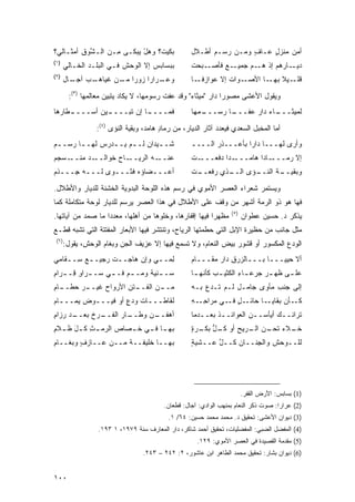 ‫ﺒﻜﻴ‪‬ﺕ؟ ﻭﻫل ﻴﺒ‪‬ﻜـﻰ ِـﻥ ﺍﻟـ ﱠﻭﻕ ﺃﻤﺜـﺎﻟﻲ؟‬
         ‫ﻤ ‪ ‬ﺸ ِ‬          ‫‪ ْ‬‬      ‫‪‬ﹶ‬              ‫ﺃﻤﻥ ﻤﻨﺯل ﻋـﺎﻑ ﻭﻤـﻥ ﺭﺴ‪‬ـﻡ ﺃﻁـﻼل‬
                                                              ‫‪‬‬      ‫ٍ‬    ‫ٍ‬
‫)١(‬
       ‫‪‬ﺒﺴﺎ ‪‬ﺱ ﺇﻻ ﺍﻟﻭ ‪‬ﺵ ﻓـﻲ ﺍﻟﺒﻠـﺩ ﺍﻟﺨـﺎﻟﻲ‬
                          ‫ﺤ ﹶ‬        ‫ﺒ ﺒ‬            ‫ـﺒﺤﺕ‬
                                                    ‫ﹾ‬   ‫ـﻊ ﻓﺄﺼـ‬
                                                             ‫ـﺎﺭﻫﻡ ﺇﺫ ـﻡ ﺠﻤﻴـ ‪‬‬
                                                                      ‫ﻫـ‬       ‫ﺩﻴـ‬
‫)٢(‬
       ‫ـﺏ ـﺎل‬
         ‫ـﺭﺍ ‪‬ﺍ ﺯﻭ ‪‬ﺍ ـﻥ ﻏﻴﺎﻫـ ﺁﺠـ‬
                    ‫ﻭﻋـ ﺭ ﺭ ﻤـ‬                      ‫ـﻭﺍﺕ ﺇﻻ ﻋﻭﺍﺯﻓ ـﺎ‬
                                                      ‫ﹰـ‬            ‫ﻗ ـﻴﻼ ـﺎ ﺍﻷﺼـ‬
                                                                           ‫ﻠـ ﹰ ﺒﻬـ‬

        ‫ﻭﻴﻘﻭل ﺍﻷﻋﺸﻰ ﻤﺼﻭ ‪‬ﺍ ﺩﺍﺭ "ﻤﻴﺜﺎﺀ" ﻭﻗﺩ ﻋﻔﺕ ﺭﺴﻭﻤﻬﺎ، ﻻ ﻴﻜﺎﺩ ﻴﺘﺒﻴﻥ ﻤﻌﺎﻟﻤﻬﺎ )٣(:‬
                                                               ‫ﺭ‬
‫ـﻁﺎﺭﻫﺎ‬
     ‫ـ ‪‬ﻥ ﺃﺴــــ‬
            ‫ـﺎ ﺇﻥ ﺘﺒــــ ﻴ ‪‬‬
                           ‫ﻓﻤــــ‬                   ‫ـﻤﻬﺎ‬
                                                       ‫ـﺎ ﺭﺴـــ‬
                                                              ‫ـﺎﺀ ﺩﺍﺭ ﻋﻔـــ‬
                                                                    ‫‪‬‬     ‫ﻟﻤﻴﺜـــ‬

                  ‫ﺃﻤﺎ ﺍﻟﻤﺨﺒل ﺍﻟﺴﻌﺩﻱ ﻓﻴﻌﺩﺩ ﺁﺜﺎﺭ ﺍﻟﺩﻴﺎﺭ، ﻤﻥ ﺭﻤﺎﺩ ﻫﺎﻤﺩ، ﻭﺒﻘﻴﺔ ﺍﻟﻨﺅﻯ )٤(:‬
                                         ‫ٍ‬
‫ﹶـ ـﻴﺩﺍﻥ ﻟـ ـﻡ ﻴـ ـﺩﺭﺱ ﻟﻬـ ـﺎ ﺭﺴ‪‬ـ ـﻡ‬
‫‪‬‬        ‫ـ‬     ‫ـ ‪ ‬‬    ‫ـ‬        ‫ﺸ ـ‬                ‫ﻭﺃﺭﻯ ﻟﻬـــﺎ ﺩﺍ ‪‬ﺍ ﺒﺄﻋـــﺫﺭ ﺍﻟــــ‬
                                                                     ‫ﺭ‬
‫ـﺩ ﻤﻨ ـﺴﺠﻡ‬
‫ـﺎﺡ ﺨﻭﺍﻟــ ‪  ‬ﹾــ ‪ ‬‬‫ـﻪ ﺍﻟﺭﻴــ‬
                             ‫ﻋﻨــ ‪‬‬                 ‫ـﺕ‬
                                                    ‫ـ ‪‬ﺍ ﺩﻓﻌـــ ﹾ‬
                                                              ‫ـﺎ ‪‬ﺍ ﻫﺎﻤـــ ﺩ‬
                                                                        ‫ﺇﻻ ﺭﻤـــ ﺩ‬
‫ﺃﻋـــﻀﺎﺅﻩ ﻓﺜـــﻭﻯ ﻟـــﻪ ِـــﺫﻡ‬
‫‪‬‬    ‫ﺠ‬                                              ‫ـﺫﻱ ﺭ ـﺕ‬
                                                    ‫‪‬ﻓﻌــ ﹾ‬ ‫ـﺅﻯ ﺍﻟــ‬
                                                                   ‫ـﺔ ﺍﻟﻨــ‬
                                                                         ‫ﻭﺒﻘﻴــ ﹶ‬

‫ﻭﻴﺴﺘﻤﺭ ﺸﻌﺭﺍﺀ ﺍﻟﻌﺼﺭ ﺍﻷﻤﻭﻱ ﻓﻲ ﺭﺴﻡ ﻫﺫﻩ ﺍﻟﻠﻭﺤﺔ ﺍﻟﺒﺩﻭﻴﺔ ﺍﻟﺨﺸﻨﺔ ﻟﻠﺩﻴﺎﺭ ﻭﺍﻷﻁﻼل.‬
‫ﻓﻬﺎ ﻫﻭ ﺫﻭ ﺍﻟﺭﻤﺔ ﺃﺸﻬﺭ ﻤﻥ ﻭﻗﻑ ﻋﻠﻰ ﺍﻷﻁﻼل ﻓﻲ ﻫﺫﺍ ﺍﻟﻌﺼﺭ ﻴﺭﺴﻡ ﻟﻠﺩﻴﺎﺭ ﻟﻭﺤﺔ ﻤﺘﻜﺎﻤﻠﺔ ﻜﻤﺎ‬
                                                                    ‫)٥(‬
‫ﻤﻅﻬ ‪‬ﺍ ﻓﻴﻬﺎ ﺇﻗﻔﺎﺭﻫﺎ، ﻭﺨﻠﻭﻫﺎ ﻤﻥ ﺃﻫﻠﻬﺎ، ﻤﻌﺩ ‪‬ﺍ ﻤﺎ ﺼﻤﺩ ﻤﻥ ﺁﻴﺎﺘﻬﺎ.‬
                   ‫ﺩ‬                                     ‫ﺭ‬                ‫ﻴﺫﻜﺭ ﺩ. ﺤﺴﻴﻥ ﻋﻁﻭﺍﻥ‬
‫ﻤﺜل ﺠﺎﻨﺏ ﻤﻥ ﺤﻅﻴﺭﺓ ﺍﻹﺒل ﺍﻟﺘﻲ ﺤﻁﻤﺘﻬﺎ ﺍﻟﺭﻴﺎﺡ، ﻭﺘﻨﺘﺸﺭ ﻓﻴﻬﺎ ﺍﻷﺒﻌﺎﺭ ﺍﻟﻤﻔﺘﺘﺔ ﺍﻟﺘﻲ ﺘﺸﺒﻪ ﻗﻁـﻊ‬
 ‫)٦(‬
       ‫ﺍﻟﻭﺩﻉ ﺍﻟﻤﻜﺴﻭﺭ ﺃﻭ ﻗﺸﻭﺭ ﺒﻴﺽ ﺍﻟﻨﻌﺎﻡ، ﻭﻻ ﺘﺴﻤﻊ ﻓﻴﻬﺎ ﺇﻻ ﻋﺯﻴﻑ ﺍﻟﺠﻥ ﻭ ‪‬ﻐﺎﻡ ﺍﻟﻭﺤﺵ، ﻴﻘﻭل:‬
                       ‫ﺒ‬
‫ﻟ ‪‬ــﻲ ﻭﺇﻥ ﻫﺎﺠــﺕ ﺭﺠﻴــﻊ ِــﻘﺎﻤﻲ‬
    ‫ـ ﺴ ـ‬      ‫ﹾ‬           ‫ِﻤ ـ‬                     ‫ﺃﻻ ﺤ ‪‬ﻴـــﺎ ﺒـــﺎﻟ ‪‬ﺭﻕ ﺩﺍﺭ ‪‬ﻘـــﺎﻡ‬
                                                          ‫ﺯ ِ ‪‬ﻤ‬                ‫‪‬ﻴ‬
‫ﺴـ ـﻨ ‪‬ﺔ ﻭ ‪‬ـ ـﻡ ﻓـ ـﻲ ﺴـ ـﺭﺍﻭ ِـ ـﺭﺍﻡ‬
‫ـ ِﻗ ـ ِ‬         ‫ـ‬     ‫ـ ﻴ ‪‬ﻤ ـ‬                     ‫ﻋﻠ ـﻰ ﻅﻬ ـﺭ ﺠﺭ‪‬ﻋ ـﺎﺀ ﺍﻟﻜﺜﻴ ـﺏ ﻜﺄﻨﻬ ـﺎ‬
                                                     ‫ـ‬       ‫ـ‬       ‫ـ ‪ ‬ـ ِ‬         ‫ـ‬
‫ـﺭ ﺤ ـﺎﻡ‬
‫ـﺘﻥ ﺍﻷﺭﻭﺍﺡ ﻏﻴــ ‪‬ﻁــ ِ‬
            ‫‪‬‬        ‫ـﻥ ﺍﻟﻔــ‬
                            ‫ﻤــ‬                     ‫ﺇﻟﻰ ﺠﻨﺏ ﻤﺄﻭﻯ ﺠﺎﻤـل ﻟـﻡ ﺘـﺩﻉ ﺒـﻪ‬
                                                                 ‫ِ‬          ‫ِ‬
‫ﹸﻘﺎﻁـــﺎﺕ ﻭﺩﻉ ﺃﻭ ﻓﻴـــﻭﺽ ﻴﻤـــﺎﻡ‬
  ‫ـ‬     ‫ـ ‪‬‬        ‫ـ ﹸ ‪ٍ ‬‬    ‫ﻟ‬                    ‫ـل ـﻲ ﻤ ‪‬ﺍﺤ ـ ِ‬
                                                    ‫‪‬ﺭ ِـ ﻪ‬     ‫ـﺎ ﺤﺎﺌـ ٍ ﻓـ‬‫ـﺄﻥ ﺒﻘﺎﻴـ‬‫ﻜـ‬
‫ـﺩ ‪‬ﺯﺍﻡ‬
‫ـﺎﺭ ﺍﻟﻔ ـﺭﺥ ﺒﻌــ ﺭ ِ‬
         ‫ﹶــ ‪ ‬ﹸ‬   ‫ﺃﻫﻔ ـﻥ ﻭﻁــ‬
                        ‫‪ ‬ﹾــ ‪‬‬                     ‫ﺘﺭﺍﺌــﻙ ﺃﻴﺄﺴ‪‬ــﻥ ﺍﻟﻌﻭﺍﺌــﺫ ﺒﻌــﺩﻤﺎ‬
                                                       ‫ـ‬     ‫ـ‬         ‫ـ‬        ‫ـ‬
‫ﺒﻬ ـﺎ ﻓ ـﻲ ﺨ ـﺼﺎﺹ ﺍﻟ ‪‬ﻤ ـﺙ ﻜ ـل ﻅ ـﻼﻡ‬
‫ِ ﹸ َ ـ ِ‬      ‫ﺭ‬       ‫ـ‬         ‫ـ‬                  ‫ـﻼﺀ ـﻥ ـﺭﻴﺢ ﺃﻭ ـل ﺒ ـﺭﺓ‬
                                                    ‫ﺨـ ‪ ‬ﺘﺤـ ‪ ‬ﺍﻟـ ‪ ‬ﻜـ ﱡ ‪‬ﻜـ ٍ‬
‫ﺒﻬــﺎ ﺨﻠﻴﻔــﺔ ﻤــﻥ ﻋــﺎﺯﻑ ﻭ ‪‬ﻐــﺎﻡ‬
‫ِ‬    ‫ٍ ﺒ‬             ‫ﹲ‬                              ‫ﻟﻠــﻭﺤﺵ ﻭﺍﻟ ِﻨــﺎﻥ ﻜــل ﻋــﺸﻴﺔ‬
                                                    ‫ٍ‬      ‫ﱠ‬         ‫ﺠ‬




                                                                          ‫)1( ﺒﺴﺎﺒﺱ: ﺍﻷﺭﺽ ﺍﻟﻘﻔﺭ.‬
                                          ‫)2( ﻋﺭﺍ ‪‬ﺍ: ﺼﻭﺕ ﺫﻜﺭ ﺍﻟﻨﻌﺎﻡ ﺒﻤﻨﻬﺏ ﺍﻟﻭﺍﺩﻱ: ﺁﺠﺎل: ﻗﻁﻌﺎﻥ.‬
                                                                                      ‫ﺭ‬
                                            ‫)3( ﺩﻴﻭﺍﻥ ﺍﻷﻋﺸﻰ: ﺘﺤﻘﻴﻕ ﺩ. ﻤﺤﻤﺩ ﻤﺤﻤﺩ ﺤﺴﻴﻥ: ٤٦/ ١.‬
                  ‫)4( ﺍﻟﻤﻔﻀل ﺍﻟﻀﺒﻲ: ﺍﻟﻤﻔﻀﻠﻴﺎﺕ، ﺘﺤﻘﻴﻕ ﺃﺤﻤﺩ ﺸﺎﻜﺭ، ﺩﺍﺭ ﺍﻟﻤﻌﺎﺭﻑ ﺴﻨﺔ ٩٧٩١، ١ ٣٩١.‬
                                                      ‫)5( ﻤﻘﺩﻤﺔ ﺍﻟﻘﺼﻴﺩﺓ ﻓﻲ ﺍﻟﻌﺼﺭ ﺍﻷﻤﻭﻱ: ٩٢١.‬
                                  ‫)6( ﺩﻴﻭﺍﻥ ﺒﺸﺎﺭ: ﺘﺤﻘﻴﻕ ﻤﺤﻤﺩ ﺍﻟﻁﺎﻫﺭ ﺍﺒﻥ ﻋﺎﺸﻭﺭ، ٢: ٢٤٢ – ٣٤٢.‬


‫٠٠١‬
 