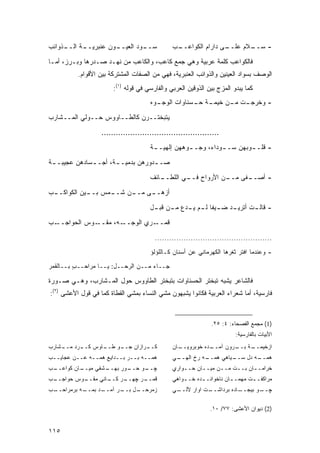 ‫ـﺫﻭﺍﺌﺏ‬
     ‫ـﺔ ﺍﻟــ‬
           ‫ـﻭﻥ ﻋﻨﺒﺭﻴــ‬
                     ‫ـﻭﺩ ﺍﻟﻌﻴــ‬
                              ‫ﺴــ‬               ‫ـﺏ‬
                                                 ‫ـﻰ ﺩﺍﺭﺍﻡ ﺍﻟﻜﻭﺍﻋــ‬
                                                                 ‫ـﻼﻡ ﻋﻠــ‬
                                                                        ‫- ﺴــ‬

‫ﻓﺎﻟﻜﻭﺍﻋﺏ ﻜﻠﻤﺔ ﻋﺭﺒﻴﺔ ﻭﻫﻲ ﺠﻤﻊ ﻜﺎﻋﺏ، ﻭﺍﻟﻜﺎﻋﺏ ﻤﻥ ﻨﻬـﺩ ﺼـﺩﺭﻫﺎ ﻭﺒـﺭﺯ، ﺃﻤـﺎ‬
          ‫ﺍﻟﻭﺼﻑ ﺒﺴﻭﺍﺩ ﺍﻟﻌﻴﻨﻴﻥ ﻭﺍﻟﺫﻭﺍﺌﺏ ﺍﻟﻌﻨﺒﺭﻴﺔ، ﻓﻬﻲ ﻤﻥ ﺍﻟﺼﻔﺎﺕ ﺍﻟﻤﺸﺘﺭﻜﺔ ﺒﻴﻥ ﺍﻷﻗﻭﺍﻡ.‬
                       ‫ﻜﻤﺎ ﻴﺒﺩﻭ ﺍﻟﻤﺯﺝ ﺒﻴﻥ ﺍﻟﺫﻭﻗﻴﻥ ﺍﻟﻌﺭﺒﻲ ﻭﺍﻟﻔﺎﺭﺴﻲ ﻓﻲ ﻗﻭﻟﻪ )١(:‬
                                       ‫ـﻭﻩ‬
                                         ‫ـﺔ ـﺴﻨﺎﻭﺍﺕ ﺍﻟﻭﺠـ‬
                                                     ‫ـﺕ ـﻥ ﺨﻴﻤـ ﺤـ‬
                                                              ‫- ﻭﺨﺭﺠـ ﻤـ‬

‫ﻴﺘﺒﺨﺘــﺭﻥ ﻜﺎﻟﻁــﺎﻭﻭﺱ ﺤــﻭﻟﻲ ﺍﻟﻤــﺸﺎﺭﺏ‬
                   ‫.................................................‬
                                       ‫- ﻗﻠـ ـﻭﺒﻬﻥ ﺴـ ـﻭﺩﺍﺀ، ﻭﺠـ ـﻭﻫﻬﻥ ﺇﻟﻬﻴـ ـﺔ‬
                                        ‫ـ‬           ‫ـ‬          ‫ـ‬        ‫ـ‬

‫ﺼـ ـﺩﻭﺭﻫﻥ ﺒﺩﻤﻴـ ـﺔ، ﺃﺠـ ـﺴﺎﺩﻫﻥ ﻋﺠﻴﺒـ ـﺔ‬
 ‫ـ‬            ‫ـ‬       ‫ـ‬            ‫ـ‬
                                       ‫ـﺎﺌﻑ‬
                                          ‫ـﻔﻰ ـﻥ ﺍﻷﺭﻭﺍﺡ ـﻲ ﺍﻟﻠﻁــ‬
                                                  ‫ﻓــ‬       ‫- ﺃﺼــ ﻤــ‬
‫ـﺏ‬
 ‫ـﻤﺱ ـﻴﻥ ﺍﻟﻜﻭﺍﻜــ‬
            ‫ﺒــ‬ ‫ـﻰ ـﻥ ﺸــ‬
                     ‫ﺃﺯﻫــ ﻤــ‬

                                       ‫ـﺩ ـﻴ ﹰﺎ ـﻡ ـﺩﻉ ـﻥ ـل‬
                                        ‫- ـﺕ ﺃﺘﺭﻴـ ﻀـ ﻔ ﻟـ ﻴـ ﻤـ ﻗﺒـ‬
                                                                 ‫ﻗﺎﻟـ‬
‫ـﺏ‬‫ـﻭﺱ ﺍﻟﺤﻭﺍﺠــ‬‫ـﻪ، ﻤﻘــ‬‫ـﺭﻱ ﺍﻟﻭﺠــ‬‫ﻗﻤــ‬

                                         ‫.................................................‬
                                       ‫- ﻭﻋﻨﺩﻤﺎ ﺍﻓﺘﺭ ﺜﻐﺭﻫﺎ ﺍﻟﻜﻬﺭﻤﺎﻨﻲ ﻋﻥ ﺃﺴﻨﺎﻥ ﻜـﺎﻟﻠﺅﻟﺅ‬

‫ﺠــﺎﺀ ﻤــﻥ ﺍﻟﺭﺤــل: ﻴــﺎ ﻤﺭﺍﺤــﺏ ﺒــﺎﻟﻘﻤﺭ‬
         ‫ٍ‬

‫ﻓﺎﻟﺸﺎﻋﺭ ﻴﺸﺒﻪ ﺘﺒﺨﺘﺭ ﺍﻟﺤﺴﻨﺎﻭﺍﺕ ﺒﺘﺒﺨﺘﺭ ﺍﻟﻁﺎﻭﻭﺱ ﺤﻭل ﺍﻟﻤـﺸﺎﺭﺏ، ﻭﻫـﻲ ﺼـﻭﺭﺓ‬
‫ﻓﺎﺭﺴﻴﺔ، ﺃﻤﺎ ﺸﻌﺭﺍﺀ ﺍﻟﻌﺭﺒﻴﺔ ﻓﻜﺎﻨﻭﺍ ﻴﺸﺒﻬﻭﻥ ﻤﺸﻲ ﺍﻟﻨﺴﺎﺀ ﺒﻤﺸﻲ ﺍﻟﻘﻁﺎﺓ ﻜﻤﺎ ﻓﻲ ﻗﻭل ﺍﻷﻋﺸﻰ )٢(:‬



                                                                ‫)1( ﻤﺠﻤﻊ ﺍﻟﻔﺼﺤﺎﺀ: ٤: ٥٢.‬
                                                                          ‫ﺍﻷﺒﻴﺎﺕ ﺒﺎﻟﻔﺎﺭﺴﻴﺔ:‬
‫ـﺎﻭﺱ ـﺭﺩ ـﺸﺎﺭﺏ‬
    ‫ﻜــ ﻤــ‬  ‫ـﻭ ﻁــ‬
                  ‫ـﺭﺍﺯﺍﻥ ﺠــ‬
                           ‫ﻜــ‬                  ‫ـﺎﻥ‬
                                                  ‫ـﺩﻩ ﺨﻭﺒﺭﻭﻴــ‬
                                                             ‫ـﺔ ـﺭﻭﻥ ﺁﻤــ‬
                                                                     ‫ﺍﺯﺨﻴﻤــ ﺒــ‬
‫ﻫﻤــﻪ ﺒــﺭ ﺒــﺩﺍﻴﻊ ﻫﻤــﻪ ﻋــﻥ ﻋﺠﺎﻴــﺏ‬           ‫ـﻲ‬
                                                 ‫ـﻪ ﺭﺥ ﺍﻟﻬــ‬
                                                           ‫ـﻴﺎﻫﻲ ﻫﻤــ‬
                                                                    ‫ـﻪ ﺩل ﺴــ‬
                                                                            ‫ﻫﻤــ‬
‫ـﺏ‬
 ‫ـﺎﻥ ﻜﻭﺍﻋــ‬
          ‫ـﺸﻔﻲ ﻤﻴــ‬
                  ‫ـﻭﺭ ﺒﻬــ‬
                         ‫ـﻭ ﺤــ‬
                              ‫ﭽــ‬               ‫ﺨﺭﺍﻤــﺎﻥ ﺒــﺕ ﻤــﻥ ﻤﻴــﺎﻥ ﺤــﻭﺍﺭﻱ‬
                                                    ‫ـ‬     ‫ـ‬     ‫ـ‬    ‫ـ‬     ‫ـ‬
‫ـﺏ‬
 ‫ـﻭﺱ ﺤﻭﺍﺠــ‬
          ‫ـﺭ ـﺎﻨﻲ ﻤﻘــ‬
                  ‫ـﺭ ﭽﻬــ ﻜــ‬
                            ‫ﻗﻤــ‬                ‫ﻤﺭﺍﻜﻔـ ـﺕ ﻤﻬﻤـ ـﺎﻥ ﻨﺎﺨﻭﺍﻨـ ـﺩﻩ ﺨـ ـﻭﺍﻫﻲ‬
                                                    ‫ـ‬      ‫ـ‬           ‫ـ‬       ‫ـ‬
‫ـﺏ‬
 ‫ـﻪ ﺒﺭﻤﺭﺍﺤــ‬
           ‫ـﺩ ﺒﻤــ‬
                 ‫ـل ـﺭ ﺁﻤــ‬
                       ‫ﺯﻤﺭﺤــ ﺒــ‬               ‫ـﻲ‬
                                                 ‫ـﺕ ﺍﻭﺍﺭ ﻵﻟــ‬
                                                            ‫ـﻭ ﺒﻴ ـﺎﺩﻩ ﺒﺭﺩﺍﺸــ‬
                                                                       ‫ﺠــ‬   ‫ﭽــ‬

                                                                ‫)2( ﺩﻴﻭﺍﻥ ﺍﻷﻋﺸﻰ: ٧٧/ ٠١.‬


‫٥١١‬
 