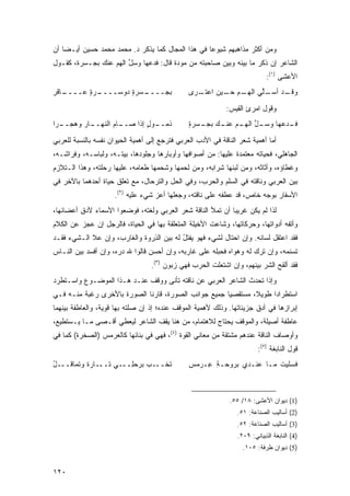 ‫ﻭﻤﻥ ﺃﻜﺜﺭ ﻤﺫﺍﻫﺒﻬﻡ ﺸﻴﻭ ‪‬ﺎ ﻓﻲ ﻫﺫﺍ ﺍﻟﻤﺠﺎل ﻜﻤﺎ ﻴﺫﻜﺭ ﺩ. ﻤﺤﻤﺩ ﻤﺤﻤﺩ ﺤﺴﻴﻥ ﺃﻴـ ‪‬ﺎ ﺃﻥ‬
    ‫ﻀ‬                                               ‫ﻋ‬
‫ﺍﻟﺸﺎﻋﺭ ﺇﻥ ﺫﻜﺭ ﻤﺎ ﺒﻴﻨﻪ ﻭﺒﻴﻥ ﺼﺎﺤﺒﺘﻪ ﻤﻥ ﻤﻭﺩﺓ ﻗﺎل: ﻓﺩﻋﻬﺎ ﻭﺴل ﺍﻟﻬﻡ ﻋﻨﻙ ﺒﺠـﺴﺭﺓ، ﻜﻘـﻭل‬
                       ‫ﱢ‬                                              ‫‪‬‬
                                                                             ‫ﺍﻷﻋﺸﻰ )١(:‬
‫ـﺎﻗﺭ‬
‫ـﺭﺓ ﻋــــ ِ‬
        ‫ـﺴ‪‬ﺭﺓ ﺩﻭ ‪‬ــــ ٍ‬
              ‫ﺒ ‪‬ــــ ٍ ‪ ‬ﺴ‬
                         ‫ﺠ‬                     ‫ـﺭﻯ‬
                                                 ‫ـﻡ ـﻴﻥ ﺍﻋﺘـ‬
                                                        ‫ﻭﻗ ـﺩ ـﱢﻲ ﺍﻟﻬـ ‪ ‬ﺤـ‬
                                                                   ‫ﹶـ ‪ ‬ﺃﺴـ ﻠ‬

                                                             ‫ﻭﻗﻭل ﺍﻤﺭﺉ ﺍﻟﻘﻴﺱ:‬
‫ـﺎﺭ ﻭﻫﺠ ـﺭﺍ‬
  ‫‪ ‬ــ‬   ‫ـﺎﻡ ﺍﻟﻨﻬــ‬
                   ‫ـﻭل ﺇﺫﺍ ﺼــ‬
                           ‫ﺫﻤــ ٍ‬              ‫ـل ـﻡ ﻋﻨ ـﻙ ﺒﺠ ـﺴﺭﺓ‬
                                               ‫‪‬ـ ‪ٍ  ‬‬ ‫ـﺩﻋﻬﺎ ﻭﺴـ ﱢ ﺍﻟﻬـ ‪  ‬ﹾـ‬
                                                                              ‫ﻓـ‬

‫ﺃﻤﺎ ﺃﻫﻤﻴﺔ ﺸﻌﺭ ﺍﻟﻨﺎﻗﺔ ﻓﻲ ﺍﻷﺩﺏ ﺍﻟﻌﺭﺒﻲ ﻓﺘﺭﺠﻊ ﺇﻟﻰ ﺃﻫﻤﻴﺔ ﺍﻟﺤﻴﻭﺍﻥ ﻨﻔﺴﻪ ﺒﺎﻟﻨﺴﺒﺔ ﻟﻠﻌﺭﺒﻲ‬
‫ﺍﻟﺠﺎﻫﻠﻲ، ﻓﺤﻴﺎﺘﻪ ﻤﻌﺘﻤﺩﺓ ﻋﻠﻴﻬﺎ: ﻤﻥ ﺃﺼﻭﺍﻓﻬﺎ ﻭﺃﻭﺒﺎﺭﻫﺎ ﻭﺠﻠﻭﺩﻫﺎ، ﺒﻴﺘـﻪ، ﻭﻟﺒﺎﺴـﻪ، ﻭﻓﺭﺍﺸـﻪ،‬
‫ﻭﻏﻁﺎﺅﻩ، ﻭﺃﺜﺎﺜﻪ، ﻭﻤﻥ ﻟﺒﻨﻬﺎ ﺸﺭﺍﺒﻪ، ﻭﻤﻥ ﻟﺤﻤﻬﺎ ﻭﺸﺤﻤﻬﺎ ﻁﻌﺎﻤﻪ، ﻋﻠﻴﻬﺎ ﺭﺤﻠﺘﻪ، ﻭﻫﺫﺍ ﺍﻟـﺘﻼﺯﻡ‬
‫ﺒﻴﻥ ﺍﻟﻌﺭﺒﻲ ﻭﻨﺎﻗﺘﻪ ﻓﻲ ﺍﻟﺴﻠﻡ ﻭﺍﻟﺤﺭﺏ، ﻭﻓﻲ ﺍﻟﺤل ﻭﺍﻟﺘﺭﺤﺎل، ﻤﻊ ﺘﻌﻠﻕ ﺤﻴﺎﺓ ﺃﺤﺩﻫﻤﺎ ﺒﺎﻵﺨﺭ ﻓﻲ‬
                     ‫ﺍﻷﺴﻔﺎﺭ ﺒﻭﺠﻪ ﺨﺎﺹ، ﻗﺩ ﻋﻁﻔﻪ ﻋﻠﻰ ﻨﺎﻗﺘﻪ، ﻭﺠﻌﻠﻬﺎ ﺃﻋﺯ ﺸﻲﺀ ﻋﻠﻴﻪ )٢(.‬
‫ﻟﺫﺍ ﻟﻡ ﻴﻜﻥ ﻏﺭﻴ ‪‬ﺎ ﺃﻥ ﺘﻤﻸ ﺍﻟﻨﺎﻗﺔ ﺸﻌﺭ ﺍﻟﻌﺭﺒﻲ ﻭﻟﻐﺘﻪ، ﻓﻭﻀﻌﻭﺍ ﺍﻷﺴﻤﺎﺀ ﻷﺩﻕ ﺃﻋﻀﺎﺌﻬﺎ،‬
                                                            ‫ﺒ‬
‫ﻭﺃﺘﻔﻪ ﺃﺩﻭﺍﺘﻬﺎ، ﻭﺤﺭﻜﺎﺘﻬﺎ، ﻭﺸﺎﻋﺕ ﺍﻷﺨﻴﻠﺔ ﺍﻟﻤﺘﻌﻠﻘﺔ ﺒﻬﺎ ﻓﻲ ﺍﻟﺤﻴﺎﺓ، ﻓﺎﻟﺭﺠل ﺇﻥ ﻋﺠﺯ ﻋﻥ ﺍﻟﻜﻼﻡ‬
‫ﻓﻘﺩ ﺍﻋﺘﻘل ﻟﺴﺎﻨﻪ. ﻭﺇﻥ ﺍﺤﺘﺎل ﻟﺸﻲﺀ ﻓﻬﻭ ‪‬ﻔﺘل ﻟﻪ ﺒﻴﻥ ﺍﻟ ِﺭﻭﺓ ﻭﺍﻟﻐﺎﺭﺏ، ﻭﺇﻥ ﻋﻼ ﺍﻟـﺸﻲﺀ ﻓﻘـﺩ‬
                               ‫ﺫ‬           ‫ﻴ ُ‬
‫ﺘﺴﻨﻤﻪ، ﻭﺇﻥ ﹸﺭﻙ ﻟﻪ ﻭﻫﻭﺍﻩ ﻓﺤﺒﻠﻪ ﻋﻠﻰ ﻏﺎﺭﺒﻪ، ﻭﺇﻥ ﺃﺤﺴﻥ ﻗﺎﻟﻭﺍ ﷲ ﺩﺭﻩ، ﻭﺇﻥ ﺃﻓﺴﺩ ﺒﻴﻥ ﺍﻟﻨـﺎﺱ‬
                                                                      ‫ﺘ‬
                                  ‫ﻓﻘﺩ ﺃﻟﻘﺢ ﺍﻟﺸﺭ ﺒﻴﻨﻬﻡ، ﻭﺇﻥ ﺍﺸﺘﻌﻠﺕ ﺍﻟﺤﺭﺏ ﻓﻬﻲ ﺯﺒﻭﻥ )٣(.‬
‫ﻭﺇﺫﺍ ﺘﺤﺩﺙ ﺍﻟﺸﺎﻋﺭ ﺍﻟﻌﺭﺒﻲ ﻋﻥ ﻨﺎﻗﺘﻪ ﺘﺄ ﹼﻰ ﻭﻭﻗﻑ ﻋﻨـﺩ ﻫـﺫﺍ ﺍﻟﻤﻭﻀـﻭﻉ ﻭﺍﺴـﺘﻁﺭﺩ‬
                                  ‫ﻨ‬
‫ﺍﺴﺘﻁﺭﺍ ‪‬ﺍ ﻁﻭﻴ ﹰ، ﻤﺴﺘﻘﺼ ‪‬ﺎ ﺠﻤﻴﻊ ﺠﻭﺍﻨﺏ ﺍﻟﺼﻭﺭﺓ، ﻗﺎﺭﻨﺎ ﺍﻟﺼﻭﺭﺓ ﺒﺎﻷﺨﺭﻯ ﺭﻏﺒﺔ ﻤﻨـﻪ ﻓـﻲ‬
                                                      ‫ﻴ‬        ‫ﻼ‬      ‫ﺩ‬
‫ﺇﺒﺭﺍﺯﻫﺎ ﻓﻲ ﺃﺩﻕ ﺠﺯﻴﺌﺎﺘﻬﺎ. ﻭﺫﻟﻙ ﻷﻫﻤﻴﺔ ﺍﻟﻤﻭﻗﻑ ﻋﻨﺩﻩ؛ ﺇﺫ ﺇﻥ ﺼﻠﺘﻪ ﺒﻬﺎ ﻗﻭﻴﺔ، ﻭﺍﻟﻌﺎﻁﻔﺔ ﺒﻴﻨﻬﻤﺎ‬
‫ﻋﺎﻁﻔﺔ ﺃﺼﻴﻠﺔ، ﻭﺍﻟﻤﻭﻗﻑ ﻴﺤﺘﺎﺝ ﻟﻼﻫﺘﻤﺎﻡ، ﻤﻥ ﻫﻨﺎ ﻴﻘﻑ ﺍﻟﺸﺎﻋﺭ ﻟﻴﻌﻁﻲ ﺃﻗـﺼﻰ ﻤـﺎ ﻴـﺴﺘﻁﻴﻊ،‬
‫ﻭﺃﻭﺼﺎﻑ ﺍﻟﻨﺎﻗﺔ ﻋﻨﺩﻫﻡ ﻤﺸﺘﻘﺔ ﻤﻥ ﻤﻌﺎﻨﻲ ﺍﻟﻘﻭﺓ )٤(، ﻓﻬﻲ ﻓﻲ ﺒﻨﺎﺌﻬﺎ ﻜﺎﻟﻌﺭﻤﺱ )ﺍﻟﺼﺨﺭﺓ( ﻜﻤﺎ ﻓﻲ‬
                                                                         ‫ﻗﻭل ﺍﻟﻨﺎﺒﻐﺔ )٥(:‬
‫ﺘﺨـــﺏ ﺒﺭﺤ ِـــﻲ ﺘـــﺎﺭﺓ ﻭﺘﻤﺎﻗـــل‬
‫ُ‬         ‫ﹸ‬           ‫‪  ‬ﻠ‬                   ‫ﻓﺴﻠﻴﺕ ﻤـﺎ ﻋﻨـﺩﻱ ‪‬ﺭﻭ ‪‬ـﺔ ِـﺭ‪‬ﻤﺱ‬
                                               ‫ِ‬    ‫ﺒ ‪‬ﺤ ِ ﻋ‬



                                                              ‫)1( ﺩﻴﻭﺍﻥ ﺍﻷﻋﺸﻰ: ٨١/ ٥٥.‬
                                                                 ‫)2( ﺃﺴﺎﻟﻴﺏ ﺍﻟﺼﻨﺎﻋﺔ: ١٥.‬
                                                                 ‫)3( ﺃﺴﺎﻟﻴﺏ ﺍﻟﺼﻨﺎﻋﺔ: ٢٥.‬
                                                                 ‫)4( ﺍﻟﻨﺎﺒﻐﺔ ﺍﻟﺫﺒﻴﺎﻨﻲ: ٩٠٢.‬
                                                                   ‫)5( ﺩﻴﻭﺍﻥ ﻁﺭﻓﺔ: ٥٠١.‬


‫٠٢١‬
 