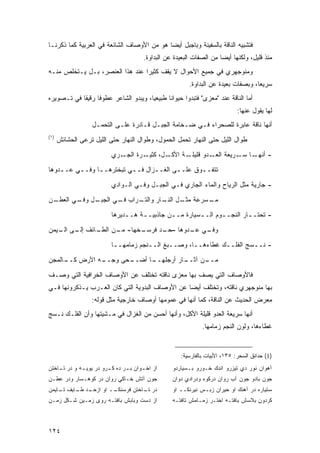 ‫ﻓﺘﺸﺒﻴﻪ ﺍﻟﻨﺎﻗﺔ ﺒﺎﻟﺴﻔﻴﻨﺔ ﻭﺒﺎﺠﺒل ﺃﻴ ‪‬ﺎ ﻫﻭ ﻤﻥ ﺍﻷﻭﺼﺎﻑ ﺍﻟﺸﺎﺌﻌﺔ ﻓﻲ ﺍﻟﻌﺭﺒﻴﺔ ﻜﻤﺎ ﺫﻜﺭﻨـﺎ‬
                                            ‫ﻀ‬
                                         ‫ﻤﻨﺫ ﻗﻠﻴل، ﻭﻟﻜﻨﻬﺎ ﺃﻴ ‪‬ﺎ ﻤﻥ ﺍﻟﺼﻔﺎﺕ ﺍﻟﺒﻌﻴﺩﺓ ﻋﻥ ﺍﻟﺒﺩﺍﻭﺓ.‬
                                                                        ‫ﻀ‬
‫ﻭﻤﻨﻭﺠﻬﺭﻱ ﻓﻲ ﺠﻤﻴﻊ ﺍﻷﺤﻭﺍل ﻻ ﻴﻘﻑ ﻜﺜﻴ ‪‬ﺍ ﻋﻨﺩ ﻫﺫﺍ ﺍﻟﻌﻨﺼﺭ، ﺒـل ﻴـﺘﺨﻠﺹ ﻤﻨـﻪ‬
                                 ‫ﺭ‬
                                                           ‫ﺴﺭﻴ ‪‬ﺎ، ﻭﺒﺼﻔﺎﺕ ﺒﻌﻴﺩﺓ ﻋﻥ ﺍﻟﺒﺩﺍﻭﺓ.‬
                                                                                      ‫ﻌ‬
‫ﺃﻤﺎ ﺍﻟﻨﺎﻗﺔ ﻋﻨﺩ "ﻤﻌﺯﻯ" ﻓﺘﺒﺩﻭﺍ ﺤﻴﻭﺍ ﹰﺎ ﻁﺒﻴﻌ ‪‬ﺎ، ﻭﻴﺒﺩﻭ ﺍﻟﺸﺎﻋﺭ ﻋﻁﻭ ﹰﺎ ﺭﻗﻴ ﹰﺎ ﻓﻲ ﺘـﺼﻭﻴﺭﻩ‬
            ‫ﻘ‬      ‫ﻓ‬                    ‫ﻴ‬       ‫ﻨ‬
                                                                                ‫ﻟﻬﺎ ﻴﻘﻭل ﻋﻨﻬﺎ:‬
                   ‫ﺃﻨﻬﺎ ﻨﺎﻗﺔ ﻋﺎﺒﺭﺓ ﻟﻠﺼﺤﺭﺍﺀ ﻓـﻲ ﻀـﺨﺎﻤﺔ ﺍﻟﺠﺒـل ﻗـﺎﺩﺭﺓ ﻋﻠـﻰ ﺍﻟﺘﺤﻤـل‬
‫)١(‬
      ‫ﻁﻭﺍل ﺍﻟﻠﻴل ﺤﺘﻰ ﺍﻟﻨﻬﺎﺭ ﺘﺤﻤل ﺍﻟﺤﻤﻭل، ﻭﻁﻭﺍل ﺍﻟﻨﻬﺎﺭ ﺤﺘﻰ ﺍﻟﻠﻴل ﺘﺭﻋﻰ ﺍﻟﺤﺸﺎﺌﺵ‬
                           ‫ـﺭﻱ‬‫ـﺭﺓ ﺍﻟﺠـ‬‫ـل، ﻜﺜﻴـ‬‫ـﺔ ﺍﻷﻜـ‬‫ـﺎ ـﺭﻴﻌﺔ ـﺩﻭ ﻗﻠﻴﻠـ‬
                                                              ‫ﺍﻟﻌـ‬  ‫- ﺃﻨﻬـ ﺴـ‬
‫ﺘﺘﻔــﻭﻕ ﻋﻠــﻰ ﺍﻟﻐــﺯﺍل ﻓــﻲ ﺘﺒﺨﺘﺭﻫــﺎ ﻭﻓــﻲ ﻋــﺩﻭﻫﺎ‬
    ‫ـ‬    ‫ـ‬     ‫ـ‬         ‫ـ‬      ‫ـ‬      ‫ـ‬      ‫ـ‬

                           ‫- ﺠﺎﺭﻴﺔ ﻤﺜل ﺍﻟﺭﻴﺎﺡ ﻭﺍﻟﻤﺎﺀ ﺍﻟﺠﺎﺭﻱ ﻓـﻲ ﺍﻟﺠﺒـل ﻭﻓـﻲ ﺍﻟـﻭﺍﺩﻱ‬
‫ـﻥ‬
 ‫ـل ـﻲ ﺍﻟﻌﻁـ‬
        ‫ـﺭﺍﺏ ـﻲ ﺍﻟﺠﺒـ ﻭﻓـ‬
                   ‫ﻓـ‬   ‫ـﺴﺭﻋﺔ ـل ـﺎﺭ ﻭﺍﻟﺘـ‬
                                ‫ﻤﺜـ ﺍﻟﻨـ‬ ‫ﻤـ‬
                           ‫- ﺘﺤﺘــﺎﺭ ﺍﻟﻨﺠــﻭﻡ ﺍﻟــﺴﻴﺎﺭﺓ ﻤــﻥ ﺠﺎﺫﺒﻴــﺔ ﻫــﺩﻴﺭﻫﺎ‬
                                ‫ـ‬    ‫ـ‬        ‫ـ‬        ‫ـ‬      ‫ـ‬        ‫ـ‬

‫ـﺎﺌﻑ ـﻰ ـﻴﻤﻥ‬
   ‫ﺇﻟـ ﺍﻟـ‬ ‫ـﺨﻬﺎ- ـﻥ ﺍﻟﻁـ‬
                 ‫ﻤـ‬    ‫ـﻲ ـﺩﻭﻫﺎ – ـﺩ ﻓﺭﺴـ‬
                             ‫ﺤـ‬      ‫ﻭﻓـ ﻋـ‬

                           ‫- ﻨــﺴﺞ ﺍﻟﻔﻠــﻙ ﻏﻁﺎﺀﻫــﺎ، ﻭﺼــﺒﻎ ﺍﻟــﻨﺠﻡ ﺯﻤﺎﻤﻬــﺎ‬
‫ـﻪ ﺍﻷﺭﺽ ـﺎﻟﻤﺠﻥ‬
     ‫ﻜــ‬     ‫ـﺤﻰ ﻭﺠــ‬
                    ‫ـﺎ ﺃﻀــ‬
                          ‫ـﺎﺭ ﺃﺭﺠﻠﻬــ‬
                                    ‫ـﻥ ﺁﺜــ‬
                                          ‫ﻤــ‬

‫ﻓﺎﻷﻭﺼﺎﻑ ﺍﻟﺘﻲ ﻴﺼﻑ ﺒﻬﺎ ﻤﻌﺯﻯ ﻨﺎﻗﺘﻪ ﺘﺨﺘﻠﻑ ﻋﻥ ﺍﻷﻭﺼﺎﻑ ﺍﻟﺨﺭﺍﻓﻴﺔ ﺍﻟﺘﻲ ﻭﺼـﻑ‬
‫ﺒﻬﺎ ﻤﻨﻭﺠﻬﺭﻱ ﻨﺎﻗﺘﻪ، ﻭﺘﺨﺘﻠﻑ ﺃﻴ ‪‬ﺎ ﻋﻥ ﺍﻷﻭﺼﺎﻑ ﺍﻟﺒﺩﻭﻴﺔ ﺍﻟﺘﻲ ﻜﺎﻥ ﺍﻟﻌـﺭﺏ ﻴـﺫﻜﺭﻭﻨﻬﺎ ﻓـﻲ‬
                                                 ‫ﻀ‬
                  ‫ﻤﻌﺭﺽ ﺍﻟﺤﺩﻴﺙ ﻋﻥ ﺍﻟﻨﺎﻗﺔ، ﻜﻤﺎ ﺃﻨﻬﺎ ﻓﻲ ﻋﻤﻭﻤﻬﺎ ﺃﻭﺼﺎﻑ ﺨﺎﺭﺠﻴﺔ ﻤﺜل ﻗﻭﻟﻪ:‬
‫ﺃﻨﻬﺎ ﺴﺭﻴﻌﺔ ﺍﻟﻌﺩﻭ ﻗﻠﻴﻠﺔ ﺍﻷﻜل، ﻭﺃﻨﻬﺎ ﺃﺤﺴﻥ ﻤﻥ ﺍﻟﻐﺯﺍل ﻓﻲ ﻤـﺸﻴﺘﻬﺎ ﻭﺃﻥ ﺍﻟﻔﻠـﻙ ﻨـﺴﺞ‬
                                                                 ‫ﻏﻁﺎﺀﻫﺎ، ﻭﻟﻭﻥ ﺍﻟﻨﺠﻡ ﺯﻤﺎﻤﻬﺎ.‬


                                                        ‫)1( ﺤﺩﺍﺌﻕ ﺍﻟﺴﺤﺭ: ٥٣١، ﺍﻷﺒﻴﺎﺕ ﺒﺎﻟﻔﺎﺭﺴﻴﺔ:‬
‫ﺍﺯ ﺍﺨ ـﻭﺍﻥ ﺒ ـﺭ ﺩﻩ ﻜ ـﺭﻭ ﺩﺭ ﻴﻭﻴ ـﻪ ﻭ ﺩﺭ ﺘ ـﺎﺨﺘﻥ‬
              ‫ـ‬          ‫ـ‬       ‫ـ‬      ‫ـ‬           ‫ﺁﻫﻭﺍﻥ ﻨﻭﺭ ﺩﻱ ﺘﻴﺯﺭﻭ ﺍﻨﺩﻙ ﺨـﻭﺭﻭ ﺒـﺴﻴﺎﺭﺩﻭ‬
‫ﺠﻭﻥ ﺁﺘﺵ ﺨـﺎﻜﻲ ﺭﻭﺍﻥ ﺩﺭ ﻜﻭﻫـﺴﺎﺭ ﻭﺩﺭ ﻋﻁـﻥ‬              ‫ﺠﻭﻥ ﺒﺎﺩﻭ ﺠﻭﻥ ﺁﺏ ﺭﻭﺍﻥ ﺩﺭﻜﻭﻩ ﻭﺩﺭﺍﺩﻱ ﺩﻭﺍﻥ‬
‫ـﺩ ـﺎﻴﻑ ـﺎﻴﻤﻥ‬
    ‫ﺘـ‬   ‫ــ ﺍﻭ ﺍﺯﺤـ ‪ ‬ﻁـ‬
                       ‫ﺩﺭ ـﺎﺨﺘﻥ ﻓﺭﺴﻨﻜـ‬
                                  ‫ﺘـ‬                ‫ﺴﺘﻴﺎﺭﻩ ﺩﺭ ﺁﻫﻨﻙ ﺍﻭ ﺤﻴﺭﺍﻥ ﺯﺒـﺱ ﻨﻴﺭﻨﻜــ ﺍﻭ‬
‫ﺍﺯ ﺩﺴﺕ ﻭﺒﺎﺒﺵ ﺒﺎﻓﺘـﻪ ﺭﻭﻯ ﺯﻤـﻴﻥ ﺸـﻜل ﺯﻤـﻥ‬             ‫ﻜﺭﺩﻭﻥ ﺒﻼﺴﺵ ﺒﺎﻓﺘـﻪ ﺍﺨﺘـﺭ ﺯﻤـﺎﻤﺵ ﺘﺎﻓﺘـﻪ‬



‫٤٢١‬
 