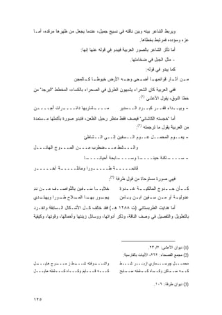 ‫ﻭﻴﺭﺒﻁ ﺍﻟﺸﺎﻋﺭ ﺒﻴﻨﻪ ﻭﺒﻴﻥ ﻨﺎﻗﺘﻪ ﻓﻲ ﻨﺴﻴﺞ ﺠﻤﻴل، ﻋﻨﺩﻤﺎ ﻴﺠﻌل ﻤﻥ ﻅﻬﺭﻫﺎ ﻤﺭﻗﺩﻩ، ﺃﻤـﺎ‬
                                                           ‫ﻋﺯﻩ ﻭﺴﺅﺩﺩﻩ ﻓﻤﺭﺘﺒﻁ ﺒﺨﻁﺎﻫﺎ.‬
                         ‫ﺃﻤﺎ ﺘﺄﺜﺭ ﺍﻟﺸﺎﻋﺭ ﺒﺎﻟﺼﻭﺭ ﺍﻟﻌﺭﺒﻴﺔ ﻓﻴﺒﺩﻭ ﻓﻲ ﻗﻭﻟﻪ ﻋﻨﻬﺎ ﺇﻨﻬﺎ:‬
                                                     ‫- ﻤﺜل ﺍﻟﺠﺒل ﻓﻲ ﻀﺨﺎﻤﺘﻬﺎ.‬
                                                              ‫ﻜﻤﺎ ﻴﺒﺩﻭ ﻓﻲ ﻗﻭﻟﻪ:‬
                      ‫ـﺎ ـﺤﻰ ـﻪ ﺍﻷﺭﺽ ﺨﻴﻭﻁ ـﺎ ـﺎﻟﻤﺠﻥ‬
                           ‫ﹰـ ﻜـ‬           ‫ﻭﺠـ‬ ‫ـﻥ ـﺎﺭ ﻗﻭﺍﺌﻤﻬـ ﺃﻀـ‬
                                                             ‫ﻤـ ﺁﺜـ‬

‫ﻓﻔﻲ ﺍﻟﻌﺭﺒﻴﺔ ﻜﺎﻥ ﺍﻟﺸﻌﺭﺍﺀ ﻴﺸﺒﻬﻭﻥ ﺍﻟﻁﺭﻕ ﻓﻲ ﺍﻟﺼﺤﺭﺍﺀ ﺒﺎﻟﻜﺴﺎﺀ، ﺍﻟﻤﺨﻁﻁ "ﺍﻟ ‪‬ﺭ ‪‬ﺩ" ﻤﻥ‬
     ‫ﺒ ﺠ‬
                                                          ‫ﹸﻁﺎ ﺍﻟﻨﻭﻕ، ﻴﻘﻭل ﺍﻷﻋﺸﻰ )١(:‬
                                                                                   ‫ﺨ‬
‫ـﻥ‬
‫ـﺭﺍﺕ ﺃ ‪‬ــــ ‪‬‬
      ‫ـﺸﺎﺭ ‪‬ﻬﺎ ﺩﺍﺌــــ ﹲ ُﺠ‬
                     ‫ﻤــــ ﺒ‬                   ‫- ﻭﺒﻴــﺩﺍﺀ ﻗﻔــﺭ ﻜ ‪‬ــﺭﺩ ﺍﻟــ ‪‬ﺩﻴ‪‬ﺭ‬
                                                   ‫ﺴ‬      ‫ِ‬   ‫ﺒ‬

‫ﺃﻤﺎ "ﺨﺠﺴﺘﻪ ﺍﻟﻜﺎﺸﺎﻨﻲ" ﻓﻴﺼﻑ ﻓﻘﻁ ﻤﻨﻅﺭ ﺭﺤﻴل ﺍﻟﻅﻌﻥ، ﻓﺘﺒﺩﻭ ﺼﻭﺭﺓ ﺒﺄﻜﻤﻠﻬﺎ ﻤـﺴﺘﻤﺩﺓ‬
                                                         ‫ﻤﻥ ﺍﻟﻌﺭﺒﻴﺔ ﻴﻘﻭل ﻤﺎ ﺘﺭﺠﻤﺘﻪ )٢(:‬
                           ‫- ﻴﻌــﻭﻡ ﺍﻟﻤﺤﻤــل ﻋــﻭﻡ ﺍﻟــﺴﻔﻴﻥ ﺇﻟــﻰ ﺍﻟــﺸﺎﻁﺊ‬
‫ﻭﺍﻟـــﺸﻁ ﻤـــﻀﻁﺭﺏ ﻤـــﻥ ﺍﻟﻤـــﻭﺝ ﺍﻟﻬﺎﺌـــل‬

                           ‫ـﺎ‬
                            ‫ـﺎﺒﺤﺔ ﺃﺤﻴﺎﻨــــ‬
                                          ‫ـﺎ ﻭﺴــــ‬
                                                  ‫ـﺎﻜﻨﺔ ﺤﻴ ﹰــــ‬
                                                      ‫ﻨ‬        ‫- ﺴــــ‬
‫ﻗﺎﺌﻤــــ ـﺔ ﻁــــ ـﻭ ‪‬ﺍ ﻭﻤﺎﺌﻠــــ ـﺔ ﺁﺨــــ ـﺭ‬
 ‫ـ‬         ‫ـ‬            ‫ـ ﺭ‬         ‫ـ‬

                                         ‫ﻓﻬﻲ ﺼﻭﺭﺓ ﻤﺴﺘﻭﺤﺎﺓ ﻤﻥ ﻗﻭل ﻁﺭﻓﺔ )٣(:‬
‫ﺨﻼﻴــﺎ ﺴــﻔﻴﻥ ﺒﺎﻟ ﱠﻭﺍﺼــﻑ ﻤــﻥ ﺩﺩ‬
‫ـ ِ‬      ‫ـ‬    ‫ﻨ‬        ‫ـ‬    ‫ـ‬                  ‫ﻜـ ـﺄﻥ ‪‬ـ ـﺩﻭﺝ ﺍﻟﻤﺎﻟﻜﻴـ ـﺔ ﻏـ ـﺩﻭﺓ‬
                                                  ‫ـ‬     ‫ـ‬          ‫ـ ﺤ ـ ‪‬‬
‫ـﺩﻱ‬
  ‫ـﻭﺭ ـﺎ ـﻼﺡ ـﻭ ‪‬ﺍ ﻭﻴﻬﺘـ‬
         ‫ﻴﺠـ ‪ ‬ﺒﻬـ ﺍﻟﻤـ ‪ ‬ﻁـ ﺭ‬                 ‫ﻋﺩﻭﻟﻴ ـﺔ ﺃﻭ ﻤ ـﻥ ﺴ ـﻔﻴﻥ ﺍﺒ ـﻥ ﻴ ـﺎﻤﻥ‬
                                                  ‫ـ ـ‬          ‫ـ‬    ‫ـ‬       ‫ـ‬

‫ﺃﻤﺎ ﻫﺩﺍﻴﺕ ﺍﻟﻁﺭﺒﺴﺘﺎﻨﻲ )ﺕ ٨٨٢١ ﻫـ( ﻓﻘﺩ ﺨﺎﻟﻑ ﻜـل ﺍﻷﺸـﻜﺎل ﺍﻟـﺴﺎﺒﻘﺔ ﻭﺍﻨﻔـﺭﺩ‬
‫ﺒﺎﻟﺘﻁﻭﻴل ﻭﺍﻟﺘﻔﺼﻴل ﻓﻲ ﻭﺼﻑ ﺍﻟﻨﺎﻗﺔ، ﻭﺫﻜﺭ ﺃﺩﻭﺍﺘﻬﺎ، ﻭﻭﺴﺎﺌل ﺯﻴﻨﺘﻬﺎ ﻭﺃﺤﻤﺎﻟﻬﺎ، ﻭﻗﻭﺘﻬﺎ، ﻭﻜﻴﻔﻴﺔ‬




                                                                ‫)1( ﺩﻴﻭﺍﻥ ﺍﻷﻋﺸﻰ: ٢/ ٣٢.‬
                                                 ‫)2( ﻤﺠﻤﻊ ﺍﻟﻔﺼﺤﺎﺀ: ٢٦٢، ﺍﻷﺒﻴﺎﺕ ﺒﺎﻟﻔﺎﺭﺴﻴﺔ:‬
‫ـل‬
 ‫ـﻭﺝ ﻫﺎﻴـــ‬
          ‫ـﻁ ﺯ ﻤـــ‬
                  ‫ـﻭﻓﺘﻪ ﺸـــ‬
                           ‫ﻭﺍﺸـــ‬              ‫ﻤﺤﻤـــل ﭽﻭﺴـــﻤﺎﺭﻱ ﺍﺯﺒـــﺭ ﺸـــﻁ‬
‫ﻜـــﻪ ﻗـــﺎﻴﻡ ﻭﻜـــﺎﻩ ﻜـــﺸﺘﻪ ﻤﺎﻴـــل‬
 ‫ـ‬         ‫ـ‬      ‫ـ‬        ‫ـ‬     ‫ـ‬             ‫ـﺎﺒﺢ‬
                                                  ‫ـﺎﻩ ـﺸﺘﻪ ﺴــ‬
                                                         ‫ـﺎﻜﻥ ﻭﻜــ ﻜــ‬
                                                                     ‫ـﻪ ﺴــ‬
                                                                          ‫ﻜــ‬

                                                                   ‫)3( ﺩﻴﻭﺍﻥ ﻁﺭﻓﺔ: ٦٠١.‬


‫٥٢١‬
 