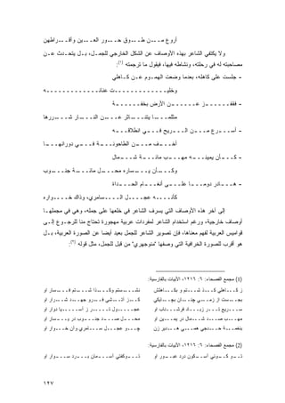 ‫ـﺭﺍﻁﻬﻥ‬‫ـﻴﻥ ﻭﺃﻗــ‬‫ـﻭﺭ ﺍﻟﻌــ‬‫ـﻭﻕ ﺤــ‬‫ـﻥ ﻁــ‬‫ﺃﺭﻭﻉ ﻤــ‬

‫ﻭﻻ ﻴﻜﺘﻔﻲ ﺍﻟﺸﺎﻋﺭ ﺒﻬﺫﻩ ﺍﻷﻭﺼﺎﻑ ﻋﻥ ﺍﻟﺸﻜل ﺍﻟﺨﺎﺭﺠﻲ ﻟﻠﺠﻤـل، ﺒـل ﻴﺘﺤـﺩﺙ ﻋـﻥ‬
                              ‫ﻤﺼﺎﺤﺒﺘﻪ ﻟﻪ ﻓﻲ ﺭﺤﻠﺘﻪ، ﻭﻨﺸﺎﻁﻪ ﻓﻴﻬﺎ، ﻓﻴﻘﻭل ﻤﺎ ﺘﺭﺠﻤﺘﻪ )١(:‬
                             ‫- ﺠﻠﺴﺕ ﻋﻠﻰ ﻜﺎﻫﻠﻪ، ﺒﻌﺩﻤﺎ ﻭﻀﻌﺕ ﺍﻟﻬﻤـﻭﻡ ﻋـﻥ ﻜـﺎﻫﻠﻲ‬

‫ﻭﺨﻠﻴـــــــــــــﺕ ﻋﻨﺎﻨـــــــــــــﻪ‬

                             ‫ـﺔ‬
                              ‫ـﻥ ﺍﻷﺭﺽ ﺒﺨﻔــــــ‬
                                              ‫ـﺯ ﻋــــــ‬
                                                       ‫- ﻓﻘﻔــــــ‬
‫ـﺭﺭﻫﺎ‬
    ‫ـﺎﺭ ﺸـــ‬
           ‫ـﻥ ﺍﻟﻨـــ‬
                   ‫ـﺎﺜﺭ ﻋـــ‬
                           ‫ـﺎ ﻴﺘﻨـــ‬
                                   ‫ﻤﺜﻠﻤـــ‬

                             ‫- ﺃﺴــ ـﺭﻉ ﻤــ ـﻥ ﺍﻟــ ـﺭﻴﺢ ﻓــ ـﻲ ﺍﻨﻁﻼﻗــ ـﻪ‬
                              ‫ـ‬          ‫ـ‬        ‫ـ‬       ‫ـ‬       ‫ـ‬
‫ـﺎ‬
 ‫ـﻲ ﺩﻭﺭﺍﻨﻬـــ‬
            ‫ـﺔ ﻓـــ‬
                  ‫ـﻥ ﺍﻟﻁﺎﺤﻭﻨـــ‬
                              ‫ـﻑ ﻤـــ‬
                                    ‫ﺃﺨـــ‬

                             ‫ـﻤﺎل‬
                                ‫ـﺔ ﺸـــ‬
                                      ‫ـﺏ ﻤﺎﺌـــ‬
                                              ‫ـﻪ ﻤﻬـــ‬
                                                     ‫ـﺄﻥ ﻴﻤﻴﻨـــ‬
                                                               ‫- ﻜـــ‬
‫ـﻭﺏ‬
  ‫ـﺔ ﺠﻨـــ‬
         ‫ـل ﻤﺎﺌـــ‬
                 ‫ـﺴﺎﺭﻩ ﻤﺤـــ‬
                           ‫ـﺄﻥ ﻴـــ‬
                                  ‫ﻭﻜـــ‬
                             ‫- ﻫــ ـﺎﺩﺭ ﺩﻭ ‪‬ــ ـﺎ ﻋﻠــ ـﻰ ﺃﻨﻐــ ـﺎﻡ ﺍﻟﺤــ ـﺩﺍﺓ‬
                                ‫ـ‬         ‫ـ‬        ‫ـ‬       ‫ﻤ ـ‬         ‫ـ‬
‫ﻜﺄﻨــــﻪ ﻋﺠــــل ﺍﻟــــﺴﺎﻤﺭﻱ، ﻭﺫﺍﻙ ﺨــــﻭﺍﺭﻩ‬

‫ﺇﻟﻰ ﺁﺨﺭ ﻫﺫﻩ ﺍﻷﻭﺼﺎﻑ ﺍﻟﺘﻲ ﻴﺴﺭﻑ ﺍﻟﺸﺎﻋﺭ ﻓﻲ ﺨﻠﻌﻬﺎ ﻋﻠﻰ ﺠﻤﻠﻪ، ﻭﻫﻲ ﻓﻲ ﻤﺠﻤﻠﻬـﺎ‬
‫ﺃﻭﺼﺎﻑ ﺨﺎﺭﺠﻴﺔ، ﻭﺭﻏﻡ ﺍﺴﺘﺨﺩﺍﻡ ﺍﻟﺸﺎﻋﺭ ﻟﻤﻔﺭﺩﺍﺕ ﻋﺭﺒﻴﺔ ﻤﻬﺠﻭﺭﺓ ﺘﺤﺘﺎﺝ ﻤﻨﺎ ﻟﻠﺭﺠـﻭﻉ ﺇﻟـﻰ‬
‫ﻗﻭﺍﻤﻴﺱ ﺍﻟﻌﺭﺒﻴﺔ ﻟﻔﻬﻡ ﻤﻌﻨﺎﻫﺎ، ﻓﺈﻥ ﺘﺼﻭﻴﺭ ﺍﻟﺸﺎﻋﺭ ﻟﻠﺠﻤل ﺒﻌﻴﺩ ﺃﻴ ‪‬ﺎ ﻋﻥ ﺍﻟﺼﻭﺭﺓ ﺍﻟﻌﺭﺒﻴﺔ، ﺒـل‬
                        ‫ﻀ‬
          ‫ﻫﻭ ﺃﻗﺭﺏ ﻟﻠﺼﻭﺭﺓ ﺍﻟﺨﺭﺍﻓﻴﺔ ﺍﻟﺘﻲ ﻭﺼﻔﻬﺎ "ﻤﻨﻭﺠﻬﺭﻱ" ﻤﻥ ﻗﺒل ﻟﻠﺠﻤل، ﻤﺜل ﻗﻭﻟﻪ )٢(:‬




                                            ‫)1( ﻤﺠﻤﻊ ﺍﻟﻔﺼﺤﺎﺀ: ٦: ٦١٢١، ﺍﻷﺒﻴﺎﺕ ﺒﺎﻟﻔﺎﺭﺴﻴﺔ:‬
‫ـﺴﺎﺭ ﺍﻭ‬‫ـﺘﻡ ﻓـــ‬‫ـﺫﺍ ﺸـــ‬‫ـﺴﺘﻡ ﻭﻜـــ‬‫ﻨﺸـــ‬        ‫ﺯ ﻜـــﺎﻫﻠﻲ ﻜـــﺫ ﺸـــﺘﻡ ﻭ ﺒﻜـــﺎﻫﻠﺵ‬
‫ـﺭﺍﺭ ﺍﻭ‬‫ـﺩ ﺸــ‬‫ـﺭﻭ ﺠﻬــ‬‫ـﺸﻲ ﻓــ‬‫ـﺯ ﺁﺘــ‬‫ﻜــ‬        ‫ـﺎﻴﻜﻲ‬‫ـﺎﻥ ﺒﭽــ‬‫ـﻲ ﭽﻨــ‬‫ـﺴﺕ ﺍﺯ ﺯﻤــ‬‫ﺒﺠــ‬
‫ﻋﺠـــــﻭل ﺘـــــﺭ ﺯ ﺁﺴـــــﻴﺎ ﺩﻭﺍﺭ ﺍﻭ‬         ‫ﺴـــﺭﻴﻊ ﺘـــﺭ ﺯﺒـــﺎﺩ ﻓﺭﺸـــﻨﺎﺏ ﺍﻭ‬
‫ـﺴﺎﺭ ﺍﻭ‬
      ‫ـﻭﺏ ﺩﺭ ﻴـــ‬
                ‫ـﺩ ﺠﻨـــ‬
                       ‫ـل ﺼـــ‬
                             ‫ﻤﺤـــ‬            ‫ﻤﻬـــﺏ ﺼـــﺩ ﺸـــﻤﺎل ﺩﺭ ﻴﻤـــﻴﻥ ﺍﻭ‬
‫ﭽـــﻭ ﻋﺠـــل ﺴـــﺎﻤﺭﻱ ﻭﺁﻥ ﺨـــﻭﺍﺭ ﺍﻭ‬          ‫ـﺩﻴﺭ ﺯﻥ‬‫ـﻲ ﻫــ‬‫ـﺩﺠﻲ ﻫﻤــ‬‫ـﺔ ﺤــ‬‫ﺒﻨﻐﻤــ‬

                                            ‫)2( ﻤﺠﻤﻊ ﺍﻟﻔﺼﺤﺎﺀ: ٦: ٦١٢١، ﺍﻷﺒﻴﺎﺕ ﺒﺎﻟﻔﺎﺭﺴﻴﺔ:‬
‫ـﻭﺍﺭ ﺍﻭ‬
      ‫ـﺭﺩ ﺴـــ‬
             ‫ـﻤﺎﻥ ﺒـــ‬
                     ‫ـﻭﻜﻔﺘﻲ ﺁﺴـــ‬
                                ‫ﺘـــ‬          ‫ـﻭﺭ ﺍﻭ‬
                                                   ‫ـﻜﻭﻥ ﺩﺭﺩ ﻋﺒــ‬
                                                               ‫ـﻭ ـﻭﺌﻲ ﺁﺴــ‬
                                                                       ‫ﺘــ ﻜــ‬



‫٧٢١‬
 