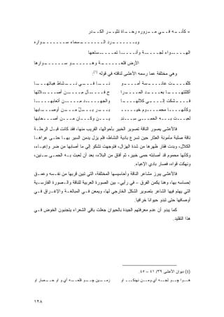 ‫ـﺩﺭ‬
                              ‫ـﺭ ﺍﻟﻜــ‬
                                     ‫ـﺎﺓ ﺘﺜﻴــ‬
                                             ‫ـﺭﻭﺭﻩ ﺭﺤــ‬
                                                      ‫ـﻪ ـﻲ ﻤــ‬
                                                           ‫- ﻜﺄﻨــ ﻓــ‬

‫ـﻭﺍﺭﻩ‬
    ‫ـﺴﻤﺎﺀ ﺴـــــــ‬
                 ‫ـ ‪‬ﺩ ﺍﻟـــــــ‬
                            ‫ﻭ ‪‬ـــــــ ﺭ‬
                                     ‫ﺒ‬
                            ‫ـﺴﺎﺤﻬﺎ‬‫ـﺎ ﺘﻤــــ‬‫ـﺔ ﻭﺃﻨــــ‬‫ـﻭﺍﺀ ﻟﺠــــ‬‫ﺍﻟﻬــــ‬

‫ـﻭﺍﺭﻫﺎ‬
     ‫ـﻭ ﺴــــــ‬
              ‫ـﺔ ﻭﻫــــــ‬
                        ‫ﺍﻷﺭﺽ ﻗﻠﻌــــــ‬

                              ‫ﻭﻫﻲ ﻤﺨﺘﻠﻔﺔ ﻋﻤﺎ ﺭﺴﻤﻪ ﺍﻷﻋﺸﻰ ﻟﻨﺎﻗﺘﻪ ﻓﻲ ﻗﻭﻟﻪ )١(:‬
‫ـﺎ‬
 ‫ـﺸﺎﻁ ِﺒﺎﺘﻬـــ‬
        ‫ﻫ‬    ‫ـﻲ ﻨـــ‬
                   ‫ـﺎ ﻓـــ‬
                         ‫ﹰـــ‬
                            ‫ﻨ‬                 ‫ـﻭ‬
                                               ‫ـﺴﺔ ﺃﻤــــ‬
                                                        ‫ـﺕ ﻋﺎﻨــــ‬
                                                                ‫ﻜﱠﻔــــ ﹸ‬
                                                                       ‫ﻠ‬
‫ـﻼﺘﻬﺎ‬‫ـﻥ ﺃﺼــــ‬
            ‫ـﺂل ِــــ ‪‬‬
                  ‫ﺡ ﻓــــ ﻤ‬
                          ‫ِ‬                   ‫ـﺭﺍ‬
                                                ‫ـﺩ ﺍﻟﻤــــ‬
                                                        ‫ـﺎ ﺒﻌ‪‬ــــ ‪‬‬
                                                                ‫ﺃﻜﻠﻠ ﹶﻬــــ ‪‬‬
                                                                       ‫ﺘ‬
‫ـﺎ‬‫ـﻥ ﺃﺘﹾﻌﺎﺒﻬــــ‬
              ‫ـﺩ ِــــ ‪‬‬
                    ‫ﻭﺍﻟﺠﻬ‪‬ــــ ‪ ‬ﻤ‬            ‫ـﺎ‬
                                               ‫ـﻲ ﻜﻼ ﹶﻬــــ‬
                                                    ‫ـﺸﻜﺕ ﺇﻟــــ ‪ ‬ﻟ‬
                                                               ‫ﹾ‬  ‫ﻓــــ‬
‫ـﺎﺒﻬﺎ‬
    ‫ـﻥ ﺃﻭﺼـــ‬
            ‫ـل ﻤـــ‬
                 ‫ـﺭ ﺒـــ ﱠ‬
                        ‫ﺒـــ ‪‬‬                ‫ﻭﻜﺄﻨﻬــــﺎ ﻤﺤﻤــــﻭﻡ ﺨﻴ‪‬ـــــ‬
                                                     ‫ﹶ‬
‫ﻴـــﻥ ﻭﻜـــﺎﻥ ﻤـــﻥ ﺃﺼـــﺤﺎﺒﻬﺎ‬
     ‫ـ‬      ‫ـ‬      ‫ـ‬      ‫ـ‬                   ‫ﻟﻌﺒـــﺕ ﺒـــﻪ ﺍﻟﺤ ‪‬ـــﻰ ِـــﻨﺩ‬
                                              ‫ِ‬    ‫ﺴ‬     ‫‪‬ﻤ‬

‫ﻓﺎﻷﻋﺸﻰ ﻴﺼﻭﺭ ﺍﻟﻨﺎﻗﺔ ﺘﺼﻭﻴﺭ ﺍﻟﺨﺒﻴﺭ ﺒﺄﺤﻭﺍﻟﻬﺎ، ﺍﻟﻘﺭﻴﺏ ﻤﻨﻬﺎ، ﻓﻘﺩ ﻜﺎﻨﺕ ﻗﺒـل ﺍﻟﺭﺤﻠـﺔ‬
‫ﻨﺎﻗﺔ ﺼﻠﺒﺔ ﻤﺄﻤﻭﻨﺔ ﺍﻟ ِﺜﺎﺭ ﺤﻴﻥ ﺘﺴﺭﻉ ﺒﺎﺩﻴﺔ ﺍﻟﻨﺸﺎﻁ، ﻓﻠﻡ ﻴﺯل ‪‬ﺩﻤﻥ ﺍﻟﺴﻴﺭ ﺒﻬـﺎ ﺤﺘـﻰ ﻋﺭﺍﻫـﺎ‬
                          ‫ﻴ‬                                   ‫ﻌ‬
‫ﺍﻟﻜﻼل، ﻭﺒﺩﺕ ﻓﻘﺎﺭ ﻅﻬﺭﻫﺎ ﻤﻥ ﺸﺩﺓ ﺍﻟﻬﺯﺍل، ﻓﺘﻭﺠﻬﺕ ﺘﺸﻜﻭ ﺇﻟﻲ ﻤﺎ ﺃﺼﺎﺒﻬﺎ ﻤﻥ ﻀﺭ ﻭﺇﻋﻴـﺎﺀ،‬
                         ‫‪‬‬
‫ﻭﻜﺄﻨﻬﺎ ﻤﺤﻤﻭﻡ ﻗﺩ ﺃﺼﺎﺒﺘﻪ ﺤﻤﻰ ﺨﺒﻴﺭ، ﺜﻡ ﺃﻓﺎﻕ ﻤﻥ ﺍﻟﺒﻼﺀ، ﺒﻌﺩ ﺃﻥ ﻟﻌﺒﺕ ﺒـﻪ ﺍﻟﺤﻤـﻰ ﺴـﻨﻴﻥ،‬
                                                     ‫ﻭﻨﻬﻜﺕ ﻗﻭﺍﻩ، ﻓﺼﺎﺭ ﺒﺎﺩﻱ ﺍﻹﻋﻴﺎﺀ.‬
‫ﻓﺎﻷﻋﺸﻰ ﻴﺒﺭﺯ ﻤﺸﺎﻋﺭ ﺍﻟﻨﺎﻗﺔ ﻭﺃﺤﺎﺴﻴﺴﻬﺎ ﺍﻟﻤﺨﺘﻠﻔﺔ، ﺍﻟﺘﻲ ﺘﺒﻴﻥ ﻗﺭﺒﻬﺎ ﻤﻥ ﻨﻔـﺴﻪ ﻭﻋﻤـﻕ‬
‫ﺇﺤﺴﺎﺴﻪ ﺒﻬﺎ، ﻭﻫﻨﺎ ﻴﻜﻤﻥ ﺍﻟﻔﺭﻕ – ﻓﻲ ﺭﺃﻴﻲ- ﺒﻴﻥ ﺍﻟﺼﻭﺭﺓ ﺍﻟﻌﺭﺒﻴﺔ ﻟﻠﻨﺎﻗﺔ ﻭﺍﻟـﺼﻭﺭﺓ ﺍﻟﻔﺎﺭﺴـﻴﺔ‬
‫ﺍﻟﺘﻲ ﻴﻬﺘﻡ ﻓﻴﻬﺎ ﺍﻟﺸﺎﻋﺭ ﺒﺘﺼﻭﻴﺭ ﺍﻟﺸﻜل ﺍﻟﺨﺎﺭﺠﻲ ﻟﻬﺎ، ﻭﻴﻤﻌﻥ ﻓـﻲ ﺍﻟﻤﺒﺎﻟﻐـﺔ ﻭﺍﻹﻏـﺭﺍﻕ ﻓـﻲ‬
                                                     ‫ﺃﻭﺼﺎﻓﻬﺎ ﺤﺘﻰ ﺘﺒﺩﻭ ﺤﻴﻭﺍ ﹰﺎ ﺨﺭﺍﻓ ‪‬ﺎ.‬
                                                       ‫ﻴ‬       ‫ﻨ‬
‫ﻜﻤﺎ ﻴﺒﺩﻭ ﺃﻥ ﻋﺩﻡ ﻤﻌﺭﻓﺘﻬﻡ ﺍﻟﺠﻴﺩﺓ ﺒﺎﻟﺤﻴﻭﺍﻥ ﺠﻌﻠﺕ ﺒﺎﻗﻲ ﺍﻟﺸﻌﺭﺍﺀ ﻴﺘﺠﻨﺒﻭﻥ ﺍﻟﺨﻭﺽ ﻓـﻲ‬
                                                                           ‫ﻫﺫﺍ ﺍﻟﺘﻘﻠﻴﺩ.‬




                                                       ‫)1( ﺩﻴﻭﺍﻥ ﺍﻷﻋﺸﻰ ٩٣/ ١٤ – ٥٤.‬
‫ـﺼﺎﺭ ﺍﻭ‬
      ‫ـﻪ ﺃﻱ ﻭ ﺍﻭ ﺤــ‬
                   ‫ـﻭ ﻗﻠﻌــ‬
                          ‫ـﻴﻥ ﭽــ‬
                                ‫ﺯﻤــ‬          ‫ﻫــﻭﺍ ﭽــﻭ ﻟﺠــﻪ ﺃﻱ ﻭﻤــﻥ ﻨﻬﻨﻜـــ ﺍﻭ‬



‫٨٢١‬
 