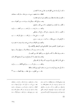 ‫- ﻟﻤـﺎ ﺭﺃﻴـﺕ ﺤـﻲ ﺍﻟﻜﻭﺍﻋـﺏ ﻋﻠـﻰ ﻫـﺫﺍ ﺍﻟﻨﺤـﻭ‬
                                   ‫ـ‬       ‫ـ ـ‬      ‫ـ‬        ‫ـ‬   ‫ـ ـ‬

‫ـﺼﺎﺌﺏ‬
    ‫ـﺎﻡ ﺍﻟﻤــ‬
            ‫ـﻥ ﻤﻘــ‬
                  ‫ـﻲ ﻤــ‬
                       ‫ـﺕ ﺒﻨﺠﻴﺒــ‬
                                ‫ﺍﻨﻁﻠﻘــ‬
                                  ‫ـﺎﻥ ـﺎﺌﺭ ﻓﺩﻓ ـﺩ‬
                                   ‫ـﻡ، ﻭﺍﻟﺜﻌﺒـ ﺜـ ‪ ‬ﹶ ‪ ‬ﹶـ‬
                                                         ‫ـﻙ ﻤﻅﻠـ‬
                                                               ‫ـل ﺤﺎﻟـ‬
                                                                     ‫- ﺍﻟﻠﻴـ‬

‫ـﺏ‬
 ‫ـﻥ ﺍﻟﺠﻭﺍﻨــ‬
           ‫ـﺭﺩﺩ ﻤــ‬
                  ‫ـﻴﻼﻥ ﻴﺘــ‬
                          ‫ـﻴﺎﺡ ﺍﻟﻐــ‬
                                   ‫ﻭﺼــ‬
                                  ‫- ﺃﻗﺎﻤــﺕ ﺍﻟﺯﻫــﺭﺓ ﺨﻴﻤﺘﻬــﺎ ﻓــﻲ ﺍﻟﻤــﺸﺎﺭﻕ‬
‫ﻭﺍﺘﺠـــ ـﻪ ﺯﺤـــ ـل ﻨﺤـــ ـﻭ ﺍﻟﻤﻐـــ ـﺎﺭﺏ‬
   ‫ـ‬          ‫ـ‬        ‫ـ‬        ‫ـ‬

                                  ‫- ﺍﻟﺜﺭﻴـ ـﺎ ﻤﺜـ ـل ﻤﺭﺠـ ـﺎﻥ ﺍﻟﺘـ ـﺎﺝ ﺍﻟـ ـﺼﺎﻓﻲ‬
                                      ‫ـ‬       ‫ـ‬        ‫ـ‬       ‫ـ‬      ‫ـ‬

‫ﺍﻟﺯﺒــــﺎﻨﻲ ﻤﺜــــل ﻗﻨــــﺩﻴل ﺍﻟﺭﺍﻫــــﺏ‬
 ‫ـ‬            ‫ـ‬       ‫ـ‬
                                  ‫ـﺯﻥ‬
                                    ‫ـﺭ ﺒﻴـــ‬
                                           ‫ـﺔ ﺒﺌـــ‬
                                                  ‫ـﻲ ﺤﻠﻜـــ‬
                                                          ‫- ﺍﻷﺭﺽ ﻓـــ‬
‫ـﺯﻩ‬‫ـﻪ ﻤﻨﻴـ‬‫ـﺏ ـﻲ ـﻴﺎﺀ ﻭﺠـ‬
                  ‫ـﻭﻡ ﺍﻟﺜﻭﺍﻗـ ﻓـ ﻀـ‬‫ﻭﺍﻟﻨﺠـ‬
                           ‫- ﻤﻥ ﺍﺤﻤﺭﺍﺭ ﺍﻟﺸﻤﺱ ﺼﺎﺭ ﺍﻟﻌﺎﻟﻡ ﻓﻲ ﻟﻭﻥ ﺍﻟﺯﻨﺠﻔﺭ )ﺍﻷﺤﻤـﺭ(‬
‫ـﺴﻬﻴل ﻭ ـﺴﻬﺎ‬
   ‫ﺍﻟــ‬    ‫ـﺴﻤﺎﻙ ﻭﺍﻟــ‬
                     ‫ـﺭﺏ ﺍﻟــ‬
                            ‫ـﺩ ﻏــ‬
                                 ‫ﻭﻗــ‬

                           ‫ـل‬‫ـﺸﺭﻕ ـﺭﺍﺩﻗﻬﺎ ـﻰ ﺍﻟﺠﺒـ‬
                                     ‫ﻋﻠـ‬     ‫ﺴـ‬   ‫ـﺔ ﺍﻟﻤـ‬‫- ـﺭﺒﺕ ﻤﻠﻜـ‬
                                                                  ‫ﻀـ‬
‫ـﺔ ـﺼﺒﺎﺡ ـﻥ ـﺼﺒﺢ ـﺎﺫﺏ‬
   ‫ﺍﻟﻜـ‬ ‫ﻤـ ﺍﻟـ‬   ‫ـﺴﺕ ﻨﺠﻤـ ﺍﻟـ‬
                            ‫ﻭﺘﻨﻔـ‬

                                  ‫- ﻓﻲ ﻜـل ﺍﻟﻁـﺭﻕ ﻭﺍﻟـﺩﺭﻭﺏ ﺃﺸـﻭﺍﻙ ﺃﻡ ﺍﻟﻐـﻴﻼﻥ‬

‫ـﺎﺭﺏ‬
   ‫ـﻭﺍﺩﻱ ﻜﺎﻟﻌﻘـــــ‬
                  ‫ـﺎﻥ ﺍﻟـــــ‬
                            ‫ﻭﻋﻘﺒـــــ‬
                           ‫ـﺴﺎﻗﻁ‬
                               ‫ـﻊ ﺍﻟﻤﺘـ‬
                                      ‫ـﺩ ـﻥ ـﺤﺎﺏ ﺍﻟﺭﺒﻴـ‬
                                                ‫- ـﺄﻥ ـﺯﻴﻡ ﺍﻟﺭﻋـ ﻤـ ﺴـ‬
                                                               ‫ﻜـ ﻫـ‬
‫)١(‬
      ‫ﻋﻠـــﻰ ﺍﻟﻁﺭﻴـــﻕ ﻏﻁـــﻴﻁ ﺍﻟﻨﺠﺎﺌـــﺏ‬
       ‫ـ‬           ‫ـ‬      ‫ـ‬         ‫ـ‬




‫ﺒﺭﺍﻨــ ـﺩﻡ ﻨﺠﻴــ ـﺏ ﺍﺯ ﻤﻘــ ـﺎﻡ ﻤــ ـﺼﺎﺌﺏ‬
    ‫ـ‬       ‫ـ‬          ‫ـ‬         ‫ـ‬           ‫ـﺩﻡ‬‫ـﻪ ﺩﻴــ‬‫ـﺏ ﺒﺩﻴﻨﻜﻭﻨــ‬‫ـﻭﺤﻲ ﻜﻭﺍﻋــ‬‫ﭽــ‬
‫ﻫﻤـــﻲ ﺁﻤـــﺩ ﺁﻭﺍﺯ ﻏـــﻭل ﺍﺯ ﺠﻭﺍﻨـــﺏ‬        ‫ﺸـ ـﺏ ﻨﻴـ ـﺭﻩ ﻭﻤـ ـﺎﺭ ﻏـ ـﻀﺒﺎﻥ ﻓﺩﻓـ ـﺩ‬
                                              ‫ـ‬          ‫ـ‬      ‫ـ‬       ‫ـ‬      ‫ـ‬
‫ﻜﺭﻓﺘــ ـﻪ ﺯﺤــ ـل ﻭﺍﻩ ﺴــ ـﻭﻯ ﻤﻐــ ـﺎﺭﺏ‬
   ‫ـ‬        ‫ـ‬          ‫ـ‬       ‫ـ‬             ‫ﺯﺩﻩ ﭽﺘـــﺭ ﻨﺎﻫﻴـــﺩ ﺍﻨـــﺩﺭ ﻤـــﺸﺎﺭﻕ‬
‫ـﺏ‬
 ‫ـﺩﻴل ﺭﺍﻫــ‬
          ‫ـﺭ ﻗﻨــ‬
                ‫ـﻭ ﺩﺭ ﺩﻴــ‬
                         ‫ـﺎ ﭽــ‬
                              ‫ﺯﺒﺎﻨــ‬         ‫ﺜﺭﻴــﺎ ﭽــﻭ ﺩﺭﺘــﺎﺝ ﻤﺭﺠــﺎﻥ ﺼــﺎﻓﻲ‬
‫ـﺏ‬
 ‫ـﻭﻡ ﺜﻭﺍﻗـــ‬
           ‫ـﺯﻩ ﻨﺠـــ‬
                   ‫ـﻭ ﺭﻭﻱ ﻤﻨﻴـــ‬
                               ‫ﭽـــ‬          ‫ـﻴﻥ ـﺭﻩ ـﻭﻥ ـﺎﻩ ﺘﺎﺭ ـﻙ ـﺯﻥ‬
                                               ‫ﻴـ ﺒﻴـ‬     ‫ﭽـ‬  ‫ﺯﻤـ ﺘﺒـ ﭽـ‬

                                                                                ‫)1(‬


‫٨٣١‬
 