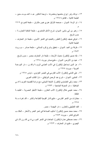 ‫٣١- ﺩﻭﻨﺎﻟﺩ ﻭﻟﺒﺭ: ﺇﻴﺭﺍﻥ ﻤﺎﻀﻴﻬﺎ ﻭﺤﺎﻀﺭﻫﺎ – ﺘﺭﺠﻤﺔ ﺍﻟﺩﻜﺘﻭﺭ ﻋﺒـﺩ ﺍﻟﻨﻌـﻴﻡ ﺤـﺴﻨﻴﻥ –‬
                                             ‫ﺍﻟﻁﺒﻌﺔ ﺍﻟﺜﺎﻨﻴﺔ – ﺍﻟﻘﺎﻫﺭﺓ ٥٦٩١ ﻡ.‬
‫٤١- ﺫﻭ ﺍﻟﺭﻤﺔ: ﺍﻟﺩﻴﻭﺍﻥ – ﺼﺤﺤﻪ ﻜﺎﺭﻟﻴل ﻫﻨﺭﻱ ﻫﻴﺱ ﻤﻜﺎﺭﺘﻥ – ﻁﺒﻌﺔ ﻜﻤﺒﺭﺩﺝ ٩١٩١‬
                                                                            ‫ﻡ.‬
‫٥١- ﺯﻫﻴﺭ ﺒﻥ ﺃﺒﻲ ﺴﻠﻤﻰ: ﺍﻟﺩﻴﻭﺍﻥ: ﺸﺭﺡ ﺍﻷﻋﻠﻡ ﺍﻟﺸﻨﺘﻤﺭﻱ – ﻁﺒﻌﺔ ﺍﻟﻤﻜﺘﺒﺔ ﺍﻟﺘﺠﺎﺭﻴـﺔ –‬
                                                                 ‫ﺒﺩﻭﻥ ﺘﺎﺭﻴﺦ.‬
‫٦١- ﺸﻭﻗﻲ ﻀﻴﻑ )ﺩﻜﺘﻭﺭ( ﺍﻟﺘﻁﻭﺭ ﻭﺍﻟﺘﺠﺩﻴﺩ ﻓﻲ ﺍﻟﺸﻌﺭ ﺍﻷﻤﻭﻱ – ﻁﺒﻌﺔ ﺩﺍﺭ ﺍﻟﻤﻌﺎﺭﻑ –‬
                                                               ‫ﺍﻟﻁﺒﻌﺔ ﺍﻟﺜﺎﻨﻴﺔ.‬
‫٧١- ﻁﺭﻓﺔ ﺒﻥ ﺍﻟﻌﺒﺩ: ﺍﻟﺩﻴﻭﺍﻥ – ﺘﺤﻘﻴﻕ ﻭﺸﺭﺡ ﻜﺭﻡ ﺍﻟﺒﺴﺘﺎﻨﻲ – ﻁﺒﻌﺔ ﺼﺎﺩﺭ – ﺒﻴـﺭﻭﺕ‬
                                                                   ‫٣٥٩١ ﻡ.‬
 ‫٨١- ﻁﻪ ﺤﺴﻴﻥ )ﺩﻜﺘﻭﺭ(: ﺤﺩﻴﺙ ﺍﻷﺭﺒﻌﺎﺀ – ﻁﺒﻌﺔ ﺩﺍﺭ ﺍﻟﻤﻌﺎﺭﻑ ﺒﻤﺼﺭ – ﺒﺩﻭﻥ ﺘﺎﺭﻴﺦ.‬
                     ‫٩١- ﻋﺒﻴﺩ ﺒﻥ ﺍﻷﺒﺭﺹ: ﺍﻟﺩﻴﻭﺍﻥ – ﻁﺒﻊ ﺼﺎﺩﺭ ﺒﻴﺭﻭﺕ ٤٦٩١ ﻡ.‬
‫٠٢- ﻋﺯ ﺍﻟﺩﻴﻥ ﺇﺴﻤﺎﻋﻴل )ﺩﻜﺘﻭﺭ(: ﻓﻲ ﺍﻷﺩﺏ ﺍﻟﻌﺒﺎﺴﻲ ﺍﻟﺭﺅﻴـﺔ ﻭﺍﻟﻔـﻥ – ﺩﺍﺭ ﺍﻟﻨﻬـﻀﺔ‬
                                                  ‫ﺍﻟﻌﺭﺒﻴﺔ – ﺒﻴﺭﻭﺕ ٥٧٩١ ﻡ.‬
      ‫١٢- ﻋﻠﻲ ﺍﻟﺸﺎﺒﻲ )ﺩﻜﺘﻭﺭ(: ﺍﻷﺩﺏ ﺍﻟﻔﺎﺭﺴﻲ ﻓﻲ ﺍﻟﻌﺼﺭ ﺍﻟﻐﺯﻨﻭﻱ – ﺘﻭﻨﺱ ٥٦٩١ ﻡ.‬
            ‫٢٢- ﺍﻟﻤﺘﻨﺒﻲ: ﺍﻟﺩﻴﻭﺍﻥ – ﺸﺭﺡ ﻋﺒﺩ ﺍﻟﺭﺤﻤﻥ ﺍﻟﺒﺭﻗﻭﻗﻲ – ﺩﺍﺭﺍ ﻟﻜﺘﺎﺏ ﺍﻟﻌﺭﺒﻲ.‬
‫٣٢- ﻤﺤﻤﺩ ﺯﻜﻲ ﺍﻟﻌﺸﻤﺎﻭﻱ )ﺩﻜﺘﻭﺭ(: ﺍﻟﻨﺎﺒﻐﺔ ﺍﻟﺫﺒﻴﺎﻨﻲ، ﻤﻊ ﺩﺭﺍﺴﺔ ﻟﻠﻘﺼﻴﺩﺓ ﺍﻟﻌﺭﺒﻴـﺔ ﻓـﻲ‬
                                   ‫ﺍﻟﺠﺎﻫﻠﻴﺔ – ﺩﺍﺭ ﺍﻟﻤﻌﺭﻓﺔ ﺍﻟﺠﺎﻤﻌﻴﺔ – ٣٩٩١ ﻡ.‬
‫٤٢- ﻤﺤﻤﺩ ﻏﻨﻴﻤﻲ ﻫﻼل )ﺩﻜﺘﻭﺭ(: ﺍﻷﺩﺏ ﺍﻟﻤﻘﺎﺭﻥ – ﻁﺒﻌﺔ ﺍﻷﻨﺠﻠﻭ ﺍﻟﻤﺼﺭﻴﺔ – ﺍﻟﻁﺒﻌـﺔ‬
                                                                       ‫ﺍﻟﺜﺎﻟﺜﺔ.‬
‫- ﻤﺨﺘﺎﺭﺍﺕ ﻤﻥ ﺍﻟﺸﻌﺭ ﺍﻟﻔﺎﺭﺴﻲ – ﻁﺒﻊ ﺍﻟﺩﺍﺭ ﺍﻟﻘﻭﻤﻴﺔ ﻟﻠﻁﺒﺎﻋﺔ ﻭﺍﻟﻨﺸﺭ – ﺍﻟﻘـﺎﻫﺭﺓ ﺴـﻨﺔ‬
                                                                    ‫٥٦٩١ ﻡ.‬
                                 ‫- ﺍﻟﻨﻘﺩ ﺍﻟﺘﻁﺒﻴﻘﻲ ﻭﺍﻟﻤﻘﺎﺭﻥ – ﺩﺍﺭ ﺍﻟﻨﻬﻀﺔ – ﻤﺼﺭ.‬
‫٥٢- ﻤﺤﻤﺩ ﻤﺤﻤﺩ ﺤﺴﻴﻥ )ﺩﻜﺘﻭﺭ(: ﺃﺴﺎﻟﻴﺏ ﺍﻟﺼﻨﺎﻋﺔ ﻓﻲ ﺸﻌﺭ ﺍﻟﺨﻤﺭ ﻭﺍﻷﺴﻔﺎﺭ – ﺍﻟﻤﻜﺘـﺏ‬
                                            ‫ﺍﻟﺸﺭﻗﻲ ﻟﻠﻨﺸﺭ – ﺒﻴﺭﻭﺕ ٣٥٩١ ﻡ.‬
‫٦٢- ﻤﺤﻤﺩ ﻤﺼﻁﻔﻰ ﻫﺩﺍﺭﺓ )ﺩﻜﺘﻭﺭ(: ﺍﺘﺠﺎﻫﺎﺕ ﻓﻲ ﺍﻟﺸﻌﺭ ﺍﻟﻌﺭﺒـﻲ ﻓـﻲ ﺍﻟﻘـﺭﻥ ﺍﻟﺜـﺎﻨﻲ‬
                                     ‫ﺍﻟﻬﺠﺭﻱ – ﻁﺒﻊ ﺩﺍﺭ ﺍﻟﻤﻌﺎﺭﻑ – ٣٦٩١ ﻡ.‬




‫٠٥١‬
 