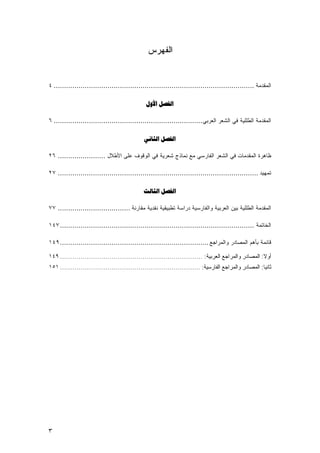 ‫ﺍﻟﻔﻬﺭﺱ‬


‫ﺍﻟﻤﻘﺩﻤﺔ ................................................................................................. ٤‬

                                              ‫ﺍﻟﻔﺼﻞ ﺍﻷﻭﻝ‬

‫ﺍﻟﻤﻘﺩﻤﺔ ﺍﻟﻁﻠﻠﻴﺔ ﻓﻲ ﺍﻟﺸﻌﺭ ﺍﻟﻌﺭﺒﻲ........................................................................ ٦‬

                                             ‫ﺍﻟﻔﺼﻞ ﺍﻟﺜﺎﻧﻲ‬

‫ﻅﺎﻫﺭﺓ ﺍﻟﻤﻘﺩﻤﺎﺕ ﻓﻲ ﺍﻟﺸﻌﺭ ﺍﻟﻔﺎﺭﺴﻲ ﻤﻊ ﻨﻤﺎﺫﺝ ﺸﻌﺭﻴﺔ ﻓﻲ ﺍﻟﻭﻗﻭﻑ ﻋﻠﻰ ﺍﻷﻁﻼل ....................... ٦٢‬

‫ﺘﻤﻬﻴﺩ ................................................................................................. ٧٢‬

                                             ‫ﺍﻟﻔﺼﻞ ﺍﻟﺜﺎﻟﺚ‬

‫ﺍﻟﻤﻘﺩﻤﺔ ﺍﻟﻁﻠﻠﻴﺔ ﺒﻴﻥ ﺍﻟﻌﺭﺒﻴﺔ ﻭﺍﻟﻔﺎﺭﺴﻴﺔ ﺩﺭﺍﺴﺔ ﺘﻁﺒﻴﻘﻴﺔ ﻨﻘﺩﻴﺔ ﻤﻘﺎﺭﻨﺔ ................................... ٧٧‬

‫ﺍﻟﺨﺎﺘﻤﺔ .............................................................................................. ٧٤١‬

‫ﻗﺎﺌﻤﺔ ﺒﺄﻫﻡ ﺍﻟﻤﺼﺎﺩﺭ ﻭﺍﻟﻤﺭﺍﺠﻊ ........................................................................ ٩٤١‬

‫ﺃﻭﻻ: ﺍﻟﻤﺼﺎﺩﺭ ﻭﺍﻟﻤﺭﺍﺠﻊ ﺍﻟﻌﺭﺒﻴﺔ: ..................................................................... ٩٤١‬
                                                                                                     ‫ﹰ‬
‫ﺜﺎﻨ ‪‬ﺎ: ﺍﻟﻤﺼﺎﺩﺭ ﻭﺍﻟﻤﺭﺍﺠﻊ ﺍﻟﻔﺎﺭﺴﻴﺔ: .................................................................... ١٥١‬
                                                                                                      ‫ﻴ‬




‫٣‬
 