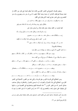 ‫ﻭﺒﻌﺽ ﻗﺼﺎﺌﺩ ﺍﻟﻤﺩﻴﺢ ﻓﻲ ﺍﻟﺸﻌﺭ ﺍﻟﻔﺎﺭﺴﻲ ﻜﺎﻨﺕ ﺘﺒﺩﺃ ﺒﻨﻅﻡ ﺃﺒﻴﺎﺕ ﻓﻲ ﻟﻐﺯ ﻤﻥ ﺍﻷﻟﻐـﺎﺯ‬
‫ﺘﺤﺕ ﺒﺼﻠﺔ ﻟﻌﻭﺍﻁﻑ ﺍﻟﺸﺎﻋﺭ ﺃﻭ ﻤﺩﺤﻪ ﻭﻨﺠﺩ ﺃﻤﺜﻠﺔ ﻋﻠﻴﻬـﺎ ﻓـﻲ ﺸـﻌﺭ ﻤﻨـﻭﺠﻬﺭﻱ، ﻭﺸـﻌﺭ‬
                                     ‫ﺍﻟﻌﻨﺼﺭﻱ، ﻭﻓﻲ ﺸﻌﺭ ﻤﻌﺯﻱ ﺃﻴ ‪‬ﺎ ﺍﻟﺫﻱ ﻴﻘﻭل ﻓﻲ ﺍﻟﻘﻠﻡ:‬
                                                          ‫ﻀ‬
                        ‫ـﺭ‬
                         ‫ـﻪ ﺘﻴــ‬
                               ‫ـﺒﻬﺭ ﻴﺎﻓﺘــ‬
                                         ‫ـﺭ ﺴــ‬
                                              ‫ـﺕ ﺯﺘﻴــ‬
                                                     ‫ـﻪ ﺒﻴﻜﺭﺴــ‬
                                                              ‫ﺠــ‬

       ‫ﺒﺸﻜل ﻭﺘﻴﺭ ﻭﺒﺩ ﻭﻤﻠـﻙ ﺭﺍﺴـﺕ ﻜـﺸﺘﻪ ﺠـﻭﺘﻴﺭ‬

                        ‫ﻜﺠﺎ ﺒ ﹶﺭﻴﺩ ﺩﺭ ﻜﺎﻟﻴﺩ ﺒﺨﻨﺩﺩ ﺠﺎﻥ ﻜﺠﺎ ﺒﻨﺎﻟﺩ ﺒﺭﺁﺴﻤﺎﻥ ﺒﻨﺎﺯﺩ ﺘﻴﺭ‬
                                                                          ‫ﻜ‬
       ‫ﺯﻨــﺎﺩﺭﺍﺕ ﺨــﻭﺍﻁﺭ ﺩﻫــﺩ ﻨــﺸﺎﻥ ﺒﺭﺸــﻙ‬
                        ‫ﺯﻤـــﺸﻜﻼﺕ ﻀـــﻤﺎﺌﺭ ﺩﻫـــﺩ ﺨﺒـــﺭ ﺒـــﺼﺭﻴﺭ‬

       ‫ﻫ ـﺭ ﺁﻨﺠ ـﻪ ﻁﺒ ـﻊ ﺒﺭﺍﻨﺩﻴ ـﺸﻪ ﺍﻭﻜﻨ ـﺩ ـﺄﻟﻴﻑ‬
           ‫ـ ﺘـ‬        ‫ـ‬         ‫ـ‬     ‫ـ‬      ‫ـ‬
                        ‫)١(‬
                              ‫ﻫــﺭ ﺁﻨــﺞ ﻭﻫــﻡ ﻓــﺭﺍﺯ ﺁﺭﺩ ﺍﻭﻜﻨــﺩ ﺘﻔــﺴﻴﺭ‬

                                                                   ‫ﻭﻤﻌﻨﺎﻫﺎ ﺒﺎﻟﻌﺭﺒﻴﺔ:‬
                                 ‫- ﻤﺎ ﻫﻭ ﺍﻟﺸﻲﺀ ﺍﻟـﺫﻱ ﻴـﺴﺘﻤﺩ ﺴـﻬﺎﻤﻪ ﻤـﻥ ﻋﻁـﺎﺭﺩ‬
‫ﻭﻴﺒــﺩﻭ ﻜﺎﻟــﺴﻬﻡ، ﻭﺒـ ـﻪ ﺍﺴــﺘﻘﺎﻡ ﺃﻤـ ـﺭ ﺍﻟﻤﻠــﻙ ﻜﺎﻟـ ـﺴﻬﻡ‬
   ‫ـ‬       ‫ـ‬       ‫ـ‬         ‫ـ‬     ‫ـ‬         ‫ـ‬       ‫ـ‬

                                 ‫- ﺤﻴــﺙ ﻴﺒﻜــﻲ ﺘــﻀﺤﻙ ﺍﻟــﺭﻭﺡ ﻓــﻲ ﺍﻟﺠــﺴﺩ‬
‫ـﻨﺠﻡ‬
   ‫ـﻰ ﺍﻟـــ‬
          ‫ـﺴﻬﻡ ﻋﻠـــ‬
                   ‫ـﺎﻫﻰ ﺍﻟـــ‬
                            ‫ـﺌﻥ ﻴﺘﺒـــ‬
                                     ‫ـﺙ ﻴـــ‬
                                           ‫ﻭﺤﻴـــ‬
                                 ‫ـﻭﺍﻁﺭ‬
                                     ‫ـﻭﺍﺩﺭ ﺍﻟﺨـــ‬
                                                ‫ـﻪ ﻨـــ‬
                                                      ‫ـﺹ ﺒﺩﻤﻭﻋـــ‬
                                                                ‫- ﻴﻘـــ‬
‫ـﻀﻤﺎﺌﺭ‬‫ـﺸﻜﻼﺕ ﺍﻟـــ‬‫ـﻥ ﻤـــ‬‫ـﺼﺭﻴﺭﻩ ﻋـــ‬‫ـﺭ ﺒـــ‬‫ﻭﻴﺨﺒـــ‬
                                 ‫ـﺎﻉ‬
                                   ‫ـﻪ ﺍﻟﻁﺒــ‬
                                           ‫ـﺭ ﻓﻴــ‬
                                                 ‫ـﺎ ﺘﻔﻜــ‬
                                                        ‫ـل ﻤــ‬
                                                             ‫ـﻑ ﻜــ‬
                                                                  ‫- ﻴﺅﻟــ‬
‫ـﻡ‬
 ‫ـﻭ ﻭﻫـــــ‬
          ‫ـﺎ ﻫـــــ‬
                  ‫ـل ﻤـــــ‬
                          ‫ـﺴﺭ ﻜـــــ‬
                                   ‫ﻭﻴﻔـــــ‬

‫ﻭﻤﻥ ﺍﻟﻤﻁﺎﻟﻊ ﺍﻟﺘﻲ ﻗﺩﺭﻫﺎ ﺍﻟﻔﺭﺱ ﺤﻕ ﻗﺩﺭﻫﺎ، ﻭﺍﻟﺘﻲ ﹸﻌﺩ ﻤﻥ ﺍﻟﻔﻨﻭﻥ ﺍﻷﺼﻴﻠﺔ ﻓﻲ ﺍﻟﺸﻌﺭ‬
                            ‫ﺘ‬
‫ﺍﻟﻔﺎﺭﺴﻲ، ﺍﻟﻤﻁﺎﻟﻊ ﺍﻟﺘﻲ ﺘﺒﺩﺃ ﺒﺎﻟﺴﺅﺍل ﻭﺍﻟﺠﻭﺍﺏ، ﺃﻭ ﻤﺎ ﻴﺴﻤﻰ ﺒﺎﻟﺤﻭﺍﺭ ﻭﺍﻟﻤﻨﺎﻅﺭﺓ، ﻭﻴﺫﻜﺭ ﺼﺎﺤﺏ‬
                                                     ‫)٢(‬
‫ﻫﺫﻩ ﺍﻟﺼﻨﻌﺔ ﻓﺈﻨﻬﻡ ﻴﺴﺘﻌﻤﻠﻭﻨﻬﺎ ﻓﻲ ﺍﻟﻘﺼﻴﺩﺓ ﻤﻥ ﺒـﺩﺍﻴﺘﻬﺎ‬         ‫ﺤﺩﺍﺌﻕ ﺍﻟﺴﺤﺭ ﺃﻨﻪ ﻤﻥ ﺘﻘﺩﻴﺭ ﺍﻟﻔﺭﺱ‬
‫ﺇﻟﻰ ﻨﻬﺎﻴﺘﻬﺎ ﻋﻠﻰ ﻨﺴﻕ ﻭﺍﺤﺩ، ﻭﺍﻟﻌﻨﺼﺭﻱ )ﺕ ٢٣٤ ﻫـ( ﻤﻥ ﺍﻟﺸﻌﺭﺍﺀ ﺍﻟـﺫﻴﻥ ﺍﻫﺘﻤـﻭﺍ ﺒﻬـﺫﻩ‬


‫)1( ﺭﺸﻴﺩ ﺍﻟﺩﻴﻥ ﺍﻟﻭﻁﻭﺍﻁ: ﺤﺩﺍﺌﻕ ﺍﻟﺴﺠﺭ ﻓﻲ ﺩﻗﺎﺌﻕ ﺍﻟﺸﻌﺭ، ﺘﺼﺤﻴﺢ ﻋﺒﺎﺱ ﺇﻗﺒﺎل ﻤﻁﺒﻌﺔ ﻤﺠﻠﺱ ﻁﻬـﺭﺍﻥ ﺹ‬
                                                                                ‫١٧.‬
                                                                  ‫)2( ﺍﻟﻤﺭﺠﻊ ﺍﻟﺴﺎﺒﻕ: ﺹ ٩٥.‬


‫١٣‬
 