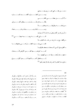 ‫- ﻤـــﻥ ﺒﻜـــﺎﺌﻲ ﺍﻨﺒـــﺭﻯ ﺠـــﺴﺩﻱ‬

‫ـﺎﺭﻩ‬
   ‫ـﺕ ﺜﻤــــ‬
           ‫ـﺎﺭﻩ ﺃﺘﻠﻔــــ‬
                       ‫ـﻥ ﺃﻤﻁــــ‬
                                ‫ﻭﻤــــ‬
                                      ‫- ﺃﻻ ﺃﻴـــــﻥ ﺠﻤﻠـــــﻲ ﺍﻟﻔﺘـــــﻰ‬

‫ـﺭﺵ‬
  ‫ـﻴﻘﺎﻥ ﺍﻟﻌــــ‬
              ‫ـل ﺴــــ‬
                     ‫ـﺩﺍﻡ ﻤﺜــــ‬
                               ‫ﺒﺄﻗــــ‬
                                      ‫- ﻭﺯﻤﺎﻤــــﻪ ﻭﻁﺭﻴﻘــــﻪ ﻭﺤﺎﺩﻴــــﺔ‬
‫ﻭﺴــــــﻨﺎﻤﻪ ﻭﻤــــــﺴﻨﺩﻩ ﻭﻋــــــﺼﺎﻩ‬

                                      ‫- ـﻥ ـﻭ ـﻭﺽ ـﻪ ـﺫﺍ ـﺴﺭﺍﺏ‬
                                          ‫ﺒـ ﻫـ ﺍﻟـ‬  ‫ﺃﻴـ ﻫـ ﻷﺨـ‬
‫)١(‬
      ‫ـﻲ‬
       ‫ـﺴﻪ ﺠﻤﻠــــ‬
                 ‫ـﻪ ﻭﺠــــ‬
                         ‫ـﺫﻱ ﺃﻟﻔــــ‬
                                   ‫ﺍﻟــــ‬
                                      ‫- ﻭﺃﻗﻁــﻊ ﺒــﻪ ﻭﻋــﺭ ﻫــﺫﻩ ﺍﻟﺒﺎﺩﻴــﺔ‬
                                       ‫ـ‬          ‫ـ‬    ‫ـ‬     ‫ـ‬    ‫ـ‬
‫ـﺎ‬
 ‫ـﻲ ﻤﻨﺘﻬﺎﻫـــ‬
            ‫ـل ﻓـــ‬
                  ‫ـﻭﻩ ﺍﻟﻌﻘـــ‬
                            ‫ـﻲ ﻴﺘـــ‬
                                   ‫ﺍﻟﺘـــ‬
                                      ‫ـﺎ‬
                                       ‫ـﻕ ـﻰ ـﺴﻤﺎﺀ ـﺼﻑ ﻁﻭﻟﻬـ‬
                                               ‫ﻨـ‬    ‫- ﺍﻟﻁﺭﻴـ ﺇﻟـ ﺍﻟـ‬
‫ـﺴﻤﺎﺀ‬
    ‫ـﻥ ﺍﻷﺭﺽ ﻟﻠـــ‬
                ‫ـﻬﺎ ﻓﻤـــ‬
                        ‫ـﺎ ﻋﺭﻀـــ‬
                                ‫ﺃﻤـــ‬

                                      ‫- ﺠﻬـــﻨﻡ ﺃﺭﻀـــﻬﺎ، ﻤـــﻥ ﻟﻬﻴﺒﻬـــﺎ‬
‫ـﻭﺝ‬‫ـﻌ ‪‬ﺍ ﻟﻠﺯﻨـــ‬
            ‫ـﺸﺎﺒﻬﺎ ﺸـــ ﺭ‬‫ـﺴﺘﺤﻴل ﺃﻋـــ‬‫ﺘـــ‬
                                      ‫)١(‬
                                            ‫- ﺨﺭﺒ ـﺕ ﺍﻟﺒﺎﺩﻴ ـﺔ ﺨ ـﺭﺍﺏ ﻤﻠ ـﻙ ﺠﻤ ـﺸﻴﺩ‬
                                               ‫ـ‬     ‫ـ‬       ‫ـ ـ‬            ‫ـ‬




                                                                                    ‫)1(‬

‫ـﺘﻤﺎﻉ ـﺎﻱ ﺍﻭ‬
     ‫ﻨــ‬   ‫ـﺩﻡ ﺯ ﺍﺴــ‬
                    ‫ﺴ ـﺘﻪ ﺸــ‬
                          ‫‪‬ــ‬                  ‫ـﺭﺍﺏ ـﻴﻥ ـﺎﻱ ﺯﻥ ـﺩﻩ ـﺕ ـﻥ‬
                                                ‫ﺸـ ﺴـ ﻭﻤـ‬     ‫ﺒـ ﻨـ‬    ‫ﻏـ‬
‫ـﺭﺍﻱ ﺃﻭ ـﺭﺍﺏ، ـﻭﻥ ـﺎﻱ ﺍﻭ‬
      ‫ﻭﻓـ‬ ‫ﭽـ‬    ‫ﺨـ‬      ‫ﺴـ‬                     ‫ـﻴﻥ‬
                                                 ‫ـﺩ ﭽﻨــ‬
                                                       ‫ـﺎ ﻭﺸــ‬
                                                             ‫ـﺕ ـﺎﺭ ﺒﻴﻭﻓــ‬
                                                                      ‫ﺒﺭﻓــ ﻴــ‬

‫ـﺎﻱ ﺍﻭ‬
     ‫ـﺎﻱ ﺍﻭ ﺒﺠــ‬
               ‫ـﻭﺩ ﺠــ‬
                     ‫ـﺎ ﻨﻤــ‬
                           ‫ﻭﻓــ‬                ‫ﺒﺠـ ـﺎﻱ ﺍﻭ ﺒﻤـ ـﺎ ﻨـ ـﺩ ﺠـ ـﺎﻱ ﺍﻭ ﺒﻤـ ـﻥ‬
                                                ‫ـ‬          ‫ـ‬     ‫ـ ـ‬              ‫ـ‬

‫ﻜــﻪ ﻜﻌﺒــﺔ ﻭﺤــﻭﺵ ﺸــﺩ ﺴــﺭﺍﻱ ﺍﻭ‬              ‫ـﺕ ـﺜﻡ ـﻥ‬
                                                 ‫ـﺯﻡ ﺍﺴـ ﭽـ ﻤـ‬‫ـﺴﺎﻥ ـﺎﻩ ﺯﻤـ‬
                                                                     ‫ﭽـ‬   ‫ﺒـ‬

‫ـﺒﺎﻱ ﺍﻭ‬‫ـﻥ ﺼــ‬‫ـﺭﺩ ﻤــ‬‫ـﺴﺎﻥ ﺁﻩ ﺴــ‬‫ﺒــ‬             ‫ﺴـــﺤﺎﺏ ﺃﻭ ﺒـــﺴﺎﻥ ﺩﻴـــﺩﻜﺎﻥ ﻤـــﻥ‬

‫ـﺎﻱ ﺍﻭ‬
     ‫ـﺩ ـﻥ ﻭﻱ ﺍﺯ ُ ﺒﻜــ‬
                   ‫ـﺭﺍﺏ ﺸــ ﺘــ‬
                              ‫ﺨــ‬              ‫ـﺭﺍﺏ ـﺩ ـﻥ ـﻥ ﺍﺯ ـﺎﻱ ـﻥ‬
                                                 ‫ﻤـ‬  ‫ﺒﻜـ‬   ‫ﺸـ ﺘـ ﻤـ‬   ‫ﺨـ‬
                                                                                   ‫٩‬
‫ـﺎﻱ ﺍﻭ‬‫ـﺭﺵ ﺒــ‬‫ـﺎﻗﻬﺎﻱ ﻋــ‬‫ـﺴﺎﻥ ﺴــ‬‫ﺒــ‬             ‫ـﻥ‬
                                                ‫ـﺎﻱ ﻤــ‬
                                                      ‫ـل ﺒﺎﺩﺒــ‬
                                                              ‫ـﺕ ﺠﻤــ‬
                                                                    ‫ﻜﺠﺎﺴــ‬             ‫ﺍﻻ‬

‫ـﺼﺎﻱ ﺍﻭ‬‫ـﺕ ﺍﻭ ﻋــ‬‫ـﻨﺎﻡ ﺍﻭ – ﻭ ﺩﺴــ‬‫ﺴــ‬            ‫ﺯﻤــــﺎﻡ ﺍﻭ ﻁﺭﻴــــﻕ ﺍﻭ ﻭ ﺭﺍﻫﺒــــﺭ‬

‫ـﻨﺎﻱ ﺍﻭ‬‫ـﺭﻩ ﺁﺸـــ‬‫ـﺭﺍﺏ ﺁﺏ ﺠﻬـــ‬‫ﺴـــ‬              ‫ﻜﺠﺎﺴـــﺕ ﺘـــﺎ ﺒﻴﺎﺯﻤـــﺎﻴﻡ ﺍﻨـــﺩﺭﻴﻥ‬




‫٥٤‬
 