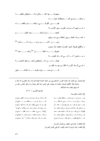 ‫ـﺎ‬
 ‫ـﺸﻴﻁﺎﻥ ﻤﻠﻜﻬـــ‬
              ‫ـﻴﻼﻥ ﻭﺍﻟـــ‬
                        ‫ﻭﺠﻴﻭﺸــ ـﻬﺎ ﺍﻟﻐـــ‬
                                 ‫ـ‬

                                             ‫ـﻪ‬
                                              ‫ـﺼﻁﻔﺎﺕ ﺤﻭﻟـــ‬
                                                          ‫ـﻭﺍﺭﻱ ﺍﻟﻤـــ‬
                                                                     ‫- ﻭﺍﻟﺠـــ‬
‫ـﺎﺀ‬‫ـﺎﻡ ﻭﺍﻟﻘﻁـــ‬‫ـﻲ، ﻭﺍﻟﻨﻌـــ‬‫ـﻭﺭ ﺍﻟﻜﺭﻜـــ‬‫ﻁﻴـــ‬

                                             ‫ـﺔ‬‫ـﻬﻡ ﺍﻷﻭﺩﻴـ‬‫- ـﺭﺍﺒﻬﻡ ـﺴﺭﺍﺏ، ﻜﺅﻭﺴـ‬
                                                                     ‫ﺍﻟـ‬    ‫ﺸـ‬
‫ـﻡ‬
 ‫ـﺼﺎ ﻨﻘﻠﻬــــــ‬
              ‫ـﺎﺭﺓ ﻭﺍﻟﺤــــــ‬
                            ‫ﺍﻟﺤﺠــــــ‬
                                             ‫ـﻴﻥ ـﻭﻟﻬﻡ‬
                                                  ‫ﺤـ‬  ‫ـﺭﺒﻴﻥ ﺍﻟﻤﻠﺘﻔـ‬‫ـﻭﺍﺕ ﺍﻟﻤﻁـ‬‫- ﺃﺼـ‬
‫)٢(‬
      ‫ﺯﺌﻴــــﺭ ﺍﻷﺴــــﻭﺩ ﻭﻋــــﻭﺍﺀ ﺍﻟــــﺫﺌﺎﺏ‬

                                             ‫- ﻭﺃﻗﻁﻊ ﻁﺭﻴ ﹰﺎ ﺸﺩﻴﺩ ﺍﻟﺤﺭﺍﺭﺓ ﻤﻔﻌ ‪‬ﺎ ﺒﺎﻟـﺴﻤﻭﻡ‬
                                                       ‫ﻤ‬                   ‫ﻘ‬
‫)٤(‬                   ‫)٣(‬
      ‫ـﻀﺎ‬
        ‫ﻭﺍﻟﻐـــــ‬           ‫ـﺎﺯ‬
                              ‫ـﻪ ﺍﻟﻌﻜـــــ‬
                                         ‫ﺘﺤﻭﻁـــــ‬
                                             ‫- ﻤـ ـﺫﻋﻭ ‪‬ﺍ ﺃﻨـ ـﺎ ﻓـ ـﻲ ﺘﻠـ ـﻙ ﺍﻟﺒﺎﺩﻴـ ـﺔ‬
                                              ‫ـ‬          ‫ـ‬      ‫ـ‬     ‫ـ‬      ‫ـ ﺭ‬
‫ﺨﻭ ﹰـ ـﺎ ﻤـ ـﻥ ﺍﻟـ ـﺸﻴﺎﻁﻴﻥ ﻭﺃﺼـ ـﻭﺍﺘﻬﺎ ﺍﻟﻤﺩﻭﻴـ ـﺔ‬
 ‫ـ‬              ‫ـ‬            ‫ـ‬      ‫ـ‬     ‫ﻓ ـ‬
                                             ‫ـﺭ‬
                                              ‫ـﺔ ـﻡ ـﻪ ﺍﻟﻘﻤـ‬
                                                     ‫- ـﻲ ـﻙ ﺍﻵﻭﻨـ ﺃﻅﻠـ ﻭﺠـ‬
                                                                     ‫ﻓـ ﺘﻠـ‬

‫ﻜـــ ـﺎﻥ ﻀـــ ـﻴﺎﺅﻩ ﻜﻭﺠـــ ـﻪ ﺍﻟﻌﺎﺸـــ ـﻘﻴﻥ‬
   ‫ـ‬           ‫ـ‬            ‫ـ‬        ‫ـ‬



‫)1( ﺠﻤﺸﻴﺩ: ﺠﻡ ﺍﻟﺸﻴﺫ ﺃﺤﺩ ﻤﻠﻭﻙ ﺍﻟﻔﺭﺱ ﺍﻷﺴﻁﻭﺭﻴﻴﻥ ﻤﻥ ﻤﻠﻭﻙ ﺍﻟﺩﻭﻟﺔ ﺍﻟﺒﻴﺸﺩﺍﺩﻴﺔ ﺠﺎﺀ ﻋﻨﺩ ﺍﻟﻁﺒﺭﻱ ﺃﻨﻪ ﺤﻜـﻡ‬
‫ﺴﺘﻤﺎﺌﺔ ﻤﻠﻙ ﺍﻷﻗﺎﻟﻴﻡ ﺍﻟﺴﺒﻌﺔ، ﻭﻜﺎﻨﺕ ﻟﻪ ﺴﻴﻁﺭﺓ ﻋﻠﻰ ﺍﻟﺠﻥ، ﻭﻟﻤﺎ ﻜﻔﺭ ﺒﻨﻌﻤﺔ ﺭﺒﻪ ﻭﺫﻜﺭ ﻟﻺﻨﺱ ﻭﺍﻟﺠـﻥ‬
                                                             ‫ﺃﻨﻪ ﻭﻟﻴﻬﻡ ﺘﺨﻠﺕ ﻋﻨﻪ ﺍﻟﻤﻼﺌﻜﺔ.‬
              ‫)ﺘﺎﺭﻴﺦ ﺍﻟﻁﺒﺭﻱ ١: ٤٧١(.‬
                                                                            ‫)2( ﺍﻷﺒﻴﺎﺕ ﺒﺎﻟﻔﺎﺭﺴﻴﺔ:‬
‫ﻜــﻪ ﻜــﻡ ﺸــﻭﺩ ﺨــﺭﺩ ﺩﺭ ﺍﻨﺘﻬــﺎﻱ ﺍﻭ‬                ‫ـﻪ‬
                                                     ‫ـﺘﻨﺎﻙ ﺒﺎﺩﻴـــ‬
                                                                 ‫ـﻥ ﺩﺭﺸـــ‬
                                                                         ‫ـ ‪‬ﻡ ﺍﻴـــ‬
                                                                                ‫ﺒﻴـــ ﺭ‬
‫ﻓــــﺭﺍﺯ ﺍﻭ ﻤــــﺴﺎﻓﺕ ﺴــــﻤﺎﻱ ﺍﻭ‬                   ‫ﺯ ﻁـــﻭل ﺍﻭ ﺒـــﻪ ﻨـــﻴﻡ ﺭﺍﻩ ﺒﻜﻠـــﺩ‬
‫ﭽــﻭ ﻤــﻭﻱ ﺯﻨﻜﻴــﺎﻥ ﺸــﺩﻩ ﻜﻴــﺎﻱ ﺍﻭ‬                 ‫ﺯﻤــ ـﻴﻥ ﺍﻭ ﭽــ ـﻭ ﺩﻭﺯﺥ ﻭﺯﺘــ ـﻑ ْ ﺁﻥ‬
                                                          ‫ـ‬             ‫ـ‬          ‫ـ‬
‫ـﻭ، ﭙﺎﺩ ـﺎﻱ ﺍﻭ ْ‬
       ‫ﺸــ‬     ‫ـﻭل ﻭ ﺩﻴــ‬
                        ‫ـﭙﺎﻩ ﻏــ‬
                               ‫ﺴــ‬                  ‫ـﻪ‬
                                                     ‫ـﺭﺍﺏ، ﺒﺎﺩﻴــ‬
                                                                ‫ـﻡ ﺨــ‬
                                                                     ‫ـﻙ ﺠــ‬
                                                                          ‫ـﺴﺎﻥ ﻤﻠــ‬
                                                                                  ‫ﺒــ‬
‫ـﺎﻱ ﺍﻭ‬‫ـﻪ ﻭ ﻗﻁـــ‬‫ـﻲ ﻭ ﻨﻌﺎﻤـــ‬‫ﺯﻜﺭﻜـــ‬                 ‫ـﻑ‬‫ـﺸﻴﺩﻩ ﺼــ‬‫ـﺭﺩ ﺍﻭ ﻜــ‬‫ـﺎﻥ ﺒﻜــ‬‫ﻜﻨﻴﺯﻜــ‬
‫ـﺼﺎﻱ ﺍﻭ‬
      ‫ـﺎﺭﻩ ﻭﺤـــ‬
               ‫ـل ﺍﻭ ﺤﺠـــ‬
                         ‫ﻭ ﻨﻘـــ‬                    ‫ـﻪ‬
                                                     ‫ـﺎﻤﺵ ﺍﻭﺩﻴــ‬
                                                               ‫ـﺭﺍﺏ ﻭﺠــ‬
                                                                       ‫ـﺭﺍﺏ ﺍﻭ ﺴــ‬
                                                                                 ‫ﺸــ‬
‫ـﻭﺍﻱ ﺍﻭ‬
      ‫ـﺭﻙ ﺭﺍ ْ ُ ﻋــ‬
                   ‫ـﻴﺭ ﻭﻜــ‬
                          ‫ـﺭ ﺸــ‬
                               ‫ﺯﺌﻴــ‬                ‫ـﺭﺩ ﺍﻭ ﺩﺭﻭﻥ‬
                                                              ‫ـﺎﻥ ﺒﻜـــ‬
                                                                      ‫ـﻤﺎﻉ ﻤﻁﺭﺒـــ‬
                                                                                 ‫ﺴـــ‬

                                                    ‫)3( ﺍﻟﻌﻜﺎﺯﺓ: ﻋﺼﺎ ﻓﻲ ﺃﺴﻔﻠﻬﺎ ﺭ ‪) ‬ﻟﺴﺎﻥ ﺍﻟﻌﺭﺏ(.‬
                                                                  ‫‪‬ﺝ‬
                                        ‫)4( ﺍﻟﻔﻀﺎ: ﻨﺒﺎﺕ ﺍﻟﺭﻤل ﻟﻪ ‪‬ﺫﺏ ﻜﻬﺫﺏ ﺍﻷﺭﻁﻲ )ﻟﺴﺎﻥ ﺍﻟﻌﺭﺏ(.‬
                                                                 ‫ﻫ ‪‬‬


‫٦٤‬
 