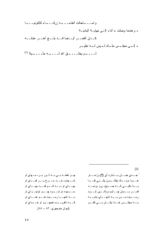 ‫ـﺎ‬
 ‫ـﺎﺀ ﻜﺎﻟﺘﻭﻨﻴـــ‬
              ‫ـﻪ ﺯﺭﻗـــ‬
                      ‫ـﺘﺤﺎﻟﺕ ﺃﻨﻔﺎﺴـــ‬
                                    ‫ﻭﺍﺴـــ‬

                                           ‫- ﻭﻋﻨﺩﻤﺎ ﻭﺼﻠﺕ – ﺃﻨﺎ- ﺇﻟـﻰ ﻨﻬﺎﻴـﺔ ﺍﻟﺒﺎﺩﻴـﺔ‬
‫ﻜــﺎﻥ ﺍﻟﻘﻤــﺭ ﺃﻴــ ‪‬ﺎ ﻗــﺩ ﺒﻠــﻎ ﺁﺨــﺭ ﻋﻨﺎﺌــﻪ‬
                          ‫ﻀ‬

                                           ‫ـﺭ‬
                                            ‫ـﺱ ـﻙ ـﻴﺱ ـﻪ ﻨﻅﻴـ‬
                                                  ‫ﻟـ‬  ‫- ـﻰ ﻤﺠﻠـ ﻤﻠـ ﻟـ‬
                                                                   ‫ﺇﻟـ‬
‫)١(‬
      ‫ـﻴﻼ‬
        ‫ـﻪ ﻤﺜــــ‬
                ‫ـﻕ ﺍﷲ ﻟــــ‬
                          ‫ـﻡ ﻴﺨﻠــــ‬
                                   ‫ﻟــــ‬




                                                                                   ‫)1(‬
‫ﭽـﻭ ﻨﻘﻁـﻪ ﺒـﻲ ﺒـﻪ ﺜـﻭﺭ ﺒـﺭ، ﺴـﻬﺎﻱ ﺍﻭ‬             ‫ُ ﺠــﺩﻱ ﺠﻨــﺎﻥ ﺒــﺸﺎﺭﻩ ﺃﻱ )؟( ﻭﺯﺍﺴــﺘﺭ‬
‫ﺸــﻬﺎﺏ، ﺒﻨــﺩ ﺴــﺭﺥ ﺒــﺭ ﻗﺒــﺎﻱ ﺍﻭ‬
     ‫ـ‬     ‫ـ‬     ‫ـ‬    ‫ـ‬        ‫ـ‬                 ‫ـﺎ‬
                                                  ‫ـﻲ ﻗﺒــ‬
                                                        ‫ـﻭﻥ ﻴﻜــ‬
                                                               ‫ـﻙ ﻨﻴﻠﻜــ‬
                                                                       ‫ـﻭﺍ ﺒﺭﻨــ‬
                                                                               ‫ﻫــ‬
‫ﺒﻬـ ـﺎﻱ ﺍﻭ ﺒـ ـﻪ ﻜـ ـﻡ ﻜﻨـ ـﺩ ﺒﻬـ ـﺎﻱ ﺍﻭ‬
     ‫ـ‬      ‫ـ‬      ‫ـ‬     ‫ـ‬         ‫ـ‬             ‫ﺒــﺩﺍ ﻨﻜﺒــﻲ ﻜــﻪ ﺼــﺒﺢ، ﺭﻭﺯ ﺒﺭﺩﻤــﺩ‬
‫ـﺎﻱ ﺍﻭ‬
     ‫ـﻭ ﺘﻭﺘﻴــ‬
             ‫ـﻭﺩ ﭽــ‬
                   ‫ـﺒﻴﺩﻩ ﺩﻡ ﺸــ‬
                              ‫ﺴــ‬                ‫ﻗﻤــﺭ ﺒــﺴﺎﻥ ﭽــﺸﻡ ﺩﺭﺩﻜــﻴﻥ ﺸــﻭﺩ‬
                                                   ‫ـ‬     ‫ـ‬        ‫ـ‬      ‫ـ‬    ‫ـ‬
‫ﺒـ ـﻪ ﺍﻨﺘﻬـ ـﺎ ﺭﺴـ ـﻴﺩﻩ ﻫـ ـﻡ ﻋﻨـ ـﺎﻱ ﺍﻭ‬
     ‫ـ‬      ‫ـ‬       ‫ـ‬      ‫ـ‬        ‫ـ‬            ‫ـﻪ‬
                                                  ‫ـﺎﻱ ﺒﺎﺩﻴــ‬
                                                           ‫ـﻴﺩﻩ ـﻥ ـﻪ ﺍﻨﺘﻬــ‬
                                                                   ‫ﺭﺴــ ﻤــ ﺒــ‬
‫ـﺩﺍﻱ ﺍﻭ‬
      ‫ـﻭ ﺍﻭ ﺨــ‬
              ‫ـﺩﻩ ﻫﻤﭽــ‬
                      ‫ـﻪ ﻨﺎﻓﺭﻴــ‬
                               ‫ﻜــ‬               ‫ﺒــﻪ ﻤﺠﻠــﺱ ﺨــﺩﺍ ﻴﻜــﺎﻥ ﺒــﻲ ﻜﻘــﻭ‬
         ‫)ﺩﻴﻭﺍﻥ ﻤﻨﻭﺠﻬﺭﻱ: ٢٨ – ٤٨(.‬


‫٨٤‬
 