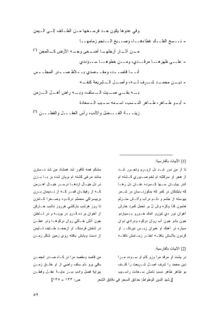 ‫ﻭﻓﻲ ﻋﺩﻭﻫﺎ ﻴﻜﻭﻥ ﺤـﺩ ﻓﺭﺴـﺨﻬﺎ ﻤـﻥ ﺍﻟﻁـﺎﺌﻑ ﺇﻟـﻰ ﺍﻟـﻴﻤﻥ‬

                            ‫- ﻨــﺴﺞ ﺍﻟﻔﻠــﻙ ﻏﻁﺎﺀﻫــﺎ، ﻭﺼــﺒﻎ ﺍﻟــﻨﺠﻡ ﺯﻤﺎﻤﻬــﺎ‬
‫)١(‬
      ‫ـﻪ ﺍﻷﺭﺽ ـﺎﻟﻤﺠﻥ‬
           ‫ﻜـ‬      ‫ـﺤﻰ ﻭﺠـ‬
                         ‫ـﺎ ﺃﻀـ‬
                              ‫ـﻥ ـﺎﺭ ﺃﺭﺠﻠﻬـ‬
                                       ‫ﻤـ ﺁﺜـ‬

                            ‫- ﻋﻠــﻰ ﻅﻬﺭﻫــﺎ ﻤﺭﻗــﺩﻱ، ﻭﻤــﻥ ﺨﻁﻭﻫــﺎ ﺴــﺅﺩﺩﻱ‬
‫ـﺩ، ﻭﻤﻘـ ـﺼﺩﻱ ﺒـ ـﻼﻁ ﺼـ ـﺩﺭ ﺍﻟﻤﺠﻠـ ـﺱ‬
 ‫ـ‬          ‫ـ‬      ‫ـ‬       ‫ـ‬        ‫ﺃﻨـ ـﺎ ﻗﺎﺼــ‬
                                           ‫ـ‬
                            ‫ـﻪ‬‫ـل ـﺸﺭﻴﻌﺔ ﻜﻨﻔـ‬
                                         ‫ـﺩ ـﺭﻑ ـﻪ، ﻭﺃﺼـ ﺍﻟـ‬
                                                     ‫ﻟـ‬  ‫- ـﻥ ﻤﺤﻤـ ﺸـ‬
                                                                   ‫ﺩﻴـ‬

‫ـﻪ ـﻲ ـﻴﺕ ـﺴﻠﻑ، ـﻪ ﺭﺍﺽ ـل ـﺯﻤﻥ‬
    ‫ﺃﻫـ ﺍﻟـ‬   ‫ﻭﺒـ‬   ‫ﺍﻟـ‬ ‫ﺒـ ﺒﻘـ ﺼـ‬

                            ‫- ـﻭ ـﺎﻫﺭ، ـﺎﻫﺭ ـﺴﺏ، ـﻤﻪ ـﺒﺏ ـﺴﻌﺎﺩﺓ‬
                                 ‫ﺍﺴـ ﺴـ ﺍﻟـ‬   ‫ﺍﻟﻨـ‬ ‫ﻁـ‬    ‫ﺃﺒـ ﻁـ‬
‫)٢(‬
      ‫ﺯﻴﻨـــﺔ ﺍﻟﻔـــﻀل ﻭﺍﻷﺩﺏ، ﺭﺃﺱ ﺍﻟﻌﻘـــل ﻭﺍﻟﻔﻁـــﻥ‬




                                                                          ‫)1( ﺍﻷﺒﻴﺎﺕ ﺒﺎﻟﻔﺎﺭﺴﻴﺔ:‬
‫ﻤﺸﻜﻡ ﻫﻤﻪ ﻜﺎﻓﻭﺭ ﺸﺩ ﻫﻤﺸﺎﺩ ﻤﻥ ﺸﺩ ﻨـﺴﺘﺭﻥ‬                ‫ﺘﺎ ﺍﺯ ﻤﻥ ﺩﻭﺭ ﺸـﺩ ﺩل ﺍﺯﻴـﺭﻡ ﻭﺘﺠـﻭﺭ ﺸـﺩ‬
‫ﻤﺎﻨﻨﺩ ﻤﺭﻏﻰ ﻜﺸﺘﻪ ﺍﻡ ﺒﺭﻴﺎﻥ ﺸﺩﻩ ﺒﺭ ﺒـﺎ ﺒـﺯﻥ‬            ‫ﺍﺯ ﻫﺠﺭ ﺍﻭ ﺴﺭﻜﺜﺘﻪ ﺍﻡ ﺘﺨﻡ ﺼـﺒﻭﺭﻱ ﻜـﺸﺘﻪ ﺍﻡ‬
‫ﺩﺭ ﺩل ﺨﻴ ـﺎل ﺍﺯﺩﻫ ـﺎ ﺩﺭﺴ ـﺭ ﺨﻴ ـﺎل ﺍﻫ ـﺭﻤﻥ‬
   ‫ـ‬      ‫ـ‬     ‫ـ‬      ‫ـ‬        ‫ـ‬                   ‫ﺍﻨﺩﺭ ﺒﻴﺎﺒـﺎﻥ ﺴـﻬﺎ ﻜـﺴﺭﺩﻩ ﻋﻨـﺎﻥ ﺩل ﺭﻫـﺎ‬
‫ﻜـﻪ ﺍﺯ ﺭﻓﻴﻘـﺎﻥ ﻗﻤـﺭ ﻜـﻪ ﺍﺯ ﻨـﺩﻴﻤﺎﻥ ‪‬ـﺭﻥ‬
‫ﺒ ‪‬‬                                                ‫ﻜﻪ ﺒﺎﻴﻠﻨﻜﺎﻥ ﺩﺭ ﻜﻤﺭ ﻜﻪ ﺒﺩﻜﻭﺯﻨـﺴﺎﻥ ﺩﺭ ﺸـﻤﺭ‬
‫ﺒﺭﺒﻴﺴﺭﺍﻜﻲ ﻤﺤﻤﻠﻡ ﺩﺭﻜـﻭﻩ ﻭﺼـﺤﺭﺍ ﻜـﺎﻤ ‪‬ﻥ‬
 ‫‪‬ﺯ‬                                                 ‫ﺒﻴﻭﺴﺘﻪ ﺍﺯ ﺠﺸﻡ ﻭ ﺩﻟـﻡ ﺩﺭﺁﺏ ﻭﺁﺘـﺵ ﻤﻨـﺯﻟﻡ‬
‫ﺘﺎ ﺭﻭﺯ ﻫﺭﺸﺏ ﺒﺎﺭﻜﺸﻲ ﻫﺭﺭﻭﺯ ﻨﺎﺸﺏ ﺨـﺎﺭﻜﻥ‬
                         ‫‪‬‬                          ‫ﻫﺎﻤﻭﻥ ﻜﺫﺍ ﻭﻜﺭﻩ ﻭﺵ ل ﺒﺭ ﺘﺤﻤل ﻜﻤﺭﺩ ﺨﺎﺭﺵ‬
                                                                      ‫ّ‬
‫ﺍﺯ ﺁﺨﻭﺍﻥ ﺒﺭ ﺩﻩ ﻜـﺭﻭ ﺩﺭ ﻴﻭﻴـﻪ ﻭ ﺩﺭ ﺘـﺎﺨﺘﻥ‬            ‫ﺁﻫﻭﺍﻥ ﻨﻭﺭ ﺩﻱ ﺘﻴﺯﺭﻭ ﺍﻨﺩﻙ ﺨـﻭﺭﻭ ﺒـﺴﻴﺎﺭﺩﻭ‬
‫ﺠﻭﻥ ﺁﺘﺵ ﺨـﺎﻜﻲ ﺭﻭﺍﻥ ﺩﺭﻜﻭﻫـﺎ ﻭﺩﺭ ﻋﻁـﻥ‬                 ‫ﺠﻭﻥ ﺒﺎﺩﻭ ﺠﻭﻥ ﺁﺏ ﺭﻭﺍﻥ ﺩﺭﻜﻭﻩ ﻭﺩﺭﺍﺩﻱ ﺩﻭﺍﻥ‬
‫ﺩﺭ ﺘﺎﺨﺘﻥ ﻓﺭﺴﻨﻜـ ﺍﻭ ﺍﺯﺠﺤـﺩ ﻁـﺎﻴﻑ ﺘـﺎﻴﻤﻥ‬
             ‫‪‬‬                                      ‫ﺴ ‪‬ﺎﺭﻩ ﺩﺭ ﺁﻫﻨﻙ ﺍﻭ ﺨﻴﺭﺍﻥ ﺯﺒـﺱ ﻨﻴﺭﻨﻜــ ﺍﻭ‬
                                                                                        ‫ﻴ‬
‫ﺍﺯ ﺩﺴﺕ ﻭﺒﺎﺒﺵ ﺒﺎﻓﺘﻪ ﺭﻭﻯ ﺯﻤﻴﻥ ﺸﻜل ﺯﻤـﻥ‬                ‫ﻜﺭﺩﻭﻥ ﺒﻼﺴﺵ ﺒﺎﻓﺘـﻪ ﺍﺨﺘـﺭ ﺯﻤـﺎﻤﺵ ﺘﺎﻓﺘـﻪ‬

                                                                          ‫)2( ﺍﻷﺒﻴﺎﺕ ﺒﺎﻟﻔﺎﺭﺴﻴﺔ:‬
‫ﻤﻥ ﻗﺎﺼﺩ ﻭﻤﻘﺼﺩ ﻤﺭﺍ ﺩﺭ ﻜـﺎﻩ ﺼـﺩﺭ ﺍﻨﺠﻤـﻥ‬               ‫ﺩﺭ ﻴﺸﺕ ﺃﻭ ﻤﺭﻗﺩ ﻤﺭﺍ ﻭﺯﻭ ﻜﺎﻡ ﺍﻭ ﺴـﻭﺩﺩ ﻤـﺭﺍ‬
‫ﺒﺎﻗﻲ ﺒﺭﻭ ﻨﺎﻡ ﺴﻠﻑ ﺭﺍﻀﻲ ﺍﺯ ﺍﻭ ﺨﻠـﻕ ﺯﻤـﻥ‬               ‫ﺩﻴﻥ ﻤﺤ ‪‬ﺩ ﺭﺍ ﺸﺭﻑ ﺍﺼـل ﺸـﺭﻴﻌﺕ ﺭﺍ ﻜﻨـﻑ‬
                                                                                ‫ﻤ‬
‫ﺒﻴﺭﺍﻴﺔ ﻓﺼل ﻭﺍﺩﺏ ﺴـﺭ ﻤﺎﻴـﺔ ﻋﻘـل ﻭﻓﻁـﻥ‬                ‫ﺒﻭ ﻁﺎﻫﺭ ﻁﺎﻫﺭ ﻨﺴﺏ ﻨﺎﻤﺵ ﺴـﻌﺎﺩﺕ ﺭﺍﺴـﻴﺏ‬
           ‫ﺹ: ٣٣١ – ٥٣١[‬               ‫]ﺭﺸﻴﺩ ﺍﻟﺩﻴﻥ ﺍﻟﻭﻁﻭﺍﻁ: ﺤﺩﺍﺌﻕ ﺍﻟﺴﺤﺭ ﻓﻲ ﺩﻗﺎﺌﻕ ﺍﻟﺸﻌﺭ‬


‫٢٥‬
 