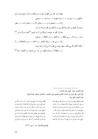 ‫ـﺎﻥ‬‫ـﻪ ـﺠﺭﺓ ﺭﻤـ‬
           ‫ـﻕ ـﻥ ﻗﺎﻤﺘـ ﺸـ‬
                      ‫ـﻰ ﺍﻟﻁﺭﻴـ ﻤـ‬‫ـﺕ ﻋﻠـ‬‫ﻓﻨﺒﺘـ‬

                              ‫ـﺼﻲ‬
                                ‫ـﻪ ﺤــــ‬
                                       ‫ـﻤﺎﺀ ﻨﺠﻭﻤــــ‬
                                                   ‫ـﻕ ﺴــــ‬
                                                          ‫- ﺍﻟﻁﺭﻴــــ‬
‫ـﺠﻥ‬
  ‫ـﺠﺎﺭﻩ ﺸــــ‬
            ‫ـﺴﺘﺎﻥ ﺃﺸــــ‬
                       ‫ـﺼﺤﺭﺍﺀ ﺒــــ‬
                                  ‫ﻭﺍﻟــــ‬

                              ‫ـﺭ ـﻭﻻ ـﻥ ـﻼ ـﺅ ـﻪ ﻭﻻ ـﺎﺀ‬
                                ‫ﻤـ‬    ‫- ـل ﺍﻟﺒﺤـ ﻁـ ﹰ ﻟﻜـ ﺒـ ﻟﺅﻟـ ﻓﻴـ‬
                                                                  ‫ﻤﺜـ‬
‫)٢(‬                 ‫)١(‬
      ‫ﻓﻴـﻪ ﻭﻻ ﻤـﻥ‬
       ‫ـ‬      ‫ـ‬           ‫ﻤﺜـل ﺍﻟﺘﻴـﻪ ﻋﺭﻀـﺎ ﻭﻟﻜـﻥ ﻻ ﺴـﻠﻭﻯ‬
                             ‫ـ‬     ‫ـ‬     ‫‪‬ـ‬    ‫ـ‬      ‫ـ‬
                              ‫- ﺠــ ـﻭﻩ ﻓــ ـﻲ ﺤﻠﻜﺘــ ـﻪ ﻜﻨﻬــ ـﺎﺭ ﺍﻟﻤﻅﻠــ ـﻭﻤﻴﻥ‬
                                  ‫ـ‬           ‫ـ‬        ‫ـ‬         ‫ـ‬       ‫ـ‬

‫ﻭﻓــ ـﻲ ﻀــ ـﻴﺎﺌﻪ ﻜﻭﺠــ ـﻪ ﺍﻟﺤــ ـﻭﺭ ﻭﺍﻟﻤﻼﺌﻜــ ـﺔ‬
 ‫ـ‬             ‫ـ‬        ‫ـ‬           ‫ـ‬      ‫ـ‬

                              ‫- ﺘﻠﻙ ﺍﻵﻻﻡ ﺍﻟﺘـﻲ ﺘﻘﺎﺴـﻴﻬﺎ ﺭﻭﺤـﻲ ﻓﻴـﻪ ﻓـﻲ ﻜـل ﺼـﻭﺏ‬
‫)٣(‬
      ‫ﺴـ ـﺎﻓﻜﺔ ﻟـ ـﺩﻤﺎﺀ ﺍﻟﻁﻴـ ـﺭ ﻤـ ـﻥ ﻨﺎﺭﻫـ ـﺎ ﺍﻟﻤﺘﻘـ ـﺩﺓ‬
        ‫ـ‬         ‫ـ‬        ‫ـ‬     ‫ـ‬                    ‫ـ‬




                                                            ‫)1( ﺍﻟﺴﻠﻭﻯ: ﻁﺎﺌﺭ ﺃﺒﻴﺽ ﻤﺜل ﺍﻟﺴﻤﺎﻥ.‬
                ‫)2( ﺍﻟﻤﻥ: ﻁل ﻴﻨﺯل ﻤﻥ ﺍﻟﺴﻤﺎﺀ ﻜﺎﻟﻨﺩﻯ ﻴﺘﺠﻤﻊ ﻋﻠﻰ ﺍﻷﺸﺠﺎﺭ ﻭﺍﻷﺤﺠﺎﺭ ﻭﻴﻨﻌﻘﺩ ﻋﺴﻼ ﻓﻴﺅﻜل.‬
                       ‫ﹰ‬
                                                                          ‫)3( ﺍﻷﺒﻴﺎﺕ ﺒﺎﻟﻔﺎﺭﺴﻴﺔ:‬
‫ـﺩ ـﺕ ﺩﺭ ـﻥ‬
 ‫ﻟﻜـ‬   ‫ـﻰ ـﻪ ـﻤﻊ ﺭﻭﺯ ﻨﻤﺎﻨـ ﺍﺴـ‬
                       ‫ﻜﻔﺘـ ﻜـ ﺸـ‬                  ‫ﭽﻭﻥ ﺸﻤﻊ ﺭﻭﻱ ﺩﻭﺴـﺕ ﻨـﺩ ﻴـﺩﻡ ﻫﻤـﻲ ﺒﭽـﺸﻡ‬
‫ﺩﺭﺒ ـﻴﺵ ﻤ ـﻥ ﺭﻫ ـﻰ ﻜ ـﻪ ﻜ ـﺸﻨﺩﻩ ﺘ ـﺭﺍﺯ ﻤﺤ ـﻥ‬
 ‫ـ‬       ‫ـ‬       ‫ـ ـ ـ‬           ‫ـ‬     ‫ـ‬           ‫ـﺒﺵ ـﺩﻡ ـﺒﻲ ـﻪ ـﺸﻴﺩﺓ ـﺭ ﺍﺯ ـل‬
                                                    ‫ﺍﻤـ‬   ‫ﺘـ‬    ‫ﺁﻤـ ﺸـ ﻜـ ﻜـ‬   ‫ﭙـ‬
‫ﺒــﺭ ﺨــﺎﻙ ﺭﻩ ﺯ ﻗﺎﻤــﺕ ﺍﻭ ﺭﺴــﺘﻪ ﻨــﺎﺭﻭﻥ‬           ‫ـﺭ ـﺸﻙ ـﺏ ـﺩﻩ ـﻥ ـﻭﺭﻩ ـﺎﺭﺩﺍﻥ‬
                                                        ‫ﻨـ‬   ‫ﺸـ ﺯﺩﻴـ ﻤـ ﺘـ‬ ‫ﺒـ ﻤـ‬
‫ﺩﺸﺘﻲ ﭽـﻭ ﺒﻭﺴـﻨﺎﻥ ﻜـﻪ ﺸـﺠﺭ ﺩﺍﺭﺩ ﺍﺯﺸـﺠﻥ‬              ‫ﺭﺍﻫﻲ ﭽـﻭ ﺁﺴـﻨﺎﻥ ﻜـﻪ ﻨﺠـﻭﻤﺵ ﺒـﻭﺩﺯﺭ ﻴﻜــ‬
‫ﻋﺭﻀﺵ ﺠﻭ ﻋﺭﺽ ﺘﻴﻪ ﻭﻨﻪ ﺴﻠﻭﻯ ﺩﺭﺁﻥ ﻨﻪ ﻤـﻥ‬               ‫ﻁـ ـﻭﻟﺵ ﭽـ ـﻭ ﺭﻭﺯ ﺴـ ـﺘﻤﺩﻴﺩ ﻜـ ـﺎﻥ ﻫـ ـﻭﺍ‬
                                                     ‫ـ‬      ‫ـ‬         ‫ـ‬         ‫ـ‬       ‫ـ‬
‫ـﻨﻲ ـﻭ ﺭﻭﻱ ـﺭﻱ ـﺭ ﺍﻥ ـﺭﻥ‬
  ‫ﭙـ‬    ‫ﭙﺒﻜـ‬ ‫ﭙـ‬    ‫ﺩﺭ ﺭﻭﺸـ ﭽـ‬                      ‫ﺩﺭ ـﺭ ـﻲ ـﻭ ﺭﻭﺯ ـﺘﻤﺩﻴﺩ ـﺎﻥ ـﻭﺍ‬
                                                     ‫ﻜـ ﻫـ‬      ‫ﺴـ‬     ‫ﺘﻴـ ﻜـ ﭽـ‬
‫ـﺎﻥ ـﺸﻨﺩ ﺯ ـﺵ ـﻭﺯﺍﻥ ـﺎﺏ ﺯﻥ‬
     ‫ﻭﺒـ‬   ‫ﺁﺘـ ﺴـ‬    ‫ﻤﺭﻏـ ﻜـ‬                       ‫ﻭﻨﺠﻰ ﻜـﻪ ﺠـﺎﻥ ﻤـﻥ ﻴﻬﻤـﻪ ﺒـﺎﺏ ﺍﺯﺍﻭ ﻜـﺸﻴﺩ‬


               ‫]ﻤﺠﻤﻊ ﺍﻟﻔﺼﺤﺎﺀ ﺠـ ٢ ﺹ ٧٣٨[‬


‫٥٥‬
 