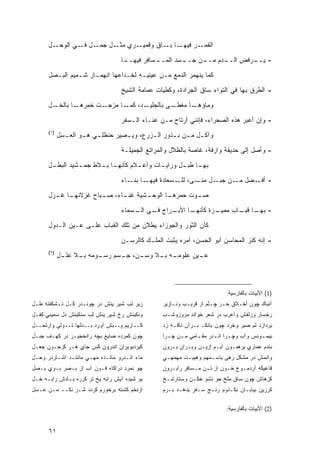 ‫ـل‬‫ـل ـﻲ ﺍﻟﻭﺤـ‬
                ‫ـﺭﻱ ـل ﺠﻤـ ﻓـ‬
                         ‫ﻤﺜـ‬ ‫ـﺭ ﻓ ـﺎ ـﺎﻕ ﻭﻗﻤﻴـ‬
                                      ‫ﺍﻟﻘﻤـ ﻴﻬـ ﺒـ‬

                                   ‫ـﺎ‬
                                    ‫ـﺴﺎﻓﺭ ﻓﻴﻬــ‬
                                              ‫ـﺴﺩ ﺍﻟﻤــ‬
                                                      ‫ـﺩﻡ ـﻥ ﺠــ‬
                                                           ‫- ﻴ ـﺭﻓﺽ ﺍﻟــ ﻤــ‬
                                                                    ‫‪‬ــ ‪ ‬ﹶ ‪‬‬
      ‫ﻜﻤﺎ ﻴﻨﻬﻤﺭ ﺍﻟﺩﻤﻊ ﻤـﻥ ﻋﻴﻨﻴـﻪ ﻟﺨـﺩﺍﻋﻬﺎ ﺍﻨﻬﻤـﺎﺭ ﺸـﻤﻴﻡ ﺍﻟﺒـﺼل‬

                                   ‫- ﺍﻟﻁﺭﻕ ﺒﻬﺎ ﻓﻲ ﺍﻟﺘﻭﺍﺀ ﺴﺎﻕ ﺍﻟﺠﺭﺍﺩﺓ، ﻭﻜﻁﻴﺎﺕ ﻋﻤﺎﻤﺔ ﺍﻟﺸﻴﺦ‬
      ‫ـل‬‫ـﺎ ﺒﺎﻟﺨـ‬‫ـﺕ ﺨﻤﺭﻫـ‬‫ـﺩ، ـﺎ ﻤﺯﺠـ‬
                               ‫ـﻰ ﺒﺎﻟﺠﻠﻴـ ﻜﻤـ‬‫ـﺎ ﻤﻐﻁـ‬‫ﻭﻤﺎﺅﻫـ‬
                                   ‫- ﻭﺇﻥ ﺃﻋﺒﺭ ﻫﺫﻩ ﺍﻟﺼﺤﺭﺍﺀ، ﻓﺈﻨﻨﻲ ﺃﺭﺘﺎﺡ ﻤـﻥ ﻋﻨـﺎﺀ ﺍﻟـﺴﻔﺭ‬
      ‫)١(‬
            ‫ﻭﺁﻜ ـل ﻤ ـﻥ ﺒ ـﺫﻭﺭ ﺍﻟ ـﺯﺭﻉ، ﻭﻴ ـﺼﻴﺭ ﺤﻨﻅﻠ ـﻲ ﻫ ـﻭ ﺍﻟﻌ ـﺴل‬
              ‫ـ‬      ‫ـ ـ‬            ‫ـ‬        ‫ـ‬       ‫ـ ـ ـ‬

                                   ‫- ﻭﺃﺼل ﺇﻟﻰ ﺤﺩﻴﻘﺔ ﻭﺍﺭﻓﺔ، ﻏﺎﺼﺔ ﺒﺎﻟﻅﻼل ﻭﺍﻟﻤﺭﺍﺘﻊ ﺍﻟﺠﻤﻴﻠـﺔ‬
      ‫ﺒﻬ ـﺎ ﻁﺒ ـل ﻭﺭﺍﻴ ـﺎﺕ ﻭﺃﻋ ـﻼﻡ ﻜﺄﻨﻬ ـﺎ ﺒ ـﻼﻁ ﺠﻤ ـﺸﻴﺩ ﺍﻟﺒﻁ ـل‬
       ‫ـ‬         ‫ـ‬      ‫ـ ـ‬           ‫ـ‬       ‫ـ‬       ‫ـ ـ‬
                                   ‫ـﺎ ـﺎﺀ‬
                                      ‫- ـﻀل ـﻥ ـل ـﻰ، ـﺴﻌﺎﺩﺓ ﻓﻴﻬـ ﺒﻨـ‬
                                                     ‫ﻟﻠـ‬ ‫ﻤـ ﺠﺒـ ﻤﻨـ‬ ‫ﺃﻓـ‬
      ‫ـﺎ ـﺯل‬
        ‫ـﺸﻴﺔ ـﺎﺀ، ـﺒﺎﺡ ﻏﺯﻻﻨﻬـ ﻏـ‬
                     ‫ﻏﻨـ ﺼـ‬    ‫ـﻭﺕ ﺤ ـﺎ ﺍﻟﻭﺤـ‬
                                      ‫‪‬ﻤﺭﻫـ‬ ‫ﺼـ‬
                                   ‫ـﺭﺍﺝ ـﻲ ـﺴﻤﺎﺀ‬
                                       ‫ﻓـ ﺍﻟـ‬  ‫ـﺎ ﺍﻷﺒـ‬
                                                     ‫ـﺯﺓ ﻜﺄﻨﻬـ‬
                                                             ‫- ـﺎ ـﺎﺏ ﻤﻤﻴـ‬
                                                                    ‫ﺒﻬـ ﻗﺒـ‬

      ‫ﻜﺄﻥ ﺍﻟﺜﻭﺭ ﻭﺍﻟﺠﻭﺯﺍﺀ ﻴﻁﻼﻥ ﻤﻥ ﺘﻠﻙ ﺍﻟﻘﺒﺎﺏ ﻋﻠـﻰ ﻋـﻴﻥ ﺍﻟـﺩﻭل‬
                                   ‫- ﺇﻨﻪ ﻜﻨﺯ ﺍﻟﻤﺤﺎﺴﻥ ﺃﺒﻭ ﺍﻟﺤﺴﻥ، ﺃﻤﺭﻩ ﻴﺜﺒﺕ ﺍﻟﻤﻠـﻙ ﻜﺎﻟﺭﺴـﻥ‬
      ‫)٢(‬
            ‫ـﻥ، ـﺴﻡ ـﻭﻤﻪ ـﻼ ـل‬
             ‫ﺒـ ﻋﻠـ‬  ‫ـﻪ ـﻼ ﻭﺴـ ﺠـ ﺭﺴـ‬
                                 ‫ـﻴﻥ ﻋﻠﻭﻤـ ﺒـ‬
                                            ‫ﻋـ‬



                                                                           ‫)1( ﺍﻷﺒﻴﺎﺕ ﺒﺎﻟﻔﺎﺭﺴﻴﺔ:‬
‫ﺯﻴﺭ ﻟﺏ ﺸﻴﺭ ﻴﻨﺵ ﺩﺭ ﭽﻭﻨـﺩﺭ ﻜـل ﻨـﺸﻜﻔﺘﻪ ﻁـل‬         ‫ﺁﻨﺒﺎﻙ ﭽﻭﻥ ﺃﺨـﻼﻕ ﺤـﺭ ﭽـﺜﻡ ﺍﺯ ﻗﺭﻴـﺏ ﻭﻨـﺎﺯﻴﺭ‬
‫ﻭﻨﻜﻴﻨﺵ ﺭﺥ ﺸﻴﺭ ﻴﻨﺵ ﻟﺏ ﺴﻨﻜﻴﻨﺵ ﺩل ﺴﻤﻴﻨﻲ ﻜﻔـل‬        ‫ﺭﺨﺴﺎﺭ ﻭﺯﻟﻔﺵ ﻭﺍﻋﺭﺏ ﺩﺭ ﺸﻌﺭ ﺨﻭﺍﻨﺩ ﻤﺭﻭﺯﻭﺸـﺏ‬
‫ﻜــﺎﺭﻴﻡ ﭙــﺒﺵ ﺁﻭﺭﺩ ﺒــﺩﻟﻬﺎ ﺘــﻭﻟﻰ ﻭﺍﺭﺘﺤــل‬       ‫ﺒﺭﺩﺍﺯﺩ ﻟﻡ ﺼﺒﺭ ﻭﺨﺭﺩ ﭽﻭﻥ ﺒﺎﻨﻜـ ﺒـﺭﺁﻥ ﻨﺎﻗـﻪ ﺯﺩ‬
‫ﭽﻭﻥ ﻜﻤﺭﺩﻩ ﻀﺎﻴﻊ ﺒﭽﻪ ﺭﺍﻨﺨﺠﻴـﺭ ﺩﺭ ﻜﻬـﻑ ﺠﺒـل‬         ‫ﺒﻴﻤ ـﻭﻨﺱ ﻭﺁﺏ ﻭﭽ ـﺭﺍ ﺍﻨ ـﺩﺭ ﻤﻘ ـﺎﻤﻲ ﻤ ـﻥ ﭽ ـﺭﺍ‬
                                                   ‫ـ ـ‬         ‫ـ‬      ‫ـ‬      ‫ـ‬           ‫ـ‬
‫ﻜﻴﺭﺩﺒﻭﻴﺭﺍﻥ ﺍﻨﺩﺭﻭﻥ ﻜﺱ ﺠﺎﻱ ﻫـﺭ ﻜﺯﺠـﻭﻥ ﺠﻌـل‬         ‫ﺒﻨﺩﻡ ﻋﻤﺎﺭﻱ ﻴﺭﻫﺒـﻭﻥ ﺁﻴـﻡ ﺍﺯﻴـﻥ ﻭﺒـﺭﺍﻥ ﺒـﺭﻭﻥ‬
‫ﻤﺎﺀ ﺍﻨـﺩﺭﻭ ﻤﺎﻨـﺩﻩ ﻤﻬـﻲ ﻤﺎﻨﺘـﺩ ﺍﺸـﺘﺭﺩﺭ ﻭﺤـل‬       ‫ﻭﺍﻨﻤﺵ ﺩﺭ ﻤﺸﻜل ﺭﻫﻰ ﺒﺎﺴـﻤﻬﻡ ﻭﻫﻴﺒـﺕ ﻤﻬﻤﻬـﻲ‬
‫ﭽﻭ ﻨﻤﺭﺩ ﺩﺭﺍﻜﺎﻩ ﻓـﻭﻥ ﺁﺏ ﺍﺯ ﺒـﺼﺭ ﺒـﻭﻱ ﺒـﺼل‬         ‫ﻗﺎﻋﻴﻜﻪ ﺁﺭﺩﻤـﻭﺝ ﺨـﻭﻥ ﺍﺯ ﺘـﻥ ﻤـﺴﺎﻓﺭ ﺭﺍﺒـﺭﻭﻥ‬
‫ﺒﻭ ﺸﻴﺩﻩ ﺁﻴﺵ ﺭﺍﺒﻪ ﻴﺦ ﺘﺭ ﻜﺭﺭﻩ ﺒـﺎﺩﺵ ﺭﺍﺒـﻪ ﺨـل‬      ‫ﻜﺯﻫﺎﺵ ﭽﻭﻥ ﺴﺎﻕ ﻤﻠﺦ ﺠﻭ ﻨﺸﻭ ﺨﻜـﻥ ﻭﺴﺘﺎﺭﺸـﺦ‬
‫ﺍﺯﻨﺨﻡ ﻜﺸﺘﻪ ﺒﺭﺨﻭﺭﻡ ﻜﺭﺩﺩ ﺸـﺭ ﻨﻜــ ﻤـﻥ ﻋـﺴل‬         ‫ﻜﺭﺯﻴﻥ ﺒﻴﺎﺒـﺎﻥ ﺒﻜـﺫﻭﻡ ﺭﻨـﺞ ﺴـﻔﺭ ﻴﺩﻫـﺩ ﺒـﺭﻡ‬

                                                                           ‫)2( ﺍﻷﺒﻴﺎﺕ ﺒﺎﻟﻔﺎﺭﺴﻴﺔ:‬


      ‫١٦‬
 