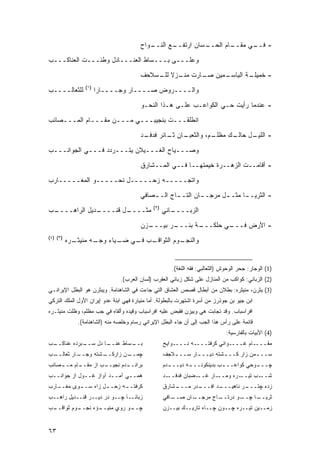 ‫ـﻭﺍﺡ‬
                                           ‫ـﻊ ﺍﻟﻨــ‬
                                                  ‫ـﺴﺎﻥ ﺍﺭﺘﻔــ‬
                                                            ‫ـﺎﻡ ﺍﻟﺤــ‬
                                                                    ‫- ـﻲ ﻤﻘــ‬
                                                                          ‫ﻓــ‬

‫ﻭﻋﻠـــﻰ ﺒـــﺴﺎﻁ ﺍﻟﻌﻨـــﺎﺩل ﻭﻁﺌـــﺕ ﺍﻟﻌﻨﺎﻜـــﺏ‬
                                        ‫ـﻤﻴﻥ ـﺎﺭﺕ ـﺯﻻ ـﺴﻼﺤﻑ‬
                                            ‫ﻤﻨـ ﹰ ﻟﻠـ‬ ‫ﺼـ‬  ‫ـﺔ ﺍﻟﻴﺎﺴـ‬
                                                                  ‫- ﺨﻤﻴﻠـ‬
                ‫)١(‬
‫ﻟﻠﺜﻌﺎﻟــــﺏ‬           ‫ﻭﺍﻟــــﺭﻭﺽ ﺼــــﺎﺭ ﻭﺠــــﺎﺭﺍ‬
                       ‫‪‬‬
                                        ‫- ﻋﻨﺩﻤﺎ ﺭﺃﻴﺕ ﺤـﻲ ﺍﻟﻜﻭﺍﻋـﺏ ﻋﻠـﻰ ﻫـﺫﺍ ﺍﻟﻨﺤـﻭ‬
‫ﺍﻨﻁﻠﻘـــﺕ ﺒﻨﺠﻴﺒـــﻲ ﻤـــﻥ ﻤﻘـــﺎﻡ ﺍﻟﻤـــﺼﺎﺌﺏ‬

                                        ‫ـﺩ‬
                                         ‫ـﺎﻥ ـﺎﺌﺭ ﻓﺩﻓـ‬
                                                 ‫ـﻡ، ﻭﺍﻟﺜﻌﺒـ ﺜـ‬
                                                              ‫ـﻙ ﻤﻅﻠـ‬
                                                                    ‫ـل ﺤﺎﻟـ‬
                                                                          ‫- ﺍﻟﻠﻴـ‬

‫ﻭﺼـــﻴﺎﺡ ﺍﻟﻐـــﻴﻼﻥ ﻴﺘـــﺭﺩﺩ ﻓـــﻲ ﺍﻟﺠﻭﺍﻨـــﺏ‬
                                        ‫- ﺃﻗﺎﻤــﺕ ﺍﻟﺯﻫــﺭﺓ ﺨﻴﻤﺘﻬــﺎ ﻓــﻲ ﺍﻟﻤــﺸﺎﺭﻕ‬
‫ﻭﺍﺘﺠـــــﻪ ﺯﺤـــــل ﻨﺤـــــﻭ ﺍﻟﻤﻐـــــﺎﺭﺏ‬
                                        ‫- ﺍﻟﺜﺭﻴـ ـﺎ ﻤﺜـ ـل ﻤﺭﺠـ ـﺎﻥ ﺍﻟﺘـ ـﺎﺝ ﺍﻟـ ـﺼﺎﻓﻲ‬
                                            ‫ـ‬       ‫ـ‬        ‫ـ‬       ‫ـ‬      ‫ـ‬
                                             ‫)٢(‬
‫ـﺏ‬
 ‫ـﺩﻴل ﺍﻟﺭﺍﻫــــ‬
              ‫ـل ﻗﻨــــ‬
                      ‫ﻤﺜــــ‬                       ‫ـﺎﻨﻲ‬
                                                      ‫ﺍﻟﺯﺒــــ‬

                                        ‫ـﺯﻥ‬
                                          ‫ـﺭ ﺒﻴـــ‬
                                                 ‫ـﺔ ﺒﺌـــ‬
                                                        ‫ـﻲ ﺤﻠﻜـــ‬
                                                                ‫- ﺍﻷﺭﺽ ﻓـــ‬
‫)٣( )٤(‬
          ‫ـﺭﻩ‬
            ‫ـﻪ ﻤﻨﻴﺜـ‬
                   ‫ـﺏ ـﻲ ـﻴﺎﺀ ﻭﺠـ‬
                          ‫ـﻭﻡ ﺍﻟﺜﻭﺍﻗـ ﻓـ ﻀـ‬
                                          ‫ﻭﺍﻟﻨﺠـ‬


                                                      ‫)1( ﺍﻟﻭﺠﺎﺭ: ﺠﺤﺭ ﺍﻟﻭﺤﻭﺵ )ﺍﻟﺜﻌﺎﻟﺒﻲ: ﻓﻘﻪ ﺍﻟﻠﻐﺔ(.‬
                               ‫)2( ﺍﻟﺯﺒﺎﻨﻲ: ﻜﻭﺍﻜﺏ ﻤﻥ ﺍﻟﻤﻨﺎﺯل ﻋﻠﻰ ﺸﻜل ‪‬ﺒﺎﻨﻲ ﺍﻟﻌﻘﺭﺏ )ﻟﺴﺎﻥ ﺍﻟﻌﺭﺏ(.‬
                                                        ‫ﺯ‬
‫)3( ﻴﺜﺭﻥ، ﻤﻨﻴﺜﺭﻩ: ﺒﻁﻼﻥ ﻤﻥ ﺃﺒﻁﺎل ﻗﺼﺹ ﺍﻟﻌﺸﺎﻕ ﺍﻟﺘﻲ ﺠﺎﺀﺕ ﻓﻲ ﺍﻟﺸﺎﻫﻨﺎﻤﺔ. ﻭﻴﺒﺜﺭﻥ ﻫﻭ ﺍﻟﺒﻁل ﺍﻹﻴﺭﺍﻨـﻲ‬
‫ﺍﺒﻥ ﺠﻴﻭ ﺒﻥ ﺠﻭﺫﺭﺯ ﻤﻥ ﺃﺴﺭﺓ ﺍﺸﺘﻬﺭﺕ ﺒﺎﻟﺒﻁﻭﻟﺔ. ﺃﻤﺎ ﻤﻨﻴﺎﺭﺓ ﻓﻬﻲ ﺍﺒﻨﺔ ﻋﺩﻭ ﺇﻴﺭﺍﻥ ﺍﻷﻭل ﺍﻟﻤﻠﻙ ﺍﻟﺘﺭﻜﻲ‬
‫ﺍﻓﺭﺍﺴﺒﺎﺏ. ﻭﻗﺩ ﺘﺠﺎﺒﺕ ﻫﻲ ﻭﺒﻴﺯﻥ ﻓﻘﺒﺽ ﻋﻠﻴﻪ ﺍﻓﺭﺍﺴﻴﺎﺏ ﻭﻗﻴﺩﻩ ﻭﺃﻟﻘﺎﻩ ﻓﻲ ﺠﺏ ﻤﻅﻠﻡ، ﻭﻅﻠﺕ ﻤﻨﻴﺜـﺭﻩ‬
             ‫ﻗﺎﺌﻤﺔ ﻋﻠﻰ ﺭﺃﺱ ﻫﺫﺍ ﺍﻟﺠﺏ ﺇﻟﻰ ﺃﻥ ﺠﺎﺀ ﺍﻟﺒﻁل ﺍﻹﻴﺭﺍﻨﻲ ﺭﺴﺎﻡ ﻭﺨﻠﺼﻪ ﻤﻨﻪ )ﺍﻟﺸﺎﻫﻨﺎﻤﺔ(.‬
                                                                              ‫)4( ﺍﻷﺒﻴﺎﺕ ﺒﺎﻟﻔﺎﺭﺴﻴﺔ:‬
‫ـﺏ‬
 ‫ـﺒﺭﺩﻩ ﻋﻨﺎﻜــ‬
            ‫ـﺎ ﺩل ﺴــ‬
                    ‫ـﺴﺎﻁ ﻋﻨــ‬
                            ‫ﺒــ‬                    ‫ﻤﻘــــﺎﻡ ﻏــــﻭﺍﻨﻲ ﻜﺭﻓﺘــــﻪ ﻨــــﻭﺍﻴﺢ‬
‫ـﺏ‬
 ‫ـﺎﺭ ﺜﻌﺎﻟــ‬
          ‫ـﺸﺘﻪ ﻭﺠــ‬
                  ‫ـﻥ ﺯﺍﺭﻜــ‬
                          ‫ﭽﻤــ‬                     ‫ﺴــ ـﻤﻥ ﺯﺍﺭ ﻜــ ـﺸﺘﻪ ﺩﻴــ ـﺎﺭ ﺴــ ـﻼﺠﻑ‬
                                                      ‫ـ‬       ‫ـ‬         ‫ـ‬           ‫ـ‬
‫ـﺎﻡ ـﺼﺎﺌﺏ‬
    ‫ـﺏ ﺍﺯ ﻤﻘــ ﻤــ‬
                 ‫ـﺩﻡ ﻨﺠﻴــ‬
                         ‫ﺒﺭﺍﻨــ‬                    ‫ـﺩﻡ‬
                                                     ‫ﭽــ ـﻭﺤﻲ ﻜﻭﺍﻋــ ـﺏ ﺒﺩﻴﻨﻜﻭﻨــ ـﻪ ﺩﻴـــ‬
                                                            ‫ـ‬            ‫ـ‬           ‫ـ‬
‫ﻫﻤــﻲ ﺁﻤــﺩ ﺁﻭﺍﺯ ﻏــﻭل ﺍﺯ ﺠﻭﺍﻨــﺏ‬                  ‫ـﺩ‬‫ـﻀﺒﺎﻥ ﻓﺩﻓــ‬‫ـﺎﺭ ﻏــ‬‫ـﺭﻩ ﻭﻤــ‬‫ـﺏ ﺘﻴــ‬‫ﺸــ‬
‫ـﺎﺭﺏ‬
   ‫ـﻭﻯ ﻤﻐــ‬
          ‫ـل ﺯﺍﻩ ﺴــ‬
                   ‫ـﻪ ﺯﺤــ‬
                         ‫ﻜﺭﻓﺘــ‬                    ‫ـﺸﺎﺭﻕ‬
                                                       ‫ـﺩﺭ ﻤـــ‬
                                                              ‫ـﺩ ﺍﻓـــ‬
                                                                     ‫ـﺭ ﻨﺎﻫﻴـــ‬
                                                                              ‫ﺯﺩﻩ ﭽﺘـــ‬
‫ﺯﺒﺎﻨــﺎ ﭽــﻭ ﺩﺭ ﺩﻴــﺭ ﻗﻨــﺩﻴل ﺭﺍﻫــﺏ‬               ‫ـﺎﻓﻲ‬
                                                      ‫ـﺎﻥ ﺼــ‬
                                                            ‫ـﺎﺝ ﻤﺭﺠــ‬
                                                                    ‫ـﻭ ﺩﺭﺘــ‬
                                                                           ‫ـﺎ ﭽــ‬
                                                                                ‫ﺜﺭﻴــ‬
‫ـﺏ‬
 ‫ـﻭﻡ ﺜﻭﺍﻗــ‬
          ‫ـﺅﻩ ﻨﺠــ‬
                 ‫ـﻭ ﺭﻭﻱ ﻤﻨﻴــ‬
                            ‫ﭽــ‬                    ‫ﺯﻤــﻴﻥ ﺘﻴــﺭﻩ ﭽــﻭﻥ ﭽــﺎﻩ ﺘﺎﺭﻴــﻙ ﺒﻴــﺯﻥ‬


‫٣٦‬
 