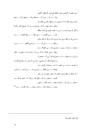 ‫- ﻤﻥ ﺍﺤﻤﺭﺍﺭ ﺍﻟﺸﻤﺱ ﺼﺎﺭ ﺍﻟﻌﺎﻟﻡ ﻓﻲ ﻟﻭﻥ ﺍﻟﺯﻨﺠﻔﺭ ﺍﻷﺤﻤﺭ‬

‫ﻭﻗـــﺩ ﻏـــﺭﺏ ﺍﻟـــﺴﻤﺎﻙ ﻭﺍﻟـــﺴﻬﻴل ﻭﺍﻟـــﺴﻬﺎ‬
                             ‫ـل‬
                              ‫ـﺔ ـﺸﺭﻕ ـﺭﺍﺩﻗﻬﺎ ـﻰ ﺍﻟﺠﺒـ‬
                                     ‫ﻋﻠـ‬     ‫ﺴـ‬   ‫- ـﺭﺒﺕ ﻤﻠﻜـ ﺍﻟـ‬
                                                              ‫ﻀـ‬

‫ﻭﺘﻨﻔــﺴﺕ ﻨﺠﻤــﺔ ﺍﻟــﺼﺒﺎﺡ ﻤــﻥ ﺍﻟــﺼﺒﺢ ﺍﻟﻜــﺎﺫﺏ؟‬
                             ‫- ﻜﺄﻥ ﻫـﺯﻴﻡ ﺍﻟﺭﻋـﺩ ﻤـﻥ ﺴـﺤﺎﺏ ﺍﻟﺭﺒﻴـﻊ ﺍﻟﻤﺘـﺴﺎﻗﻁ‬
‫ـﺏ‬‫ـﻴﻁ ﺍﻟﻨﺠﺎﺌــــ‬‫ـﻕ ﻏﻁــــ‬‫ـﻰ ﺍﻟﻁﺭﻴــــ‬‫ﻋﻠــــ‬

                             ‫- ـﻲ ـل ـﺭﻕ ـﺩﺭﻭﺏ ـﻭﺍﻙ ﺃﻡ ـﻴﻼﻥ‬
                                ‫ﺍﻟﻔـ‬    ‫ﺃﺸـ‬   ‫ﻭﺍﻟـ‬ ‫ﻓـ ﻜـ ﺍﻟﻁـ‬

‫ـﺎﺭﺏ‬‫ـﻭﺍﺩﻱ ﻜﺎﻟﻌﻘــــــ‬‫ـﺎﻥ ﺍﻟــــــ‬‫ﻭﻋﻘﺒــــــ‬
                             ‫ـل‬‫ـﻰ ﺍﻟﻘﻭﺍﻓــ‬‫ـﺼﺭﻱ ﻋﻠــ‬‫ـﻊ ﺒــ‬‫ـﺫ ﻭﻗــ‬
                                                              ‫- ﺤﻴﻨﺌــ ٍ‬
‫ﻭﺠﻔــﻭﻨﻲ ﻏﺎﺭﻗــﺔ ﻓــﻲ ﺍﻟــﺩﻤﺎﺀ ﻭﺍﻟــﺩﻤﻊ ﺴــﺎﻜﺏ‬
                             ‫- ﻭﺭﺃﻴـ ـﺕ ﺨﻴﺎ ‪‬ـ ـﺎ ﻤـ ـﻀﺭﻭﺒﺔ ﻓـ ـﻲ ﺍﻟـ ـﺼﺤﺭﺍﺀ‬
                                  ‫ـ‬      ‫ـ‬         ‫ـ‬     ‫ﻤ ـ‬       ‫ـ‬
‫ﻤ ـﻀﻴﺌﺔ ﻤﺜﻠﻤ ـﺎ ﻴ ـﻀﻲﺀ – ﻓ ـﻲ ﺍﻟ ـﺩﻴﺭ- ﻤ ـﺼﺒﺎﺡ ﺜﺎﻗ ـﺏ‬
 ‫ـ‬         ‫ـ‬       ‫ـ ـ‬            ‫ـ ـ‬             ‫ـ‬

                             ‫- ﻭﺨﺭﺠــﺕ ﻤــﻥ ﺨﻴﻤــﺔ ﺤــﺴﻨﺎﻭﺍﺕ ﺍﻟﻭﺠـ ـﻭﻩ‬
                               ‫ـ‬             ‫ـ‬    ‫ـ‬      ‫ـ‬    ‫ـ‬
‫ـﺸﺎﺭﺏ‬‫ـﻭل ﺍﻟﻤـــ‬‫ـﺎﻭﻭﺱ ﺤـــ‬‫ـﺭﻥ ﻜﺎﻟﻁـــ‬‫ﻴﺘﺒﺨﺘـــ‬

                             ‫ـﺩ ـﺎﺤﺭ‬
                                ‫- ـﺸﻔﺔ ـﺎﻗﻭﺕ ـﺎﺤﻙ، ـﺸﻌﺭ ﻤﺠﻌـ ﺴـ‬
                                           ‫ﺍﻟـ‬   ‫ﻀـ‬    ‫ﻴـ‬   ‫ﺍﻟـ‬
‫ﺍﻟﻭﺠــﻪ ﺠﻤﻴــل ﻤﺘــﺄﻟﻕ ﺃﻁــﺭﺍﻑ ﺍﻟــﺸﻌﺭ ﻟﻭﺍﻋــﺏ‬
                             ‫- ﻤﻌﺘﺒـــﺭﺍﺕ ﺍﻟـــﺫﻭﺍﺌﺏ ﻤﻌﻘـــﺩﺍﺕ ﺍﻟﻌﻘـــﺎﺌﺹ‬
‫)١(‬
      ‫ـﺏ‬
       ‫ـﺎﺕ ﺍﻟﺘﺭﺍﺌـــ‬
                   ‫ـﺩﺍﺌﺭ، ﻤﺯﻴﻨـــ‬
                                ‫ـﺴﻼﺕ ﺍﻟﻐـــ‬
                                          ‫ﻤﺴﻠـــ‬




                                                              ‫)1( ﺍﻷﺒﻴﺎﺕ ﺒﺎﻟﻔﺎﺭﺴﻴﺔ:‬


‫٤٦‬
 