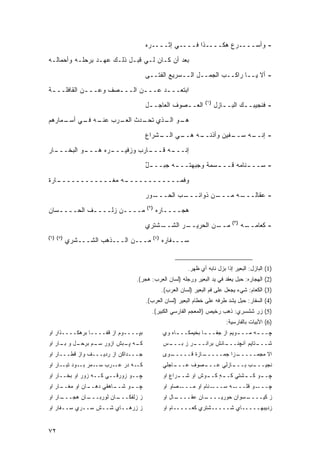 ‫- ﻭﺃﺴــــﺭﻉ ﻫﻜــــﺫﺍ ﻓــــﻲ ﺇﺜــــﺭﻩ‬

‫ﺒﻌﺩ ﺃﻥ ﻜـﺎﻥ ﻟـﻲ ﻗﺒـل ﺫﻟـﻙ ﻋﻬـﺩ ﺒﺭﺤﻠـﻪ ﻭﺃﺤﻤﺎﻟـﻪ‬
                                     ‫- ﺃﻻ ﻴــﺎ ﺭﺍﻜــﺏ ﺍﻟﺠﻤــل ﺍﻟــﺴﺭﻴﻊ ﺍﻟﻔﺘــﻰ‬

‫ﺍﺒﺘﻌــ ـﺩ ﻋــ ـﻥ ﺍﻟــ ـﺼﻑ ﻭﻋــ ـﻥ ﺍﻟﻘﺎﻓﻠــ ـﺔ‬
 ‫ـ‬           ‫ـ‬        ‫ـ‬       ‫ـ‬      ‫ـ‬
                                                                    ‫)١(‬
                                     ‫ﺍﻟﻌـ ـﺼﻭﻑ ﺍﻟﻌﺎﺠـ ـل‬
                                      ‫ـ‬           ‫ـ‬                       ‫- ﻓﻨﺠﻴﺒـ ـﻙ ﺍﻟﺒـ ـﺎﺯل‬
                                                                             ‫ـ‬       ‫ـ‬
‫ـﻭ ـﺫﻱ ـﺩﺙ ـﺭﺏ ـﻪ ـﻲ ـﻤﺎﺭﻫﻡ‬
     ‫ﻋﻨـ ﻓـ ﺃﺴـ‬ ‫ﺍﻟﻌـ‬ ‫ﺘﺤـ‬ ‫ﻫـ ﺍﻟـ‬

                                     ‫ـﺸﺭﺍﻉ‬
                                         ‫ـﻲ ﺍﻟــ‬
                                               ‫ـﻪ ﻫــ‬
                                                    ‫ـﻔﻴﻥ ﻭﺃﺫﻨــ‬
                                                              ‫ـﻪ ﺴــ‬
                                                                   ‫- ﺇﻨــ‬

‫ـﺎﺭ‬
  ‫ـﻭ ﺍﻟﺒﺨـــ‬
           ‫ـﺭﻩ ﻫـــ‬
                  ‫ـﺎﺭﺏ ﻭﺯﻓﻴـــ‬
                             ‫ـﻪ ﻗـــ‬
                                   ‫ﺇﻨـــ‬
                                     ‫- ﺴــ ـﻨﺎﻤﻪ ﻗــ ـﺴﻤﺔ ﻭﺠﺒﻬﺘــ ـﻪ ﺠﺒــ ـل‬
                                     ‫ٌ‬        ‫ـ‬            ‫ـ‬         ‫ـ‬
‫ـﺎﺭﺓ‬
   ‫ـﻪ ﻤﻐــــــــــــ‬
                   ‫ﻭﻓﻤــــــــــــ‬
                                     ‫ـﻭﺭ‬
                                       ‫ـﺏ ﺍﻟﺤـــ‬
                                               ‫ـﻥ ﺫﻭﺍﺌـــ‬
                                                        ‫ـﻪ ﻤـــ‬
                                                              ‫- ﻋﻘﺎﻟـــ‬
                                     ‫)٢(‬
‫ﻤــــﻥ ﺯﻟــــﻑ ﺍﻟﺤــــﺴﺎﻥ‬
   ‫ـ‬        ‫ـ‬       ‫ـ‬                       ‫ﻫﺠــــﺎﺭﻩ‬
                                               ‫ـ‬
                                                                                ‫)٣(‬
                                     ‫ـﺸﺘﺭﻱ‬
                                         ‫ـﺭ ﺍﻟﺸــ‬
                                                ‫ـﻥ ﺍﻟﺤﺭﻴــ‬
                                                         ‫ﻤــ‬                          ‫ـﻪ‬
                                                                                       ‫- ﻜﻌﺎﻤــ‬
‫)٥( )٦(‬                                    ‫)٤(‬
          ‫ﻤـــﻥ ﺍﻟـــﺫﻫﺏ ﺍﻟﺸـــﺸﺭﻱ‬               ‫ﺴـــﻔﺎﺭﻩ‬


                                                            ‫)1( ﺍﻟﺒﺎﺯل: ﺍﻟﺒﻌﻴﺭ ﺇﺫﺍ ﺒﺯل ﻨﺎﺒﻪ ﺃﻱ ﻅﻬﺭ.‬
                               ‫)2( ﺍﻟﻬﺠﺎﺭﻩ: ﺤﺒل ﻴﻌﻘﺩ ﻓﻲ ﻴﺩ ﺍﻟﺒﻌﻴﺭ ﻭﺭﺠﻠﻪ )ﻟﺴﺎﻥ ﺍﻟﻌﺭﺏ: ﻫﺠﺭ(.‬
                                                 ‫)3( ﺍﻟﻜﻌﺎﻡ: ﺸﻲﺀ ﻴﺠﻌل ﻋﻠﻰ ﻓﻡ ﺍﻟﺒﻌﻴﺭ )ﻟﺴﺎﻥ ﺍﻟﻌﺭﺏ(.‬
                                     ‫)4( ﺍﻟﺴﻔﺎﺭ: ﺤﺒل ﻴﺸﺩ ﻁﺭﻓﻪ ﻋﻠﻰ ﺨﻁﺎﻡ ﺍﻟﺒﻌﻴﺭ )ﻟﺴﺎﻥ ﺍﻟﻌﺭﺏ(.‬
                                       ‫)5( ﺯﺭ ﺸﺸﺴﺭﻱ: ﺫﻫﺏ ﺭﺨﻴﺹ )ﺍﻟﻤﻌﺠﻡ ﺍﻟﻔﺎﺭﺴﻲ ﺍﻟﻜﺒﻴﺭ(.‬
                                                                              ‫)6( ﺍﻷﺒﻴﺎﺕ ﺒﺎﻟﻔﺎﺭﺴﻴﺔ:‬
‫ﺒﭙــــﻭﻡ ﺍﺯ ﻗﻔــــﺎ ﺒﺭﻫﻜــــﺫﺍﺭ ﺍﻭ‬               ‫ﭽــ ـﻪ ﻤــ ـﻭﻴﻡ ﺍﺯ ﺠﻔــ ـﺎ ﺒﺨﻴﻤﻜــ ـﺎﻩ ﻭﻱ‬
                                                      ‫ـ‬          ‫ـ‬            ‫ـ‬      ‫ـ‬
‫ـل ﻭ ـﺎﺭ ﺍﻭ‬
     ‫ﺒـ‬   ‫ـﻪ ـﺒﺵ ﺍﺯﻭﺭ ـﻡ ﺒﺭﺤـ‬
                ‫ﺴـ‬       ‫ﻜـ ﭙـ‬                   ‫ـﺱ‬
                                                  ‫ـﺭ ﺯ ﺒـــ‬
                                                          ‫ـﺎﻨﺵ ﺒﺭﺍﻨـــ‬
                                                                     ‫ـﺘﺎﻴﻡ ﺁﻨﭽﻨـــ‬
                                                                                 ‫ﺸـــ‬
‫ﺠـــﺩﺍﻜﻥ ﺍﺯ ﺭﺩﻴـــﻑ ﻭﺍﺯ ﻗﻁـــﺎﺭ ﺍﻭ‬               ‫ـﻭﻯ‬
                                                   ‫ـﺎﺯﺓ ﻗـــــ‬
                                                             ‫ـﺯﺍ ﺠﻤـــــ‬
                                                                       ‫ﺍﻻ ﻤﺠﻤـــــ‬
‫ـﻪ ﺩﺭ ـﺭﺏ ـﻤﺭ ـﻭﺩ ـﺎﺭ ﺍﻭ‬
      ‫ﺘﺒـ‬ ‫ﺒـ‬  ‫ﺴـ‬  ‫ﻋـ‬    ‫ﻜـ‬                       ‫ـﺎﺠﻠﻲ‬
                                                     ‫ـﺼﻭﻑ ﻋـــ‬
                                                             ‫ـﺎﺯﻟﻲ ﻋـــ‬
                                                                      ‫ـﺏ ﺒـــ‬
                                                                            ‫ﻨﺠﻴـــ‬
‫ﭽــﻭ ﺯﻭﺭﻗــﻲ ﻜــﻪ ﺯﻭﺭ ﺍﻭ ﺒﺨــﺎﺭ ﺍﻭ‬               ‫ـﺭﺍﻉ ﺍﻭ‬
                                                       ‫ـﻭ ـﺸﺘﻲ ـﻪ ـﻭﺵ ﺍﻭ ﺸــ‬
                                                                ‫ﻜــ ٍ ﻜــ‬ ‫ﭽــ ﻜــ‬
‫ـﺎﺭ ﺍﻭ‬
     ‫ـﺎﻥ ﺍﻭ ﻤﻐــ‬
               ‫ـﺎﻫﻘﻲ ﺩﻫــ‬
                        ‫ـﻭ ﺸــ‬
                             ‫ﭽــ‬                 ‫ـﺼﺎﻭ ﺍﻭ‬‫ـﻨﺎﻡ ﺍﻭ ﻤـــ‬‫ـﻪ ﺴـــ‬‫ـﻭ ﻗﻠـــ‬‫ﭽـــ‬
‫ـﺎﺭ ﺍﻭ‬
     ‫ـﺎﻥ ﻫﺠـــ‬
             ‫ـﺎﻥ ﻟﻭﺭﺒـــ‬
                       ‫ﺯ ﺯﻟﻔﻜـــ‬                 ‫ـﺎل ﺍﻭ‬
                                                      ‫ـﺎﻥ ﻋﻘــــ‬
                                                               ‫ـﺴﻭﺍﻥ ﺤﻭﺭﻴــــ‬
                                                                            ‫ﺯ ﻜﻴــــ‬
‫ﺯ ﺯﺭﻫــﺎﻱ ﺸــﺵ ﺴــﺭﻱ ﺴــﻔﺎﺭ ﺍﻭ‬                   ‫ﺯﺩﻴﺒﻬـــــﺎﻱ ﺸـــــﺸﺘﺭﻱ ﻜﻌـــــﺎﻡ ﺍﻭ‬


‫٢٧‬
 