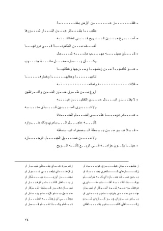 ‫ـﺔ‬
                        ‫ـﻥ ﺍﻷﺭﺽ ﺒﺨﻔـــــــ‬
                                         ‫ـﺯ ﻋـــــــ‬
                                                   ‫- ﻓﻘﻔـــــــ‬

‫ﻤﺜﻠﻤــ ـﺎ ﻴﺘﻨــ ـﺎﺜﺭ ﻋــ ـﻥ ﺍﻟﻨــ ـﺎﺭ ﺸــ ـﺭﺭﻫﺎ‬
    ‫ـ‬       ‫ـ‬        ‫ـ‬        ‫ـ‬        ‫ـ‬
                       ‫- ﺃﺴــــﺭﻉ ﻤــــﻥ ﺍﻟــــﺭﻴﺢ ﻓــــﻲ ﺍﻨﻁﻼﻗــــﻪ‬

‫ﺃﺨـــﻑ ﻤـــﻥ ﺍﻟﻁﺎﺤﻭﻨـــﺔ ﻓـــﻲ ﺩﻭﺭﺍﻨﻬـــﺎ‬
                       ‫- ﻜــــﺄﻥ ﻴﻤﻴﻨــــﻪ ﻤﻬــــﺏ ﻤﺎﺌــــﻪ ﺸــــﻤﺎل‬
‫ﻭﻜـــﺄﻥ ﻴـــﺴﺎﺭﻩ ﻤﺤـــل ﻤﺎﺌـــﺔ ﺠﻨـــﻭﺏ‬
  ‫ـ‬      ‫ـ‬       ‫ـ‬         ‫ـ‬      ‫ـ‬

                       ‫- ﻫــﻭ ﻜﺎﻟﺩﻤﻴــﺔ ﻤــﻥ ﺯﻤﺎﻤﻬــﺎ ﻭﺴــﺭﺠﻬﺎ ﻭﻏﻁﺎﺌﻬــﺎ‬

‫ﻟﺌﺎﻤﻬــــــﺎ ﻭﺤﻘﺎﺒﻬــــــﺎ ﻭﺨﻤﺎﺭﻫــــــﺎ‬
                       ‫- ﻗﻼﺩﺘـــــــــــــﻪ ﻭﺘﻤﺎﺌﻤـــــــــــــﻪ‬
‫ـﺭﺍﻁﻬﻥ‬
     ‫ـﻴﻥ ﻭﺃﻗــ‬
             ‫ـﻭﺭ ﺍﻟﻌــ‬
                     ‫ـﻭﻕ ﺤــ‬
                           ‫ﺃﺭﻭﻉ ـﻥ ﻁــ‬
                                ‫ﻤــ‬
                       ‫- ﻻ ﻴﻔﺘــــﺭ ﺍﻟﺒــــﺎل ﻋــــﻥ ﺍﻟﺘﻔﻜﻴــــﺭ ﻓﻴــــﻪ‬
‫ـﻪ‬‫ـﺫﻯ ﻤﻨــــ‬‫ـﻴﻥ ﻗــــ‬‫ـﺭﻯ ﺍﻟﻌــــ‬‫ﻭﻻ ﺘــــ‬

                       ‫- ﻫــــﺎﺩﺭ ﺩﻭ ‪‬ــــﺎ ﻋﻠــــﻰ ﺃﻨﻐــــﺎﻡ ﺍﻟﺤــــﺩﺍﺓ‬
                                                         ‫ﻤ‬
‫ـﻭﺍﺭﻩ‬
    ‫ـﺴﺎﻤﺭﻱ ﻭﺫﺍﻙ ﺨـــ‬
                   ‫ـل ﺍﻟـــ‬
                          ‫ـﻪ ﻋﺎﺠـــ‬
                                  ‫ﻜﺄﻨـــ‬

                       ‫ـﺴﺎﻁﻪ‬
                           ‫ـﺼﺤﺭﺍﺀ ﺍﻨﺒــ‬
                                      ‫ـﻥ ـﺴﻁﺔ ﺍﻟــ‬
                                              ‫ـﻭ ﻤــ ﺒــ‬
                                                       ‫- ـﻼ ﻫــ‬
                                                            ‫ﻓــ‬
‫ﻭﻻ ﻤــــﻥ ﻀــــﻴﻕ ﺍﻟﺠﺒــــل ﺍﻨﺯﺠــــﺎﺭﻩ‬
                       ‫- ﺤﻴ ﹰــﺎ ﻴﻜــﻭﻥ ﺤﺯﺍﻤــﻪ ﻓــﻲ ﺍﻟﺭﺒــﻊ ﻜﺄﻨــﻪ ﺍﻟــﺭﻴﺢ‬
                                                                     ‫ﻨ‬




‫ـﺎﺭ ﺍﻭ‬‫ـﺩﻟﻰ ﻤﻬــ‬‫ـﺎﻱ ﻤﺘــ‬‫ـﻭﺩ ﻫــ‬‫ﺯﻋــ‬     ‫ـﺩ ﺍﻭ‬‫ـﺭﻱ ﻫﻭﻴــــ‬‫ـﺎﻱ ﻋﺒﻘــــ‬‫ﺯ ﺠﺎﻤﻬــــ‬
‫ﺯ ﻗﺯﻫــــﺎﻱ ﺩﻴﻠﻤــــﻲ ﻨــــﻭﺍﺭ ﺍﻭ‬      ‫ـﺎﺩ ﺍﻭ‬‫ـﺸﻤﺭﻱ ﺒﺠــــ‬‫ـﺎﺭﻫﺎﻱ ﻜــــ‬‫ﺯﺸــــ‬
‫ﻤﺠﻤــــﺯ ﺁﻭﺭﻴــــﺩ ﺒﻴــــﺸﻜﺎﺭ ﺍﻭ‬       ‫ﺒــﺩﻴﻥ ﺼــﻔﺕ ﺠﻤــﺎﺯﻩ ﺃﻱ ﻜــﻪ ﺨﻭﺍﺴــﺘﻡ‬
                                         ‫ـ‬       ‫ـ‬         ‫ـ‬      ‫ـ‬      ‫ـ‬
‫ﺯ ﺒــ ـﺎﺨﺘﺭ ﻜﺫﺸــ ـﺕ ﻭ ﻜﻭﻫــ ـﺎﺭ ﺍﻭ‬
     ‫ـ‬          ‫ـ‬           ‫ـ‬          ‫ـﺎﻭﺭﻱ‬‫ـﺎﺏ ﺨـــ‬‫ـﻪ ﺁﻓﺘـــ‬‫ـﺕ ﺁﻨﻜـــ‬‫ﺒﻭﻗـــ‬
‫ـﻜﺎﺭ ﺍﻭ‬‫ـﺸﺕ ﺁﺸــ‬‫ـﺭ ﻜــ‬‫ـﺎﻥ ﺩﻫــ‬‫ﻨﻬــ‬      ‫ـﺎﻥ‬
                                         ‫ـﻜﺎﺭ ﺍﻭ ﻨﻬــ‬
                                                    ‫ـﺩ ﺁﺸــ‬
                                                          ‫ـﻪ ﺸــ‬
                                                               ‫ـﻪ ﻤــ‬
                                                                    ‫ﺩﻭﻫﻔﺘــ‬
‫ﺴـــﺒﻕ ﺒـــﺩﻭ ﻜﺯﺒـــﺩﻡ ﻭﺒـــﺩﺍﺭ ﺍﻭ‬     ‫ـﺩﻭﺭ ﺍﻭ‬
                                             ‫ـﺩﻡ ﻭ ﺒـــ‬
                                                      ‫ـﻴﺭ ﺒﺩﺭﺩﻴـــ‬
                                                                 ‫ـﻭ ﺴـــ‬
                                                                       ‫ﭽـــ‬
‫ـﺎﺭ ﺍﻭ‬
     ‫ـﻪ ﺍﺨﺘﻴـــ‬
              ‫ـﻲ ﺁﻥ ﺯﺠﻤﻠـــ‬
                          ‫ﺒﺠﻤﻠـــ‬      ‫ـﺩﻡ‬
                                         ‫ـﺎﺭﻭﺍﻥ ﺸــ‬
                                                  ‫ـﻭ ﻜــ‬
                                                       ‫ـﺎﺭﻭﺍﻥ ﭽــ‬
                                                                ‫ـﺎﻤﺭ ﺴــ‬
                                                                       ‫ﺒــ‬
‫ﺘـــﺸﺘﻡ ﻭﻜـــﺫﺍ ﺸـــﺘﻡ ﻓـــﺴﺎﺭ ﺍﻭ‬      ‫ﺯﻜـــــﺎﻫﻠﻲ ﻜﺫﺸـــــﺘﻡ ﻭ ﺒﻜـــــﺎﻫﻠﺵ‬



‫٤٧‬
 